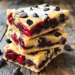 - 1 cup rolled oats - 1/2 cup all-purpose flour - 1/4 cup almond meal - 1/2 cup brown sugar - 1/4 cup honey or maple syrup - 1/2 cup coconut oil, melted - 1 teaspoon vanilla extract - 1/2 teaspoon baking powder - 1/4 teaspoon salt - 1 cup fresh or frozen cherries, pitted and halved - 1/2 cup dark chocolate chips When I make Cherry Chocolate Chip Breakfast Bars, I love the blend of flavors. Each bite is a mix of tart cherries and rich chocolate. You can switch some ingredients to fit your diet. For a gluten-free option, use almond flour instead of all-purpose flour. If you're looking for lower sugar, try using a sugar substitute that measures like brown sugar. - Use almond flour or oat flour for gluten-free bars. - Maple syrup can replace honey if you prefer it. - Instead of coconut oil, use olive oil or melted butter. Choosing fresh ingredients makes a big difference. Look for bright red cherries that are firm and plump. If you pick frozen cherries, ensure they are unsweetened. For chocolate, select dark chocolate with a high cocoa content. The better the chocolate, the better your bars will taste. Now that you have the ingredients, you're on your way to making delicious Cherry Chocolate Chip Breakfast Bars. For the full recipe, check out the complete guide I’ve put together! First, you need to preheat your oven to 350°F (175°C). This helps your bars bake evenly. Next, take an 8x8 inch baking pan and line it with parchment paper. Leave some overhang on the sides. This makes it easy to lift the bars out once they cool. In a large mixing bowl, combine the following dry ingredients: - 1 cup rolled oats - 1/2 cup all-purpose flour - 1/4 cup almond meal - 1/2 cup brown sugar - 1/2 teaspoon baking powder - 1/4 teaspoon salt Mix these ingredients well. This allows the flavors to blend perfectly. Now, in another bowl, you will whisk together the wet ingredients. Use these: - 1/2 cup coconut oil, melted - 1/4 cup honey or maple syrup - 1 teaspoon vanilla extract Make sure to whisk until smooth. This helps the oil blend well with the other liquids. Pour the wet mixture into the dry ingredients. Stir until just combined. It’s very important not to overmix. Overmixing can make your bars tough. You want a nice, thick batter. Next, gently fold in the halved cherries and chocolate chips. Ensure they spread evenly through the batter. Pour the batter into the lined baking pan. Spread it evenly with a spatula. Bake in the preheated oven for 25-30 minutes. The edges should be lightly golden. A toothpick inserted in the center should come out clean. After baking, let the bars cool in the pan for about 10 minutes. Use the parchment overhang to lift them out. Allow them to cool completely on a wire rack. This cooling process is key for the best texture. Enjoy your Cherry Chocolate Chip Breakfast Bars! For the full recipe, check the section above. To get the best texture and flavor in your cherry chocolate chip breakfast bars, follow these tips: - Use fresh cherries: They add a juicy burst. If using frozen, thaw and drain them first. - Don’t overmix: Mix just until combined. This keeps the bars soft. - Check your baking time: Ovens vary, so keep an eye on them. They should be golden on the edges. Common mistakes include: - Adding too much flour: This makes bars dry. Stick to the recipe. - Not cooling enough: Let them cool completely before cutting. This keeps them from falling apart. Want to boost the flavor? Here are a few simple ideas: - Add spices: A pinch of cinnamon or nutmeg can add warmth. - Use flavored extracts: Almond or orange extract brightens the taste. - Mix in nuts: Chopped walnuts or pecans give a nice crunch. These tweaks make the bars even more delicious! Serving your breakfast bars nicely can make them even more inviting. Here are some ideas: - Stack them: Place bars in a neat stack and dust with powdered sugar. - Wrap individually: Use parchment paper and twine for a homemade look. - Add a side: Serve with yogurt or a fruit compote for extra flair. These small touches will impress your friends and family! {{image_2}} You can change these breakfast bars in many fun ways. Try adding different fruits like: - Blueberries - Raspberries - Sliced bananas - Diced apples Nuts can add a nice crunch, too. Consider using: - Chopped walnuts - Pecans - Almonds These options let you create a mix that suits your taste and mood. Want a twist? Make a peanut butter or almond chocolate version! Just replace some coconut oil with: - 1/4 cup peanut butter - 1/4 cup almond butter This swap adds nutty richness to your bars. You can also mix in nut butter for flavor and creaminess. If you need vegan or low-sugar options, it’s easy. For vegan bars, use maple syrup instead of honey. You can also switch dark chocolate chips for dairy-free ones. For low-sugar bars, try these ideas: - Use stevia or monk fruit sweetener - Cut the brown sugar by half These changes keep the taste great while fitting different diets. For the Full Recipe, check the complete ingredients above. To keep your Cherry Chocolate Chip Breakfast Bars fresh, use an airtight container. This helps seal in moisture and flavor. I recommend a glass or plastic container with a secure lid. If you stack the bars, place parchment paper between them. This prevents sticking and keeps them looking nice. For extra freshness, store the bars in the fridge. They will stay tasty for longer when kept cool. If you plan to eat them within a few days, room temperature is okay, too. Just keep them away from direct sunlight. To freeze your breakfast bars, first let them cool completely. Then, wrap each bar tightly in plastic wrap. After that, place them in a freezer-safe bag or container. This keeps out air and prevents freezer burn. When you want to eat a bar, take it out of the freezer. Let it thaw in the fridge overnight or at room temperature for a few hours. You can also warm it up in the microwave for a quick treat. Cherry Chocolate Chip Breakfast Bars stay fresh for about one week when stored properly. If you keep them in the fridge, they can last up to two weeks. To check for freshness, look for any signs of mold or a change in smell. If they look or smell off, it’s best to toss them. By following these storage tips, you can enjoy your breakfast bars for longer. For the full recipe, check out the other sections of this article! Yes, you can use frozen cherries. They are great for baking. When using frozen cherries, do not thaw them first. This keeps the batter from getting too wet. The cherries will release some juice while baking. This adds flavor and moisture to your bars. Just remember to chop them into smaller pieces. This helps them spread evenly in the batter. Absolutely! You can make these breakfast bars ahead of time. It saves you time in the morning. To do this, bake the bars as the recipe states. Once cool, cut them into squares. Place the squares in an airtight container. Store them in the fridge for up to a week. You can also wrap them individually for easy grab-and-go snacks. If you do not have coconut oil, you can use other oils. Good options include canola oil or vegetable oil. These oils work well without changing the flavor much. You can also use melted butter for a richer taste. Just remember that the texture may change slightly. Reheating the bars is simple. You can use a microwave or an oven. For the microwave, heat one bar for about 20 seconds. Check to see if it's warm enough. If not, heat in 10-second intervals. For the oven, preheat it to 350°F (175°C). Place the bars on a baking sheet for about 5-10 minutes. This brings back their soft texture and flavor. Enjoy warm for a cozy treat! In this post, we explored how to make delicious breakfast bars using simple ingredients. We covered a complete list of items needed, including oats, cherries, and chocolate chips. You also learned about alternatives, tips for fresh ingredients, and step-by-step instructions for mixing and baking. Remember, perfecting these bars comes down to your choices and techniques. With practice, you can customize flavors and enhance your results. Enjoy making these breakfast bars your own!