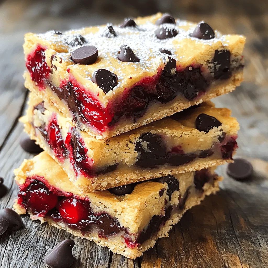 - 1 cup rolled oats - 1/2 cup all-purpose flour - 1/4 cup almond meal - 1/2 cup brown sugar - 1/4 cup honey or maple syrup - 1/2 cup coconut oil, melted - 1 teaspoon vanilla extract - 1/2 teaspoon baking powder - 1/4 teaspoon salt - 1 cup fresh or frozen cherries, pitted and halved - 1/2 cup dark chocolate chips When I make Cherry Chocolate Chip Breakfast Bars, I love the blend of flavors. Each bite is a mix of tart cherries and rich chocolate. You can switch some ingredients to fit your diet. For a gluten-free option, use almond flour instead of all-purpose flour. If you're looking for lower sugar, try using a sugar substitute that measures like brown sugar. - Use almond flour or oat flour for gluten-free bars. - Maple syrup can replace honey if you prefer it. - Instead of coconut oil, use olive oil or melted butter. Choosing fresh ingredients makes a big difference. Look for bright red cherries that are firm and plump. If you pick frozen cherries, ensure they are unsweetened. For chocolate, select dark chocolate with a high cocoa content. The better the chocolate, the better your bars will taste. Now that you have the ingredients, you're on your way to making delicious Cherry Chocolate Chip Breakfast Bars. For the full recipe, check out the complete guide I’ve put together! First, you need to preheat your oven to 350°F (175°C). This helps your bars bake evenly. Next, take an 8x8 inch baking pan and line it with parchment paper. Leave some overhang on the sides. This makes it easy to lift the bars out once they cool. In a large mixing bowl, combine the following dry ingredients: - 1 cup rolled oats - 1/2 cup all-purpose flour - 1/4 cup almond meal - 1/2 cup brown sugar - 1/2 teaspoon baking powder - 1/4 teaspoon salt Mix these ingredients well. This allows the flavors to blend perfectly. Now, in another bowl, you will whisk together the wet ingredients. Use these: - 1/2 cup coconut oil, melted - 1/4 cup honey or maple syrup - 1 teaspoon vanilla extract Make sure to whisk until smooth. This helps the oil blend well with the other liquids. Pour the wet mixture into the dry ingredients. Stir until just combined. It’s very important not to overmix. Overmixing can make your bars tough. You want a nice, thick batter. Next, gently fold in the halved cherries and chocolate chips. Ensure they spread evenly through the batter. Pour the batter into the lined baking pan. Spread it evenly with a spatula. Bake in the preheated oven for 25-30 minutes. The edges should be lightly golden. A toothpick inserted in the center should come out clean. After baking, let the bars cool in the pan for about 10 minutes. Use the parchment overhang to lift them out. Allow them to cool completely on a wire rack. This cooling process is key for the best texture. Enjoy your Cherry Chocolate Chip Breakfast Bars! For the full recipe, check the section above. To get the best texture and flavor in your cherry chocolate chip breakfast bars, follow these tips: - Use fresh cherries: They add a juicy burst. If using frozen, thaw and drain them first. - Don’t overmix: Mix just until combined. This keeps the bars soft. - Check your baking time: Ovens vary, so keep an eye on them. They should be golden on the edges. Common mistakes include: - Adding too much flour: This makes bars dry. Stick to the recipe. - Not cooling enough: Let them cool completely before cutting. This keeps them from falling apart. Want to boost the flavor? Here are a few simple ideas: - Add spices: A pinch of cinnamon or nutmeg can add warmth. - Use flavored extracts: Almond or orange extract brightens the taste. - Mix in nuts: Chopped walnuts or pecans give a nice crunch. These tweaks make the bars even more delicious! Serving your breakfast bars nicely can make them even more inviting. Here are some ideas: - Stack them: Place bars in a neat stack and dust with powdered sugar. - Wrap individually: Use parchment paper and twine for a homemade look. - Add a side: Serve with yogurt or a fruit compote for extra flair. These small touches will impress your friends and family! {{image_2}} You can change these breakfast bars in many fun ways. Try adding different fruits like: - Blueberries - Raspberries - Sliced bananas - Diced apples Nuts can add a nice crunch, too. Consider using: - Chopped walnuts - Pecans - Almonds These options let you create a mix that suits your taste and mood. Want a twist? Make a peanut butter or almond chocolate version! Just replace some coconut oil with: - 1/4 cup peanut butter - 1/4 cup almond butter This swap adds nutty richness to your bars. You can also mix in nut butter for flavor and creaminess. If you need vegan or low-sugar options, it’s easy. For vegan bars, use maple syrup instead of honey. You can also switch dark chocolate chips for dairy-free ones. For low-sugar bars, try these ideas: - Use stevia or monk fruit sweetener - Cut the brown sugar by half These changes keep the taste great while fitting different diets. For the Full Recipe, check the complete ingredients above. To keep your Cherry Chocolate Chip Breakfast Bars fresh, use an airtight container. This helps seal in moisture and flavor. I recommend a glass or plastic container with a secure lid. If you stack the bars, place parchment paper between them. This prevents sticking and keeps them looking nice. For extra freshness, store the bars in the fridge. They will stay tasty for longer when kept cool. If you plan to eat them within a few days, room temperature is okay, too. Just keep them away from direct sunlight. To freeze your breakfast bars, first let them cool completely. Then, wrap each bar tightly in plastic wrap. After that, place them in a freezer-safe bag or container. This keeps out air and prevents freezer burn. When you want to eat a bar, take it out of the freezer. Let it thaw in the fridge overnight or at room temperature for a few hours. You can also warm it up in the microwave for a quick treat. Cherry Chocolate Chip Breakfast Bars stay fresh for about one week when stored properly. If you keep them in the fridge, they can last up to two weeks. To check for freshness, look for any signs of mold or a change in smell. If they look or smell off, it’s best to toss them. By following these storage tips, you can enjoy your breakfast bars for longer. For the full recipe, check out the other sections of this article! Yes, you can use frozen cherries. They are great for baking. When using frozen cherries, do not thaw them first. This keeps the batter from getting too wet. The cherries will release some juice while baking. This adds flavor and moisture to your bars. Just remember to chop them into smaller pieces. This helps them spread evenly in the batter. Absolutely! You can make these breakfast bars ahead of time. It saves you time in the morning. To do this, bake the bars as the recipe states. Once cool, cut them into squares. Place the squares in an airtight container. Store them in the fridge for up to a week. You can also wrap them individually for easy grab-and-go snacks. If you do not have coconut oil, you can use other oils. Good options include canola oil or vegetable oil. These oils work well without changing the flavor much. You can also use melted butter for a richer taste. Just remember that the texture may change slightly. Reheating the bars is simple. You can use a microwave or an oven. For the microwave, heat one bar for about 20 seconds. Check to see if it's warm enough. If not, heat in 10-second intervals. For the oven, preheat it to 350°F (175°C). Place the bars on a baking sheet for about 5-10 minutes. This brings back their soft texture and flavor. Enjoy warm for a cozy treat! In this post, we explored how to make delicious breakfast bars using simple ingredients. We covered a complete list of items needed, including oats, cherries, and chocolate chips. You also learned about alternatives, tips for fresh ingredients, and step-by-step instructions for mixing and baking. Remember, perfecting these bars comes down to your choices and techniques. With practice, you can customize flavors and enhance your results. Enjoy making these breakfast bars your own!