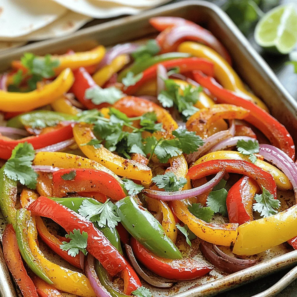 - 1 red bell pepper, sliced - 1 yellow bell pepper, sliced - 1 green bell pepper, sliced - 1 red onion, sliced - 2 cloves garlic, minced - 1 teaspoon chili powder - 1 teaspoon cumin - 1 teaspoon smoked paprika - 2 tablespoons olive oil - Salt and pepper to taste - 8 small flour or corn tortillas - Fresh cilantro, chopped (for garnish) - Lime wedges (for serving) For these easy sheet pan veggie fajitas, I love to use colorful bell peppers. They add a nice crunch and great flavor. The red, yellow, and green peppers not only look pretty but also taste great when roasted. The red onion brings a sweet taste. Minced garlic adds a fragrant touch. The spices like chili powder, cumin, and smoked paprika give the fajitas a nice kick. Olive oil helps everything roast well and adds richness. You can choose flour or corn tortillas based on your taste. For a fresh finish, I like to add chopped cilantro and lime wedges. They brighten up every bite. This recipe is very flexible. You can mix and match veggies based on what you have. Try zucchini or mushrooms for a fun twist! For the full recipe, check out the details in the main article. - Preheat your oven to 425°F (220°C). - Line a large baking sheet with parchment paper. First, you need to get your oven ready. Preheating helps the veggies cook evenly. The parchment paper makes cleanup easy and keeps the veggies from sticking. - Combine veggies and garlic in a bowl. - Add olive oil and spices, tossing until coated. Next, grab a large bowl and add the sliced bell peppers, red onion, and minced garlic. Drizzle in the olive oil. Now, sprinkle the chili powder, cumin, smoked paprika, salt, and pepper. Toss everything well. You want the veggies to be coated in the oil and spices for the best flavor. - Spread mixture on baking sheet. - Bake for 20-25 minutes, stirring halfway through. Now, spread the veggie mix evenly on the baking sheet. Bake for about 20-25 minutes. Remember to stir halfway through. This step helps the veggies char a bit and get that nice roasted flavor. - Warm tortillas in a skillet before serving. While the veggies bake, warm the tortillas. Use a dry skillet over medium heat. Heat them for about one minute on each side. This step makes them soft and ready for the delicious toppings. Once the veggies are done, you can build your fajitas. Enjoy your meal! For the full recipe, check out the detailed instructions above. To cut your veggies evenly, use a sharp knife. Slice bell peppers and onions into strips about the same width. This helps them cook at the same rate. If you cut them too thick or thin, some may burn while others stay hard. For the best flavor in your fajitas, spices are key. I use chili powder, cumin, and smoked paprika. Each spice adds its own unique taste. Mix them well with the veggies before baking. This helps the flavors blend. Don’t be shy with salt and pepper; they enhance the taste. Toppings can make your fajitas even better. I love adding fresh cilantro and a squeeze of lime juice. Avocado or guacamole is also a great choice. You can serve them with salsa or pico de gallo for extra zest. For sides, consider serving rice or beans. They pair well with veggie fajitas and fill you up. Corn on the cob is another tasty side dish. It adds a nice crunch and sweetness. For condiments, I recommend sour cream or Greek yogurt. They add creaminess and balance the spices. Try different toppings to find your favorite combo. Enjoy your meal! You can find the Full Recipe in earlier sections. {{image_2}} You can make your fajitas even better by adding protein. Black beans are a great choice. They are full of protein and fiber. Just drain and rinse a can of black beans. Mix them in with your veggies before baking. Another option is tofu. Tofu can soak up all the flavors. Cube it and toss it with the veggies. Make sure to press the tofu first to remove excess water. This way, it becomes crispy and tasty. Feel free to switch up the veggies. You can add zucchini or mushrooms for a fun twist. Eggplant can also work well in fajitas. When you add these, just slice them like the bell peppers. You can even try using sweet potatoes for a hearty touch. They add a nice sweetness and pair well with the spices. Just remember to cut them into small cubes so they cook evenly. Want more heat? Simply add jalapeños or cayenne pepper to your mix. Start with a small amount to avoid too much spice. Taste as you go so you can find the right level for you. If you prefer mild flavors, skip the spicy ingredients. You can also add a bit of sugar to balance the heat. This will keep your fajitas tasty without being too hot. For the full recipe, check out the Easy Sheet Pan Veggie Fajitas. To store leftover veggie fajitas, first let them cool down. Use an airtight container. Place the fajitas in the container and seal it well. In the fridge, they last for about 3 to 4 days. Make sure to keep the tortillas and veggies separate if you can. This helps keep the tortillas from getting soggy. When reheating, I suggest using a skillet. Heat over medium-low heat for a few minutes. This method keeps the veggies firm and the tortillas soft. You can also use an oven. Preheat to 350°F (175°C). Place the fajitas on a baking sheet for about 10 minutes. This way, they warm evenly. To freeze fajita ingredients, first prepare them as you normally would. Let everything cool completely. Place the veggie mix in a freezer-safe bag. Try to remove as much air as possible. Label the bag with the date. The mix can last up to 3 months in the freezer. When ready to use, thaw in the fridge overnight. You can then roast them straight from the bag for a quick meal. For the full recipe, check out Easy Sheet Pan Veggie Fajitas! Yes, you can easily make this recipe vegan. Simply skip the cheese and use corn tortillas instead of flour ones. You can also add more veggies like zucchini or mushrooms for extra flavor. If you want some protein, add canned black beans or chickpeas. Both options will keep your fajitas tasty and filling. You can customize your fajitas in many ways. Try adding different veggies like corn, asparagus, or sweet potatoes. You can also change the spices. If you like heat, add cayenne pepper or jalapeños. For a smoky flavor, toss in some chipotle powder. Don't forget to play with toppings, too! Guacamole, pico de gallo, or even vegan sour cream can enhance your dish. Pair your veggie fajitas with sides that complement their flavors. Consider serving them with a fresh salad or some Mexican rice. Corn salsa also makes a great side. You could even offer a side of refried beans for a heartier meal. If you want a cool drink, serve some agua fresca or a light beer. To reheat leftover fajitas, use a skillet over medium heat. This keeps the veggies crisp. Heat for about 5 minutes, stirring often. You can also use the oven. Preheat it to 350°F (175°C) and place the fajitas on a baking sheet. Heat for around 10 minutes. Avoid the microwave, as it can make the veggies soggy. For best results, enjoy them fresh! For the full recipe, check back to the ingredients and instructions above. Making veggie fajitas is fun and easy. We covered ingredients, step-by-step instructions, and tips to boost flavor. You can add proteins or change veggies for your taste. Store leftovers right to enjoy later. Personalizing your fajitas makes every meal unique. Now, you can create a delicious dish that fits your style. Enjoy your cooking adventure!