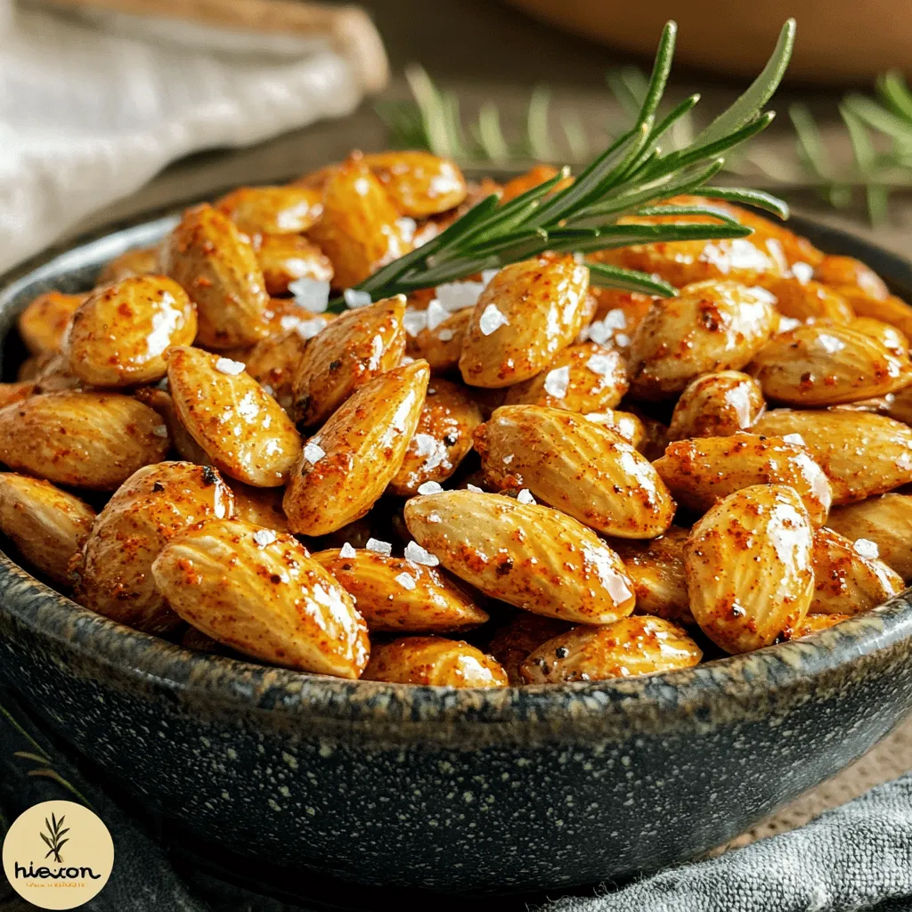 - 2 cups raw almonds - 2 tablespoons olive oil - 1 teaspoon cayenne pepper - 1 teaspoon smoked paprika - 1 teaspoon garlic powder - 1 teaspoon sea salt - 1/2 teaspoon black pepper - 1/2 teaspoon cumin - 1 tablespoon maple syrup or honey To make spicy roasted almonds, you need a few simple ingredients. The main ones are raw almonds, olive oil, cayenne pepper, and smoked paprika. These ingredients give the almonds a tasty kick and a nice flavor. You can also add garlic powder, sea salt, black pepper, and cumin for an extra layer of taste. If you like a hint of sweetness, you can use maple syrup or honey. This sweetness balances the heat from the cayenne pepper. Gather these ingredients before you start. They will make your spicy roasted almonds a crunchy and satisfying snack. For the full recipe, check the section above. - Preheat the oven to 350°F (175°C). - Prepare a baking sheet with parchment paper. This helps the almonds not stick. - In a large bowl, combine the raw almonds with olive oil. Make sure they are well-coated. - Add cayenne pepper, smoked paprika, garlic powder, sea salt, black pepper, and cumin to the bowl. - If you like sweetness, drizzle in maple syrup or honey. Stir everything to mix well. - Spread the seasoned almonds in a single layer on the baking sheet. - Roast for 10-12 minutes. Stir them halfway through for even roasting. - Let the almonds cool completely on the baking sheet. They will get crunchier as they cool. For the full recipe, check the section above. To make your spicy roasted almonds just right, spice levels matter. You can change the cayenne pepper to fit your taste. If you like it hot, add more. If not, cut back. The same goes for the sweetness. If you want a sweeter snack, add more maple syrup or honey. Stirring the almonds while roasting is key. This helps them cook evenly. Set a timer for halfway through roasting. Give them a good stir to ensure every almond gets that golden touch. When it comes to serving, let your almonds shine. Use a rustic bowl or a glass jar to show off their crunch. A sprinkle of extra sea salt on top adds flair. Fresh herbs like rosemary can brighten the look. Pair these almonds with drinks at your next gathering. They go great with beer or cocktails. You can also serve them with other snacks, like cheese or olives. This mix can create a lovely spread for your guests to enjoy. For more ideas, check the Full Recipe for inspiration. {{image_2}} To make spicy roasted almonds even better, try adding different spices. You can mix in chili powder for more heat. Turmeric brings a warm, earthy taste. Experiment with the spice levels to find your perfect blend. Using flavored oils can also change the game. Instead of olive oil, try garlic-infused oil for a rich taste. A hint of sesame oil can add a nutty flavor. These small changes can make a big impact on your snack. If you like a touch of sweetness, you have options. You can use honey or maple syrup. Both add a nice caramel flavor. Maple syrup gives a hint of woodiness, while honey is floral. For a different twist, try coconut sugar. It has a subtle caramel taste that complements the spices. Agave syrup is another choice; it’s sweeter and blends well. Each sweetener gives a unique flavor to your spicy roasted almonds. For the full recipe, check out the instructions above! To keep your spicy roasted almonds fresh, choose the right container. Use an airtight container. Glass jars or plastic containers with secure lids work well. Store your almonds in a cool, dry place. Avoid areas with direct sunlight or moisture. This helps to maintain their crunchiness and flavor. When stored properly, spicy roasted almonds can last up to two weeks. After this time, they may lose their crispness. Check for signs of spoilage, like a stale smell or soft texture. If you notice these, it’s best to toss them out. For longer storage, consider freezing them. This helps preserve their taste and texture for up to three months. To make spicy roasted almonds, follow these steps: 1. Preheat your oven to 350°F (175°C). 2. In a big bowl, mix 2 cups of raw almonds with 2 tablespoons of olive oil. 3. Add spices: 1 teaspoon of cayenne pepper, smoked paprika, garlic powder, sea salt, black pepper, and cumin. 4. If you want a sweet touch, add 1 tablespoon of maple syrup or honey. 5. Stir well so all the almonds get coated. 6. Spread them on a baking sheet lined with parchment paper. 7. Roast for 10-12 minutes, stirring halfway through. 8. Let them cool completely before serving. These steps make a tasty snack that packs a punch. For a full recipe, check out the Full Recipe section. You can find spicy roasted almonds in many stores. Look for brands like Blue Diamond or Trader Joe’s. They often sell them in snack aisles or bulk bins. You can also buy them online at grocery websites. Stores like Amazon and Walmart have good options. Yes, you can use other nuts! Cashews, walnuts, or pecans work well. Just remember to adjust the cooking time based on the nut type. For softer nuts like cashews, roast them for less time, about 8-10 minutes. This way, you can enjoy different flavors and textures! Spicy roasted almonds are easy and fun to make. You need simple ingredients and clear steps. Preheat your oven, mix your spices, and roast! Adjust flavors to suit your taste. You can store them properly for long-lasting crunch. These almonds are great for snacks or parties. Try different spices and sweeteners to keep it fresh. Enjoy your roasted almonds, whether you share or keep them all for yourself!