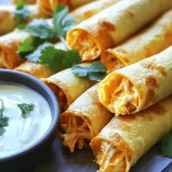 - 2 cups cooked chicken, shredded - 1/2 cup buffalo sauce (adjust to taste) - 1/2 cup cream cheese, softened - 1/2 cup shredded cheddar cheese - 1/4 cup green onions, chopped - 12 small corn or flour tortillas The base of these taquitos is simple yet packed with flavor. Start with cooked chicken, which you can shred easily. I love using rotisserie chicken for its rich taste and ease. Buffalo sauce adds the kick. You can adjust this to your spice level. Cream cheese makes the filling creamy and smooth. Shredded cheddar gives a nice cheesy pull when you bite into them. Green onions add a hint of freshness and crunch. - Fresh cilantro leaves, for garnish - Ranch or blue cheese dressing, for dipping - Optional toppings (sour cream, diced tomatoes, etc.) For serving, I like to sprinkle fresh cilantro on top. It brightens the dish. A side of ranch or blue cheese dressing is perfect for dipping. You can also add other toppings like sour cream or diced tomatoes, if you wish. These little details elevate your taquitos from good to great. If you want the full recipe, check out the complete guide! To make the filling, start by mixing shredded chicken with buffalo sauce. Add in the cream cheese, shredded cheddar cheese, and chopped green onions. Stir until everything is well combined and creamy. This step sets the stage for a great flavor. Next, heat your tortillas in the microwave. Just 30 seconds will do! Soft tortillas are much easier to roll without cracking. Now it’s time to assemble your taquitos. Spoon about two tablespoons of the chicken mixture onto the lower third of each tortilla. Roll them tightly to wrap the filling inside. Place each taquito seam-side down on a plate. In a large skillet, heat vegetable oil over medium-high heat. Once the oil is hot, carefully add the taquitos, seam-side down. Fry them in batches, avoiding overcrowding. Fry for about 2-3 minutes on each side until they are golden brown and crispy. Use tongs to flip and remove them from the oil. After frying, let the taquitos drain on paper towels to remove excess oil. Serve them warm. Garnish with fresh cilantro leaves and enjoy with ranch or blue cheese dressing for dipping. For the complete recipe, check out the Full Recipe section. To get crispy taquitos, heat the oil to 350°F (175°C). Use a thermometer for best results. Fry them in small batches. This keeps the oil hot and helps them cook evenly. Fry each side for 2-3 minutes. Look for a golden brown color. If they brown too fast, lower the heat. If they take too long, raise it. This balance is key for crispiness. You can prepare the filling a day in advance. Just mix the shredded chicken, buffalo sauce, cream cheese, cheddar cheese, and green onions. Store it in an airtight container in the fridge. This saves time when you’re ready to roll. When you’re ready to cook, just heat the filling before using it. These taquitos go well with many dips. Ranch and blue cheese dressing are classic choices. You might also try salsa or guacamole. For sides, pair them with a fresh salad or crunchy veggies. This adds color and texture to your meal. A cold drink can also enhance the experience. Enjoy with family and friends for a perfect party treat. {{image_2}} You can easily swap ingredients in this recipe. Instead of chicken, try using turkey or beef. You can also use different sauces for fun. BBQ sauce works great if you want a sweeter flavor. Mixing it up keeps things exciting! If you want a lighter dish, consider baking instead of frying. To bake, preheat your oven to 400°F (200°C). Place the taquitos on a baking sheet and spray them with cooking oil. Bake for about 15-20 minutes until they are golden and crispy. You can also use whole wheat tortillas or low-fat cream cheese for a healthier twist. To make your taquitos even tastier, add extra spices and herbs. A pinch of garlic powder gives a nice kick. You can also try adding cumin or smoked paprika for depth. Fresh herbs like cilantro or parsley can brighten the flavor too. Feel free to get creative with your seasonings! To keep your taquitos fresh, let them cool first. Place them in an airtight container. You can also wrap them in plastic wrap for extra protection. If you want to freeze them, use a freezer-safe bag. Be sure to squeeze out the air to prevent freezer burn. To enjoy your leftover taquitos, reheat them in the oven. Preheat your oven to 375°F (190°C). Place the taquitos on a baking sheet for about 10-15 minutes. This method keeps them crispy. You can also use an air fryer at 350°F (175°C) for about 5-7 minutes. Avoid using the microwave, as it makes them soggy. In the fridge, your taquitos last about 3-4 days. If you freeze them, they stay good for up to 2 months. Just remember to label your containers with the date. This way, you’ll know when it’s time to eat or toss them. For the full recipe, check out the earlier section. You can try different sauces if buffalo sauce is too spicy. Here are some ideas: - BBQ sauce: This gives a sweet and tangy flavor. - Hot sauce: Use your favorite brand for a kick. - Sriracha: This adds a chili flavor with some heat. - Honey mustard: Great for a milder, sweet taste. Feel free to mix and match for your perfect flavor! Yes, you can prep these taquitos early! Make the filling and store it in the fridge. You can also roll the taquitos and keep them in the fridge. Just cover them well with plastic wrap. Fry them when you’re ready. This way, you can serve hot taquitos at your party! To keep your taquitos crispy, follow these tips: - Place them on a cooling rack instead of a plate. This lets air flow around them. - Serve right after frying for the best texture. - If you need to hold them, keep them in a warm oven. This keeps them warm without getting soggy. Avoid stacking them on top of each other. Yes! You can easily make a vegetarian version. Here are some ideas: - Use black beans: Mash them for a nice filling. - Add cheese: Use more cream cheese and cheddar. - Mix in veggies: Add bell peppers, corn, or spinach. These swaps keep the flavor rich and tasty. You’ll still get that crispy texture! For the full recipe, check out the Crispy Buffalo Chicken Taquitos recipe section. Crispy Buffalo Chicken Taquitos are tasty and fun to make. We covered the main ingredients, easy steps, tips for frying, and variations to try. You can swap proteins or sauces to fit your taste. Remember, you can prepare the filling ahead of time for convenience. Store leftovers properly to keep them fresh. This recipe lets you enjoy a crowd-pleasing snack that everyone will love. Now, it’s time to gather your ingredients and dive in. Enjoy the process!