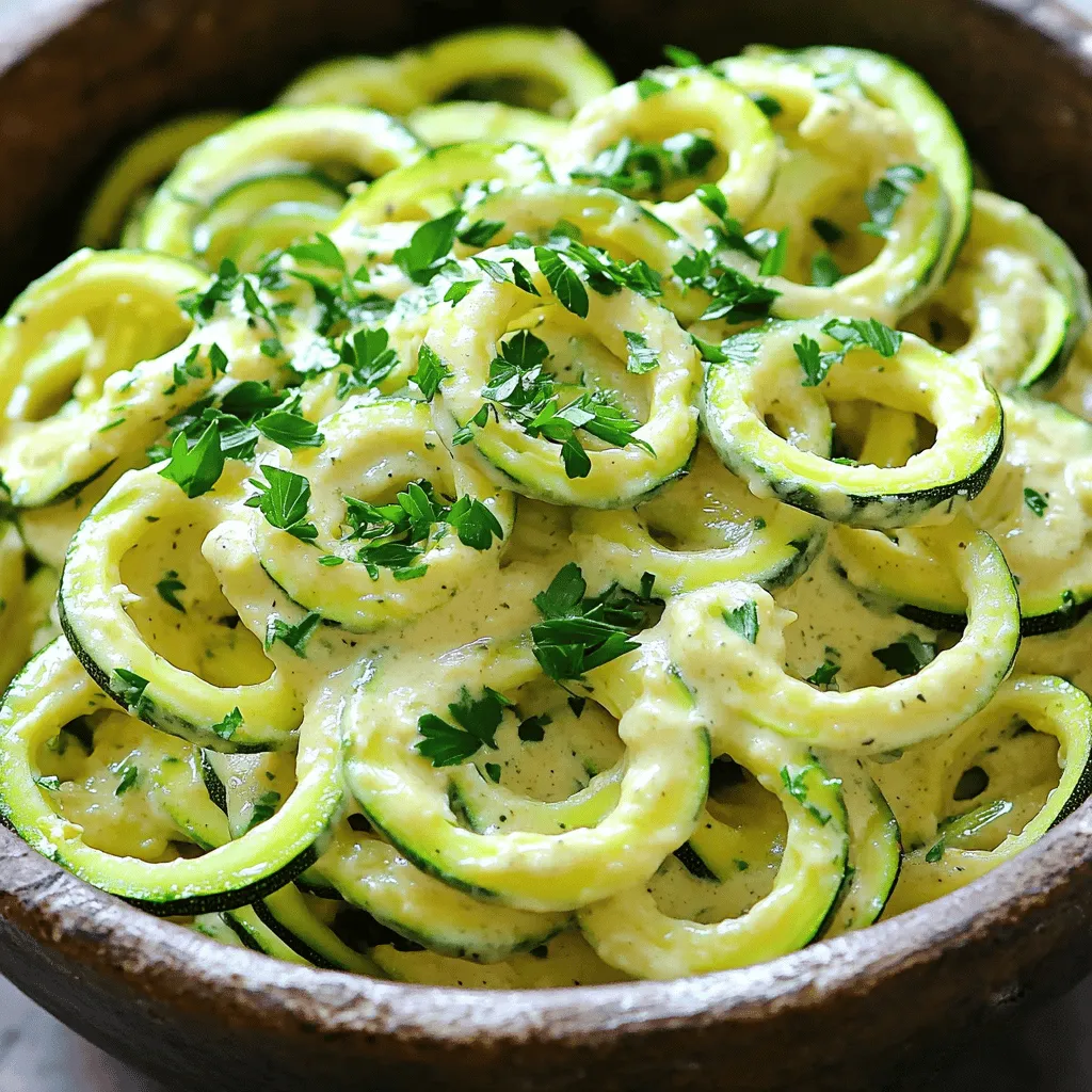 - 4 medium zucchinis, spiralized - 1 cup cashews, soaked for 4 hours - 1 cup vegetable broth - 2 tablespoons nutritional yeast - 2 tablespoons garlic, minced - 1 tablespoon olive oil - 1 tablespoon lemon juice - Salt and pepper to taste - ¼ teaspoon nutmeg - Fresh parsley, chopped (for garnish) I love using fresh zucchinis in this dish. They add a nice crunch and are very healthy. Spiralizing the zucchinis makes them fun to eat and a great pasta substitute. Soaking the cashews is key. It helps make a creamy sauce that feels rich but is guilt-free. Nutritional yeast gives the sauce a cheesy flavor without dairy. Garlic adds depth and a lovely aroma. Olive oil brings everything together and adds healthy fats. For seasoning, lemon juice brightens the dish. Nutmeg adds warmth. Salt and pepper help enhance all the flavors. Don’t skip the fresh parsley; it adds a nice touch of color and freshness. If you want to try making this dish, check out the Full Recipe for all the steps! - Soak cashews in water for 4 hours. - Drain and rinse cashews. First, soaking the cashews is key. This softens them for a smooth sauce. After soaking, drain and rinse them. This step removes any bitterness. You want only the creamy, nutty flavor. - Combine soaked cashews, vegetable broth, and flavors in a blender. - Blend until smooth and creamy. Next, add the soaked cashews to a blender. Pour in vegetable broth along with garlic, nutritional yeast, lemon juice, salt, pepper, and nutmeg. Blend it all together. You'll get a beautiful, creamy sauce. Adjust with extra broth if you need. The goal is a rich texture that coats the noodles well. - Spiralize the zucchinis or use a peeler. - Sauté zucchini noodles in olive oil. Now, it's time for the zucchini. Use a spiralizer to create fun noodle shapes. If you don't have one, a peeler works too. Just make thin strips. Heat olive oil in a skillet. Sauté the zucchini noodles for 2-3 minutes. You want them tender but still firm, so they stay al dente. - Pour Alfredo sauce over zucchini noodles. - Toss and heat through before serving. Finally, pour that creamy Alfredo sauce over the zucchini noodles. Toss gently to coat all the noodles. Heat this mix for a couple of minutes. This ensures everything is warm and tasty. For a lovely finish, serve with chopped parsley. As a bonus, this recipe is a guilt-free delight! Check out the Full Recipe for more details. To get the perfect creamy sauce, adjust the consistency with more broth. If it feels too thick, add a little broth until it’s just right. Always use fresh cashews. They provide a richer and creamier flavor than stale ones. Soaking the cashews for four hours makes them blend easier. Be careful not to over-sauté the zucchini noodles. You want them to stay al dente. Cook them for just 2-3 minutes. This keeps the texture nice and firm. Before you sauté, drain the excess moisture from the zucchini. This step helps prevent a watery dish. Garnish your dish with fresh parsley. This adds a lovely touch of color and flavor. For a complete meal, pair the dish with a protein source. Grilled chicken or shrimp works well, or try tofu for a vegetarian option. {{image_2}} You can easily boost the nutrition of your Zucchini Noodle Alfredo by adding proteins. Grilled chicken or shrimp makes a tasty pair. Simply cook the protein and toss it with the noodles. For a vegetarian option, use tofu. Just cube the tofu, sauté it until golden, and mix it in. This way, you add flavor and texture to your dish. To keep things exciting, change up the flavors in your Alfredo. Adding sun-dried tomatoes gives a sweet and tangy touch. Spinach adds a nice color and a healthy boost. You can also experiment with herbs like basil or oregano. These fresh herbs can elevate the taste and bring a wonderful aroma to your meal. If you want to switch things up, try alternate bases. Spaghetti squash is a great option. It has a similar texture and adds a hint of sweetness. Other vegetables like carrots or butternut squash also work well. They can be spiralized or sliced thinly. This way, you can enjoy a variety of flavors and nutrients in your meals. For the complete recipe, check out Zucchini Noodle Alfredo Delight! Store leftovers in an airtight container. This keeps the dish fresh and tasty. It’s best to enjoy it within 2-3 days. After that, the flavor may fade. You can freeze Zucchini Noodle Alfredo, but it may change in texture. The noodles can become mushy after thawing. If you freeze it, thaw in the refrigerator before reheating. This helps keep the flavors intact. To reheat, do it gently on the stovetop. This warms the dish without burning it. Add a splash of broth to restore creaminess. It will bring back that rich texture you love. Enjoy your creamy guilt-free delight again! Yes, the ingredients used are plant-based. Use a vegetable peeler to create thin strips. Yes, it is a low-carb and nutritious alternative to traditional Alfredo. Use silken tofu or sunflower seeds for a nut-free version. Yes, you can prepare the sauce and store it in the refrigerator to use later. In this blog post, I shared how to make a delicious Zucchini Noodle Alfredo. We covered the simple ingredients, from zucchinis and cashews to spices and vegetable broth. I detailed step-by-step instructions for creating the creamy sauce and preparing the noodles. Remember, you can customize the dish with proteins and flavors that you love. Store leftovers properly for the best taste. Enjoy your healthy, plant-based meal!