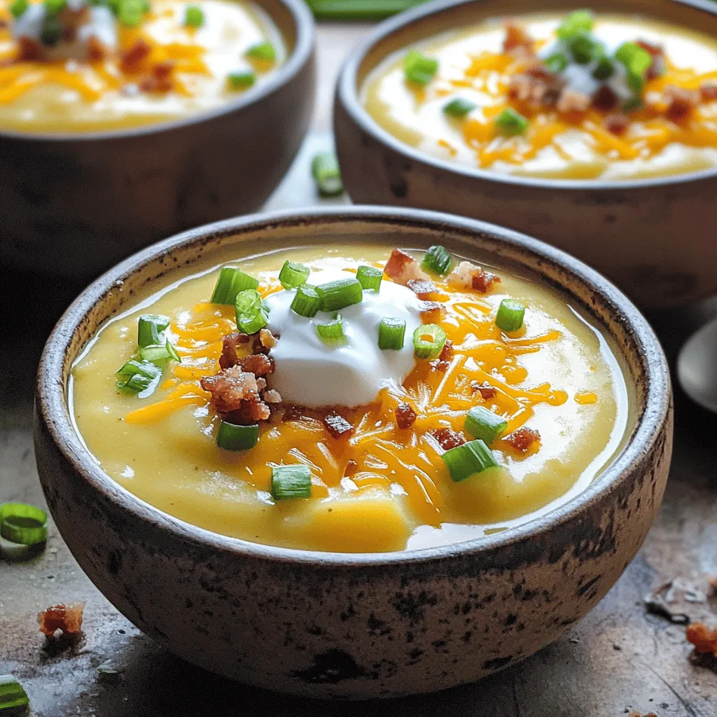 When making Loaded Baked Potato Soup, you need the right ingredients for the best flavor. Here’s what you’ll need: - 4 large russet potatoes, peeled and diced - 1 cup sharp cheddar cheese, shredded - 1/2 cup cream cheese, softened - 1/2 cup sour cream - 1 medium onion, finely chopped - 2 cloves garlic, minced - 4 cups vegetable or chicken broth - 1 cup milk - 1/2 cup green onions, sliced - 1/2 cup crispy cooked turkey bacon bits - Salt and pepper to taste - 1 tablespoon olive oil Each ingredient plays a key role in creating a rich and creamy soup. Russet potatoes give the soup a nice texture. The sharp cheddar cheese adds a robust flavor that you will love. Cream cheese and sour cream make the soup smooth and rich. Onion and garlic bring a wonderful aroma. You can use vegetable or chicken broth, depending on your taste. Milk makes the soup creamy, while green onions and turkey bacon add fresh and crunchy toppings. Make sure to have everything ready. This way, you can enjoy cooking and the wonderful smells that fill your kitchen. For the full recipe and step-by-step instructions, refer to the Full Recipe. - Heat 1 tablespoon of olive oil in a large pot over medium heat. - Add 1 medium onion, finely chopped, and 2 cloves of minced garlic. Sauté until the onion looks clear, about 4-5 minutes. - Next, add 4 large russet potatoes, peeled and diced, along with 4 cups of vegetable or chicken broth. Bring it all to a boil. - Once boiling, reduce the heat and let it simmer for 15-20 minutes. Cook until the potatoes are soft. - Now, use an immersion blender to puree the soup until smooth. If you don’t have one, carefully blend in batches. - After blending, stir in 1/2 cup of softened cream cheese. Mix until it fully melts into the soup. - Then, add in 1 cup of milk, 1 cup of shredded sharp cheddar cheese, and 1/2 cup of sour cream. Stir until the cheese melts and the soup is creamy. - Season your soup with salt and pepper to taste. - If you want a thicker soup, let it simmer uncovered for 5-10 minutes. - Just before serving, mix in 1/2 cup of crispy cooked turkey bacon bits and 1/2 cup of sliced green onions. Save some green onions for garnish. For the complete recipe, check out the Full Recipe section. Enjoy this creamy delight! - Choosing the right potatoes: I love using russet potatoes. They are starchy and creamy. Their texture works great in soup. If you prefer, you can try Yukon Gold too. They add a buttery flavor. - Adjusting thickness of the soup: For a thicker soup, let it simmer longer. You can also add more cream cheese. If you want it thinner, just add more broth or milk. - Ensuring cheese melts smoothly: To avoid clumps, add cheese slowly. Stir well after each addition. This keeps the soup creamy and rich. - Best accompaniments for the soup: Pair this soup with soft bread rolls or garlic bread. They soak up the flavors well. A fresh salad adds a nice crunch too. - Creative garnishing ideas: Top the soup with extra cheese, green onions, and crispy bacon bits. You can add a dollop of sour cream for extra creaminess. - Meal pairings: This soup goes well with grilled cheese sandwiches or a light salad. It makes a comforting meal on chilly nights. - Making it a healthier option: Use low-fat cheese and sour cream to cut calories. You can also add more veggies like carrots or celery. - Dietary substitutes: For gluten-free, use gluten-free broth and check labels. To make it vegetarian, skip the bacon or use a plant-based option. - Nutritional content: This soup has about 350 calories per serving. It also packs protein from cheese and milk, making it filling and satisfying. For the full recipe, check out the [Full Recipe]. {{image_2}} You can switch up the cheese for new flavors. Try gouda or pepper jack for a kick. For bacon, use regular, turkey, or even tempeh for a meat-free option. Adding veggies like broccoli or carrots gives more nutrition and color to your soup. Want to jazz it up? Add fresh herbs like thyme or a dash of paprika for warmth. You can change the broth too. Use beef or vegetable broth for a richer taste. Top your soup with unique garnishes like crispy onions or fresh herbs to surprise your guests. Some like their soup smooth, while others prefer it chunky. If you want a chunkier soup, keep some diced potatoes intact. Adding croutons or tortilla chips gives a nice crunch. If you crave creamy soup, stick to the original recipe. For a lighter option, try a broth-based version. Check out the Full Recipe for more details on making this delicious soup! Store your loaded baked potato soup in an airtight container. This keeps the soup fresh. Let it cool before sealing. You can keep it in the fridge for about 3 to 5 days. If you want to enjoy it later, check for any off smells or changes in texture before eating. To freeze the soup, let it cool completely. Pour it into freezer-safe bags or containers. Leave some space at the top for expansion. You can freeze it for up to three months. When you’re ready to eat, thaw it in the fridge overnight. Reheat on the stove over low heat. Stir often to prevent sticking. You can get creative with leftovers! Use the soup as a base for a baked potato casserole. Add some cooked chicken or veggies for a new dish. You can also pour it over baked potatoes for an easy meal. It’s a versatile soup that can stretch your meals in fun ways. Check the [Full Recipe] for more ideas on what to do with any extras! To make Loaded Baked Potato Soup, you need about 40 minutes. This includes 15 minutes for prep and about 25 minutes for cooking. You can enjoy a warm bowl of soup in no time! Yes, you can make this soup in advance. To do this, prepare the soup and let it cool. Store it in an airtight container in the fridge for up to three days. When you're ready to eat, just reheat it on the stove over medium heat. Stir occasionally until it's hot. Loaded Baked Potato Soup can be gluten-free. Most of the ingredients, like potatoes and cheese, are naturally gluten-free. However, always check the broth. Some broths may contain gluten, so look for a gluten-free label. Yes, you can soak potatoes before cooking. Soaking helps remove excess starch. This makes the potatoes less sticky and helps them cook more evenly. To soak, cut your potatoes and place them in cold water for at least 30 minutes. Drain and rinse before cooking. This simple step can really improve the texture of your soup! This blog post covers how to make a delicious Loaded Baked Potato Soup. We discussed the key ingredients you'll need, the simple steps for preparation, and helpful tips for cooking. I shared variations to elevate your soup and advice on proper storage for later enjoyment. In conclusion, this recipe is easy and versatile. Whether you want it creamy or chunky, it fits your taste. Enjoy this warm soup on a chilly day and share with friends!