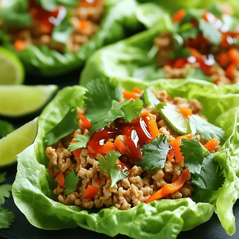 To make the best spicy chicken lettuce wraps, you need fresh and tasty ingredients. Here’s what you will need: - 1 pound ground chicken - 2 tablespoons soy sauce - 2 teaspoons sesame oil - 1 tablespoon sriracha (adjust to taste) - 1 tablespoon fresh ginger, grated - 2 cloves garlic, minced - 1 red bell pepper, diced - 1 cup carrots, grated - 1 green onion, chopped - 1 tablespoon honey - 1 tablespoon rice vinegar - Salt and pepper to taste - 1 head of butter or romaine lettuce, leaves separated These ingredients provide a perfect mix of flavor and texture. The ground chicken gives protein, while the veggies add crunch and color. You can make your wraps even better with these fun additions: - Chopped cilantro - Lime wedges These garnishes add freshness and a zesty kick to your wraps. You can also try adding sliced jalapeños for more heat or crushed peanuts for crunch. To cook your spicy chicken lettuce wraps, you will need some basic tools. Here’s a quick list: - A large frying pan - A spatula for stirring - Measuring spoons - A cutting board and knife Having these tools ready will help you cook easily and quickly. For the full recipe, check out the [Full Recipe]. To make spicy chicken lettuce wraps, start by heating 2 tablespoons of sesame oil in a pan over medium heat. Once the oil is hot, add 1 pound of ground chicken. Cook it for about 5 to 7 minutes, stirring often. You want the chicken to turn white and no longer be pink. Next, add 2 cloves of minced garlic, 1 tablespoon of grated fresh ginger, and 1 diced red bell pepper. Cook for another 2 to 3 minutes. The peppers should soften but not lose their color. Now, mix the sauce. In a small bowl, whisk together 2 tablespoons of soy sauce, 1 tablespoon of sriracha, 1 tablespoon of honey, and 1 tablespoon of rice vinegar. Pour this sauce over the chicken mixture in the pan. Stir well and let it cook for another 1 to 2 minutes. Season with salt and pepper. Finally, stir in 1 cup of grated carrots and 1 chopped green onion. Heat them for about a minute. Once done, take the pan off the heat. Prepare your lettuce wraps by placing a spoonful of the chicken mix onto each lettuce leaf. Garnish with chopped cilantro and serve with lime wedges. For the full recipe, you can check the details above. To cook quickly, prepare all your ingredients first. Chop the veggies and measure out the sauces. This way, you won't waste time searching for items while cooking. Use a non-stick pan to reduce sticking and make cleanup easier. Keep your heat at medium; this helps cook the chicken evenly without burning anything. You can make these wraps in different ways. A stovetop pan works well, but you can also use a skillet for more surface area. If you prefer, try grilling the chicken in a grill pan for a smoky flavor. You can even bake the chicken mixture in the oven if you want a hands-off approach. Just mix the ingredients in a baking dish and let it cook until done. To make the best spicy chicken lettuce wraps, use fresh ingredients. Fresh herbs and veggies add great flavor. Always cook the chicken until it's no longer pink. This helps avoid any health risks. Stir often to keep everything from sticking. This ensures even cooking and great taste. Make sure to taste as you go. This lets you adjust flavors. If you want more sauce, feel free to add more soy sauce or sriracha. A balance of flavors makes the dish shine. For a lovely crunch, add the carrots last. This keeps them crisp and fresh. Spice levels can change based on your taste. If you love heat, add more sriracha. If you prefer it milder, reduce the sriracha amount. You can also try other sauces, like sweet chili. This can bring a different flavor without too much heat. To really customize your wraps, consider adding sliced jalapeños. They add a nice kick. Another option is to use crushed red pepper flakes. Start small and add more until it suits your taste. One common mistake is overcooking the chicken. If you cook it too long, it can get dry. Always check for doneness but remove it from the heat as soon as it’s done. Don’t forget the seasoning. If you skip salt and pepper, the dish may taste bland. Also, be careful with how you handle the lettuce. If you tear the leaves, they won't hold the filling well. Finally, don't pack the wraps too tightly. This can make them messy to eat. Instead, fill them lightly, allowing room for the flavors to shine. Follow these tips, and you’ll have a delicious meal that is fun to eat! For the complete cooking method, check the Full Recipe. {{image_2}} You can switch the ground chicken for other meats. Ground turkey or beef works well. If you want a different taste, try diced shrimp or pork. Each protein gives a unique flavor to your lettuce wraps. Just adjust the cooking time to make sure it's cooked through. For a vegetarian or vegan option, use mushrooms or tofu instead of chicken. Mushrooms add a nice texture and umami flavor. Tofu absorbs the sauces well and takes on great taste. Press the tofu to remove excess water. Then, crumble or cube it before cooking. This makes it easy to mix into the wrap. Adding different sauces can change the whole dish. Try hoisin sauce for a sweet, savory touch. Peanut sauce can bring a nutty flavor that many enjoy. For a spicy kick, add extra sriracha or chili paste. You can even mix in some lime juice for a zesty twist. Each sauce enhances the dish and makes it fun to try new tastes. For more details, check the Full Recipe to explore all the ingredients and steps. After you enjoy your spicy chicken lettuce wraps, store the leftovers right away. Place them in an airtight container. This keeps the chicken fresh and tasty. You can refrigerate them for up to three days. Make sure to separate the chicken from the lettuce leaves. This helps the lettuce stay crisp. If you want to keep your wraps longer, freezing is a great option. First, let the chicken cool completely. Then, pack it in freezer-safe bags or containers. Try to remove as much air as possible. You can freeze the chicken for up to three months. Just remember, do not freeze the lettuce leaves. They won't taste good after thawing. When you're ready to eat the leftovers, reheating is key. You can use a microwave or stovetop. If using a microwave, place the chicken in a bowl. Heat it for about one to two minutes, stirring halfway. If you use the stovetop, heat a pan over medium heat. Add the chicken and stir until it’s warm, about five minutes. Serve the reheated chicken in fresh lettuce leaves for the best flavor. For extra zest, add lime juice or more sriracha. Enjoy! The best types of lettuce for wraps are butter lettuce and romaine. Butter lettuce has soft, flexible leaves that hold the filling well. Romaine lettuce has a nice crunch and sturdy structure. Both types keep the filling secure and add a fresh taste. Yes, you can prepare spicy chicken lettuce wraps ahead of time. Cook the chicken mixture and store it in the fridge. Just keep the lettuce leaves separate. When you're ready to eat, assemble them fresh. This makes for a quick meal when you're busy. Sides that pair well include rice, steamed veggies, or a simple salad. You could also serve some fresh fruit for a sweet touch. These sides complement the spicy chicken and add variety to your meal. Enjoy your wraps with a cool drink to balance the spice. For the full recipe, check out the ingredients and steps outlined above. Spicy chicken lettuce wraps are easy and fun to make. We explored key ingredients, essential tools, and step-by-step cooking methods. I shared tips to adjust spice levels and avoid common mistakes. You learned about tasty variations and how to store leftovers. These wraps are great for any meal. Try them out, and enjoy your cooking journey!