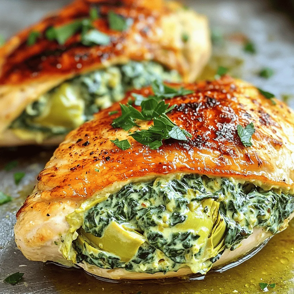 For this tasty dish, you will need: - 4 boneless, skinless chicken breasts - 1 cup fresh spinach, chopped - 1 cup artichoke hearts, drained and chopped - 1 cup cream cheese, softened - 1/2 cup grated Parmesan cheese - 1/2 cup shredded mozzarella cheese - 2 garlic cloves, minced - 1 teaspoon lemon juice - Salt and pepper to taste - 1 tablespoon olive oil - Fresh parsley, chopped for garnish Fresh ingredients bring bright flavors. I prefer fresh spinach and artichokes. They add a nice texture and taste. Frozen spinach works too. Just thaw and drain it well. For artichokes, you can use canned or frozen. If using frozen, let them thaw first. Fresh cream cheese is best for mixing. It blends smoothly into the filling. This dish is rich in protein and healthy fats. Each chicken breast provides lean protein. Spinach adds vitamins A, C, and K. Artichokes are high in fiber, which aids digestion. Cream cheese gives a creamy texture but has fat. Parmesan and mozzarella add calcium. Use salt and pepper to enhance flavor. Overall, this meal is tasty and nutritious, making it great for health-conscious eaters. You can find the Full Recipe to enjoy this flavorful meal. First, gather your ingredients. You will need fresh spinach, artichoke hearts, cream cheese, Parmesan cheese, mozzarella cheese, garlic, lemon juice, salt, and pepper. In a large bowl, combine the chopped spinach, artichoke hearts, and all the cheeses. Mix in the minced garlic, lemon juice, salt, and pepper. Make sure everything is well blended. The filling should be creamy and flavorful. This step is key to making your chicken tasty. Next, take your chicken breasts. Carefully slice a pocket into each one. Make sure you don’t cut all the way through. You want enough space to hold the filling. Now, take a generous amount of the spinach and artichoke mixture. Stuff it into each pocket. If you need, use toothpicks to hold the chicken closed. This keeps the filling inside while cooking. Season the outside of the chicken with salt and pepper for extra flavor. Now, it’s time to cook. Heat olive oil in a large oven-safe skillet over medium-high heat. Once hot, add the stuffed chicken breasts. Sear them for about 4-5 minutes on each side. You want a nice golden brown color. This step adds flavor and texture. After searing, transfer the skillet to the preheated oven at 375°F (190°C). Bake for 25-30 minutes. Check that the chicken reaches 165°F (75°C) inside. When done, let the chicken rest for 5 minutes. This helps keep it juicy. Garnish with chopped parsley before serving. Enjoy your delicious Spinach Artichoke Stuffed Chicken! For detailed instructions, check the Full Recipe. To stuff chicken breasts well, start with fresh, boneless pieces. Use a sharp knife to slice a pocket into the side of each breast. Be careful not to cut all the way through. Fill the pocket with your spinach and artichoke mixture. Press gently to secure the filling. If needed, use toothpicks to hold the opening. This ensures your stuffing stays in place during cooking. Having the right tools makes cooking easier. Here’s what I suggest for this recipe: - Sharp knife for slicing chicken - Mixing bowl for the filling - Oven-safe skillet for searing and baking - Meat thermometer to check chicken doneness - Toothpicks for securing stuffed chicken These tools help you make the dish smoothly and efficiently. Cooking chicken to the right temperature is key. Preheat your oven to 375°F (190°C). Sear the chicken in the skillet for about 4-5 minutes per side. This gives it a nice brown color. Then, bake it for 25-30 minutes. Use a meat thermometer to ensure it reaches 165°F (75°C) inside. This way, you get juicy, tender chicken every time. {{image_2}} You can make this dish without chicken. Use large portobello mushrooms as your base. Just clean them and remove the stems. Stuff them with the spinach and artichoke mix. Bake them until tender. You will enjoy a flavorful, hearty meal. Another option is to use zucchini boats. Halve zucchinis and scoop out some flesh. Fill them with your creamy mixture and bake. Both choices keep the same great taste. Feel free to mix up the cheese. Try feta or goat cheese for a tangy flavor. You can also use cheddar for a sharp kick. If you love spice, add red pepper flakes. A pinch of smoked paprika gives a nice depth too. Experimenting with herbs like basil or oregano can elevate the dish. Get creative and find your favorite cheese blend! Serve your stuffed chicken with a fresh salad. A side of roasted vegetables pairs well too. For a hearty option, try garlic mashed potatoes. You could also serve it with a light pasta dish. A glass of white wine enhances the meal's flavor. Don't forget to share the Full Recipe with friends and family! First, let your chicken cool down to room temperature. Next, place any leftover stuffed chicken in an airtight container. This keeps it fresh and helps avoid drying out. Store it in the fridge for up to three days. If you want to keep it longer, consider freezing. To reheat, take the chicken out of the fridge. Place it on a baking sheet and cover it with foil. Heat in a preheated oven at 350°F (175°C) for about 15 to 20 minutes. If you prefer the microwave, heat it on a microwave-safe plate for 2 to 3 minutes, checking to avoid overheating. If you want to freeze the stuffed chicken, wrap each piece tightly in plastic wrap. Then place them in a freezer bag or container. This helps prevent freezer burn. The chicken can stay in the freezer for up to three months. When you’re ready to eat, thaw it overnight in the fridge before reheating. For best results, use the Full Recipe for optimal flavor and texture. You can tell chicken is done by checking its internal temperature. Use a meat thermometer. The safe temperature is 165°F (75°C). Insert the thermometer into the thickest part of the chicken. If it reads 165°F (75°C), the chicken is safe to eat. If not, cook it a bit longer. Yes, you can prepare the filling in advance. Mix the spinach, artichoke, and cheeses. Store it in the fridge for one day. You can also stuff the chicken the night before. Just cover it and keep it in the fridge. When you’re ready to cook, follow the cooking steps from the Full Recipe. This dish pairs well with many sides. Here are some tasty options: - Roasted vegetables like broccoli or carrots - Garlic mashed potatoes for a creamy side - Quinoa salad for a fresh touch - Steamed rice for a simple, filling option These sides will make your meal complete and delicious! This post covered how to make delicious stuffed chicken breasts. We explored fresh and frozen ingredients, along with their nutritional benefits. You learned step-by-step instructions for preparation, stuffing, and cooking. We shared tips for perfecting your dish and offered variations for different tastes. Don’t forget to store leftovers correctly and reheat them safely. Remember, juicy chicken needs careful timing and temperature. Enjoy experimenting with this dish, and make it your own!