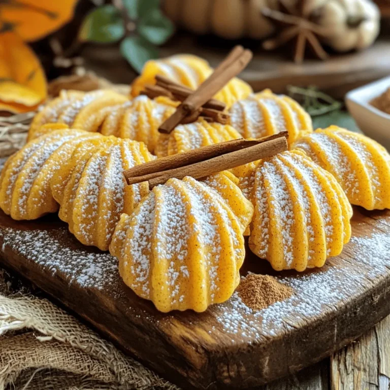 To make Pumpkin Spice French Madeleines, you need these key ingredients: - 1 cup all-purpose flour - 1 teaspoon baking powder - 1 teaspoon pumpkin pie spice - 1/4 teaspoon salt - 1/2 cup unsalted butter, melted - 3/4 cup granulated sugar - 2 large eggs - 1/2 teaspoon vanilla extract - 1/2 cup pumpkin puree - Powdered sugar for dusting These ingredients create a soft, fluffy treat that bursts with pumpkin flavor. If you have common allergens, here are some substitutions: - For gluten-free, use a 1:1 gluten-free flour blend. - If you are dairy-free, try using coconut oil instead of butter. - For egg-free, use flax eggs (1 tablespoon flaxseed meal + 2.5 tablespoons water = 1 egg). The key tool for this recipe is a madeleine pan. This pan has unique shell shapes that give madeleines their classic form. It is important because it helps create the perfect texture. Without it, your madeleines won’t have their lovely shape. You will also need: - Mixing bowls for combining ingredients. - A whisk for mixing dry and wet ingredients well. - A spatula for folding the batter gently. - An oven to bake the madeleines evenly. These tools make the process smooth and fun! Each one plays a role in crafting delicious madeleines that you can share with friends or enjoy solo. 1. Preheat the oven: Set your oven to 350°F (175°C). This helps the madeleines bake evenly. 2. Prepare the madeleine pan: Grease the pan with butter or use non-stick spray. A well-greased pan ensures easy removal. 3. Combine dry ingredients: In a bowl, whisk together: - 1 cup all-purpose flour - 1 teaspoon baking powder - 1 teaspoon pumpkin pie spice - 1/4 teaspoon salt Mixing these ingredients is crucial. It ensures that the baking powder and spices are evenly spread throughout the batter. 4. Beat the wet mixture: In a large bowl, mix: - 1/2 cup unsalted butter, melted - 3/4 cup granulated sugar Whisk until it becomes creamy. 5. Add eggs: Add 2 large eggs, one at a time. Beat well after each egg. This helps to incorporate air, making the madeleines light and fluffy. 6. Incorporate flavors: Stir in: - 1/2 teaspoon vanilla extract - 1/2 cup pumpkin puree Mix until everything is well combined. 7. Combine wet and dry: Gradually fold the dry mixture into the wet mixture. Be gentle—some lumps are okay. Overmixing can make the madeleines tough. 8. Fill the pan: Spoon the batter into the prepared madeleine pan. Fill each mold about three-quarters full for the best shape. 9. Bake: Place the pan in the oven and bake for 10-12 minutes. Look for golden edges. The tops should spring back when you gently press them. 10. Cool down: Remove from the oven. Let the madeleines cool in the pan for a few minutes. Then, transfer them to a wire rack. 11. Final touch: Once cooled, dust with powdered sugar. This adds a nice finish and sweetness. These steps ensure you achieve that perfect texture and flavor in your pumpkin spice French madeleines. For the complete recipe, check out the [Full Recipe]. To make great madeleines, start with the batter. Mix your ingredients gently. Overmixing can ruin the fluffy texture. Just fold until you see no dry flour. It’s okay if some lumps remain. After baking, let the madeleines cool in the pan for a few minutes. This helps them keep their shape. Then, transfer them to a wire rack. Cooling them completely on the rack is key. For the final touch, dust them with powdered sugar. This adds a sweet look and taste. One common mistake is overmixing the batter. Overmixing creates a dense texture. You want them light and airy, so mix carefully. Another issue is baking time. Different ovens can change how long you bake. Keep an eye on your madeleines. They should look golden on the edges. If your oven runs hot, check them a few minutes early. Trust your instincts for the best results. {{image_2}} You can change the flavor of your madeleines easily. Adding chocolate chips can bring a rich taste. Try folding in nuts, like walnuts or pecans, for a crunchy bite. You can also mix spices. Use cinnamon or nutmeg for a twist on the classic pumpkin spice. Each option adds a unique flavor, making these treats even more fun. If you need gluten-free madeleines, swap all-purpose flour for a gluten-free blend. These blends often work well in baked goods. For a vegan version, use flax eggs instead of real eggs. To replace butter, try using coconut oil or applesauce. These changes keep the taste great while fitting your diet. To keep your madeleines fresh, store them in an airtight container. This helps prevent them from drying out. Place parchment paper between layers to avoid sticking. They stay good for up to three days at room temperature. For longer storage, you can freeze them. Freezing madeleines is easy. Let them cool completely first. Then, wrap each one in plastic wrap. Place them in a freezer bag or container. They will last for up to three months in the freezer. When you want to enjoy them, just take out what you need. To reheat madeleines, use an oven for the best results. Preheat your oven to 350°F (175°C). Place the madeleines on a baking sheet for about five minutes. This keeps them warm and soft. You can also use a microwave. Heat them for about 10-15 seconds. Be careful not to overheat, as they can dry out quickly. Serve warm, dusted with powdered sugar for a nice touch. Enjoy them with coffee or tea for a cozy treat! You can tell when madeleines are done by looking for a few signs. First, check the edges. They should be golden brown. Next, gently press the tops. They should spring back easily. If they stay dented, they need more time. The baking time is usually 10 to 12 minutes. Ovens vary, so keep an eye on them. Yes, you can use fresh pumpkin. However, the texture may change. Fresh pumpkin often has more moisture than canned. This can make your batter wetter. You may need to adjust the flour to balance it out. Cook the fresh pumpkin first to reduce moisture. Then, mash it well before adding it to your batter. You have many options for spices! Cinnamon adds warmth and sweetness. Nutmeg gives a nice kick. Ginger can add a zesty flavor. Cloves bring in a deeper spice note. Feel free to mix and match. Experimenting with spices can lead to fun new flavors in your madeleines! Madeleines are delightful, but making them takes careful steps and attention. You learned about the key ingredients needed and the tools that help you bake perfectly. We discussed mixing, baking, and ways to avoid common mistakes. You can even try different flavors, like chocolate or spices. Storage tips will help you enjoy madeleines longer. Remember, with practice, you will master this classic treat. Enjoy your journey with madeleines!