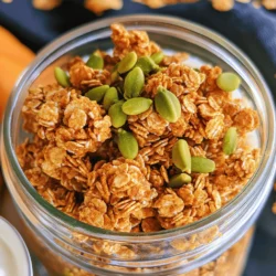 To make these tasty granola clusters, you need a few key ingredients. Here’s what you’ll need: - 2 cups rolled oats - 1 cup pumpkin puree - 1/2 cup honey or maple syrup - 1/2 cup almond butter (or any nut butter) - 1 teaspoon vanilla extract - 1 tablespoon pumpkin pie spice - 1/2 teaspoon salt - 1/2 cup chopped nuts (like pecans or walnuts) - 1/2 cup dried cranberries or raisins - 1/4 cup pepitas (pumpkin seeds) These ingredients blend to create a crunchy, flavorful snack. The oats form the base, while the pumpkin puree adds moisture and flavor. Honey or maple syrup gives sweetness, and nut butter helps bind it all together. You can change up the recipe with some optional ingredients. This adds your personal touch! Consider adding: - Coconut flakes for extra texture - Dark chocolate chips for sweetness - Sunflower seeds for crunch - Chia seeds for added nutrition These additions allow you to create a granola that suits your taste. This recipe offers a balance of nutrients. Each serving provides: - Calories: About 200 - Protein: 5 grams - Fiber: 4 grams - Healthy fats: 10 grams The granola clusters are packed with fiber and healthy fats, making them a great snack. They keep you full and energized! You can find the full recipe in the earlier section. Enjoy making your delicious pumpkin spice granola clusters! Start by preheating your oven to 350°F (175°C). This heat helps your granola bake evenly. While it heats, line a baking sheet with parchment paper. This step keeps the granola from sticking. You want to make cleanup easy! In a large mixing bowl, put the rolled oats, pumpkin pie spice, and salt. Stir these dry ingredients together. Mixing well ensures every bite has that lovely spice. It makes your granola flavorful and tasty. In another bowl, add the pumpkin puree, honey (or maple syrup), almond butter, and vanilla extract. Whisk these wet ingredients together until they are smooth. This mixture adds moisture and sweetness. It is the heart of your granola clusters. Pour the wet mixture into the dry bowl. Mix everything until the oats are coated well. It should look sticky and thick. This step is key for forming nice clusters. Transfer the mixture to the lined baking sheet. Press it down firmly into an even layer. Bake for 25-30 minutes. Look for a golden brown color. It should feel firm to the touch when done. Let the granola cool completely on the baking sheet. This cooling time helps it set and form clusters. Once cool, break it into pieces. Store your granola in an airtight container. It stays fresh for days. For the full recipe, check out my detailed instructions above! To get crunchy and flavorful granola clusters, you need to focus on the right texture. Use rolled oats as they provide a hearty base. When mixing, ensure every oat is coated in the wet mix. This helps bind the clusters together. Press the mixture down firmly on the baking sheet. This step keeps clusters from falling apart. Bake until golden brown. The longer they bake, the crunchier they get. Just watch them closely to avoid burning. Crumbling can happen if the granola is not pressed firmly enough. Make sure to pack the mixture tightly on the baking sheet. You can also try adding more nut butter for extra binding. This will help hold everything together. When cutting the clusters, use a sharp knife. Avoid breaking them into smaller pieces. Let them cool completely before breaking apart. This helps keep their shape. Pumpkin spice granola clusters shine when served in many ways. You can eat them as a quick snack or with yogurt for breakfast. Pair them with a drizzle of honey for added sweetness. A sprinkle of extra pumpkin pie spice can enhance the flavor. For a fun twist, add them to your favorite smoothie. The clusters add a nice crunch. For the full recipe, be sure to check out the entire article. {{image_2}} You can make this recipe even healthier. Instead of honey, try using agave syrup or coconut sugar. These options lower the glycemic index. You can also swap almond butter for sunflower seed butter. This makes it nut-free and safe for kids with allergies. Want to kick up the flavor? Add some dark chocolate chips or cacao nibs. They pair well with pumpkin spice. You can also toss in seeds like sunflower or chia. They add crunch and boost the nutrition. Change the spices for a fun twist. For a Christmas version, use cinnamon and nutmeg. You can also add a splash of maple extract instead of vanilla. This gives your granola a warm, cozy flavor perfect for the winter months. Explore these variations to make your pumpkin spice granola clusters uniquely yours. For the full recipe, check the section above! To keep your pumpkin spice granola clusters fresh, store them in an airtight container. This helps keep moisture out and keeps the clusters crunchy. You can use glass jars or plastic containers. If you want to keep them extra fresh, add a piece of parchment paper to absorb any moisture. Homemade granola clusters can last up to two weeks when stored properly. If you want them to last longer, you can freeze them. Just place the clusters in a freezer-safe bag. They can last up to three months in the freezer. If your granola clusters lose some crunch, you can refresh them easily. Preheat your oven to 300°F (150°C). Spread the clusters on a baking sheet and heat for about 5 to 10 minutes. This will revive their crunchiness. Let them cool before storing them again. For the full recipe, check out the details above. Enjoy your tasty snack! To make gluten-free pumpkin spice granola clusters, use gluten-free oats. They are key for this recipe. Substitute regular oats with certified gluten-free ones. The rest of the ingredients in the recipe are naturally gluten-free. This way, you can still enjoy the crunchy and flavorful snack without worry. Yes, you can use different nuts and fruits. Almonds, cashews, or hazelnuts work well in this recipe. For fruits, try dried apples, mango, or cherries. Feel free to mix and match based on your taste. This adds variety and keeps your granola exciting. You can find pre-made pumpkin spice granola clusters at many grocery stores. Look in the snack aisle or the health food section. Some brands sell them online as well. However, making them at home gives you control over the ingredients and flavor. You can substitute pumpkin puree with applesauce or mashed bananas. These options keep the granola moist. If you want a different flavor, try sweet potato puree. Each substitute will change the taste slightly but will still create tasty clusters. You’ve learned how to make delicious pumpkin spice granola clusters. We covered key ingredients, step-by-step instructions, and tips for the best texture. You now know how to customize flavors and store your granola properly. With these insights, you can create a tasty treat that’s perfect for any season. Enjoy making your own unique version and sharing it with friends and family. Happy baking!