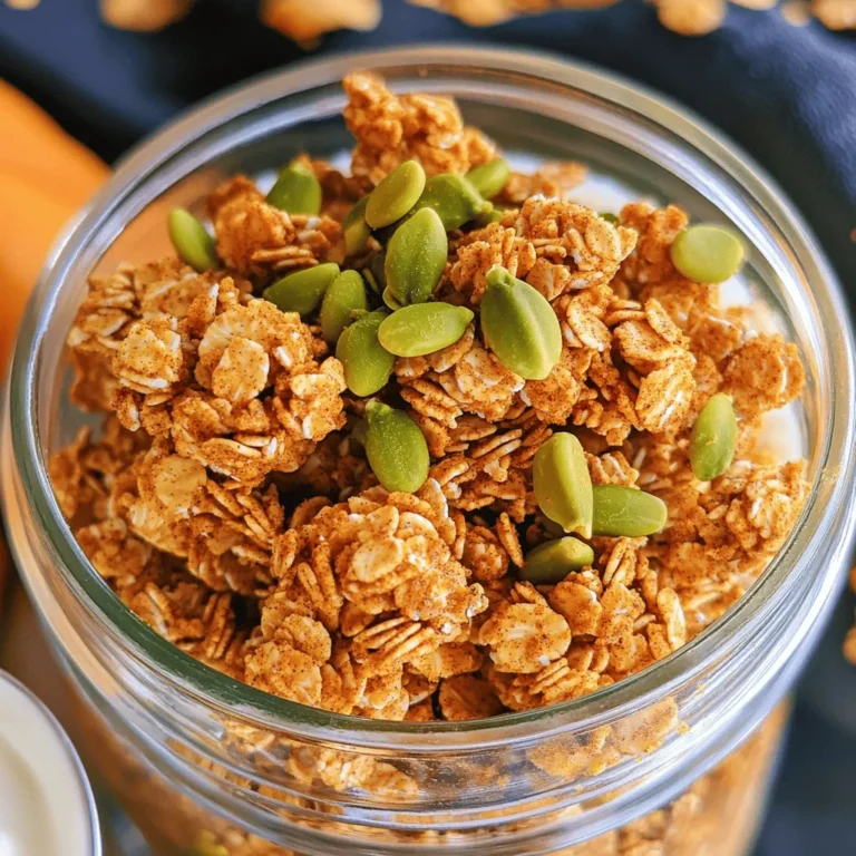 To make these tasty granola clusters, you need a few key ingredients. Here’s what you’ll need: - 2 cups rolled oats - 1 cup pumpkin puree - 1/2 cup honey or maple syrup - 1/2 cup almond butter (or any nut butter) - 1 teaspoon vanilla extract - 1 tablespoon pumpkin pie spice - 1/2 teaspoon salt - 1/2 cup chopped nuts (like pecans or walnuts) - 1/2 cup dried cranberries or raisins - 1/4 cup pepitas (pumpkin seeds) These ingredients blend to create a crunchy, flavorful snack. The oats form the base, while the pumpkin puree adds moisture and flavor. Honey or maple syrup gives sweetness, and nut butter helps bind it all together. You can change up the recipe with some optional ingredients. This adds your personal touch! Consider adding: - Coconut flakes for extra texture - Dark chocolate chips for sweetness - Sunflower seeds for crunch - Chia seeds for added nutrition These additions allow you to create a granola that suits your taste. This recipe offers a balance of nutrients. Each serving provides: - Calories: About 200 - Protein: 5 grams - Fiber: 4 grams - Healthy fats: 10 grams The granola clusters are packed with fiber and healthy fats, making them a great snack. They keep you full and energized! You can find the full recipe in the earlier section. Enjoy making your delicious pumpkin spice granola clusters! Start by preheating your oven to 350°F (175°C). This heat helps your granola bake evenly. While it heats, line a baking sheet with parchment paper. This step keeps the granola from sticking. You want to make cleanup easy! In a large mixing bowl, put the rolled oats, pumpkin pie spice, and salt. Stir these dry ingredients together. Mixing well ensures every bite has that lovely spice. It makes your granola flavorful and tasty. In another bowl, add the pumpkin puree, honey (or maple syrup), almond butter, and vanilla extract. Whisk these wet ingredients together until they are smooth. This mixture adds moisture and sweetness. It is the heart of your granola clusters. Pour the wet mixture into the dry bowl. Mix everything until the oats are coated well. It should look sticky and thick. This step is key for forming nice clusters. Transfer the mixture to the lined baking sheet. Press it down firmly into an even layer. Bake for 25-30 minutes. Look for a golden brown color. It should feel firm to the touch when done. Let the granola cool completely on the baking sheet. This cooling time helps it set and form clusters. Once cool, break it into pieces. Store your granola in an airtight container. It stays fresh for days. For the full recipe, check out my detailed instructions above! To get crunchy and flavorful granola clusters, you need to focus on the right texture. Use rolled oats as they provide a hearty base. When mixing, ensure every oat is coated in the wet mix. This helps bind the clusters together. Press the mixture down firmly on the baking sheet. This step keeps clusters from falling apart. Bake until golden brown. The longer they bake, the crunchier they get. Just watch them closely to avoid burning. Crumbling can happen if the granola is not pressed firmly enough. Make sure to pack the mixture tightly on the baking sheet. You can also try adding more nut butter for extra binding. This will help hold everything together. When cutting the clusters, use a sharp knife. Avoid breaking them into smaller pieces. Let them cool completely before breaking apart. This helps keep their shape. Pumpkin spice granola clusters shine when served in many ways. You can eat them as a quick snack or with yogurt for breakfast. Pair them with a drizzle of honey for added sweetness. A sprinkle of extra pumpkin pie spice can enhance the flavor. For a fun twist, add them to your favorite smoothie. The clusters add a nice crunch. For the full recipe, be sure to check out the entire article. {{image_2}} You can make this recipe even healthier. Instead of honey, try using agave syrup or coconut sugar. These options lower the glycemic index. You can also swap almond butter for sunflower seed butter. This makes it nut-free and safe for kids with allergies. Want to kick up the flavor? Add some dark chocolate chips or cacao nibs. They pair well with pumpkin spice. You can also toss in seeds like sunflower or chia. They add crunch and boost the nutrition. Change the spices for a fun twist. For a Christmas version, use cinnamon and nutmeg. You can also add a splash of maple extract instead of vanilla. This gives your granola a warm, cozy flavor perfect for the winter months. Explore these variations to make your pumpkin spice granola clusters uniquely yours. For the full recipe, check the section above! To keep your pumpkin spice granola clusters fresh, store them in an airtight container. This helps keep moisture out and keeps the clusters crunchy. You can use glass jars or plastic containers. If you want to keep them extra fresh, add a piece of parchment paper to absorb any moisture. Homemade granola clusters can last up to two weeks when stored properly. If you want them to last longer, you can freeze them. Just place the clusters in a freezer-safe bag. They can last up to three months in the freezer. If your granola clusters lose some crunch, you can refresh them easily. Preheat your oven to 300°F (150°C). Spread the clusters on a baking sheet and heat for about 5 to 10 minutes. This will revive their crunchiness. Let them cool before storing them again. For the full recipe, check out the details above. Enjoy your tasty snack! To make gluten-free pumpkin spice granola clusters, use gluten-free oats. They are key for this recipe. Substitute regular oats with certified gluten-free ones. The rest of the ingredients in the recipe are naturally gluten-free. This way, you can still enjoy the crunchy and flavorful snack without worry. Yes, you can use different nuts and fruits. Almonds, cashews, or hazelnuts work well in this recipe. For fruits, try dried apples, mango, or cherries. Feel free to mix and match based on your taste. This adds variety and keeps your granola exciting. You can find pre-made pumpkin spice granola clusters at many grocery stores. Look in the snack aisle or the health food section. Some brands sell them online as well. However, making them at home gives you control over the ingredients and flavor. You can substitute pumpkin puree with applesauce or mashed bananas. These options keep the granola moist. If you want a different flavor, try sweet potato puree. Each substitute will change the taste slightly but will still create tasty clusters. You’ve learned how to make delicious pumpkin spice granola clusters. We covered key ingredients, step-by-step instructions, and tips for the best texture. You now know how to customize flavors and store your granola properly. With these insights, you can create a tasty treat that’s perfect for any season. Enjoy making your own unique version and sharing it with friends and family. Happy baking!