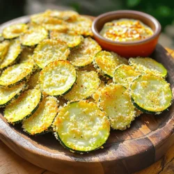 - 2 medium zucchinis, sliced into thin rounds - 1 cup grated Parmesan cheese - 1 cup breadcrumbs - 1 teaspoon garlic powder - 1 teaspoon onion powder - 1 teaspoon paprika - Salt and pepper to taste - Olive oil spray You can switch breadcrumbs for crushed nuts or cornmeal for a gluten-free option. Instead of Parmesan, try using Pecorino Romano for a sharper taste. If you want more flavor, add spices like cayenne pepper, or dried herbs such as oregano or thyme. You can even mix in some lemon zest for a fresh twist. 1. First, preheat your oven to 425°F (220°C). This will help the chips get nice and crispy. 2. Line a baking sheet with parchment paper. This makes cleanup easy. 3. Next, wash the zucchinis under cool water. This removes any dirt or grit. 4. Slice the zucchinis into thin rounds, about 1/4 inch thick. Try to keep them uniform for even cooking. 1. In a shallow bowl, mix the grated Parmesan cheese, breadcrumbs, garlic powder, onion powder, paprika, salt, and pepper. This blend adds great flavor. 2. Take each zucchini slice and spray both sides lightly with olive oil. This helps the coating stick well. 3. Dip each slice into the breadcrumb mixture. Press gently to coat both sides evenly. 1. Arrange the coated zucchini slices in a single layer on the prepared baking sheet. Make sure they do not overlap. 2. Bake in the preheated oven for 20-25 minutes. Flip the chips halfway through for even browning. 3. When they are golden and crispy, remove them from the oven. Let them cool for a few minutes to crisp up more. For the full recipe, check the details above. Enjoy your homemade Baked Parmesan Zucchini Chips! To make great zucchini chips, slice your zucchinis evenly. Thin, uniform slices help them cook at the same rate. If some slices are thick, they may not get crispy. Aim for about 1/4-inch thick rounds for the best results. Also, ensure your oven is set to the right temperature. Preheat it to 425°F (220°C). A hot oven helps the chips crisp up quickly. If your oven runs cool, they may turn out soggy instead of crunchy. You can serve these chips in fun ways. Try placing them in a colorful bowl or on a wooden platter. This makes for a great snack at parties or family gatherings. For dips, I love pairing these chips with a zesty yogurt dip or marinara sauce. The cool dip contrasts nicely with the warm, crispy chips. You can also explore other dips, like ranch or hummus, for a tasty twist. For the full recipe, check out the earlier section. Enjoy your delicious, crunchy snack! {{image_2}} You can play with flavors in your Baked Parmesan Zucchini Chips. One easy way is to add herbs like oregano or thyme. These will give your chips a fresh taste. Just mix a teaspoon of your chosen herb into the breadcrumb mixture. Another fun option is to spice it up with cayenne pepper. If you like heat, add 1/4 teaspoon of cayenne to the mix. This will give your chips a nice kick! If you need gluten-free options, there are great substitutions. Use gluten-free breadcrumbs instead of regular ones. They work just as well and keep the chips crispy. For a vegan option, you can swap out the Parmesan cheese for nutritional yeast. This gives a cheesy flavor without using dairy. Just sprinkle a generous amount into the breadcrumb mix. Whether you choose gluten-free or vegan, your chips will still taste amazing! For the complete recipe details, check out the Full Recipe. To keep your baked Parmesan zucchini chips fresh, use an airtight container. This type of container helps prevent moisture from making them soggy. Line the bottom with paper towels. This absorbs any excess moisture. Place the chips in a single layer if possible. If you have many chips, use multiple layers of paper towels between them. Store them in the fridge for up to three days. To bring back the crispiness of your zucchini chips, use an oven or an air fryer. Preheat your oven to 375°F (190°C). Spread the chips in a single layer on a baking sheet. Heat them for about 5-10 minutes. Check often to make sure they do not burn. If using an air fryer, set it to 350°F (175°C) for 3-5 minutes. Both methods help regain the crispiness you want. Enjoy your chips as if they were just made! For the full recipe, check out the previous section. How long does it take to make Baked Parmesan Zucchini Chips? It takes about 35 minutes to make these chips. You spend 10 minutes on prep and 25 minutes baking. Can I make these chips in an air fryer? Yes, you can use an air fryer! Set it to 400°F (200°C) and cook for about 10 to 15 minutes. Flip them halfway through for even crispiness. Are Baked Parmesan Zucchini Chips healthy? Yes, they are a healthy snack option. Zucchini is low in calories and high in vitamins. Using whole wheat breadcrumbs adds fiber too. Why are my zucchini chips soggy? Soggy chips often come from moisture in the zucchini. Make sure to slice them thinly. You can also pat them dry before coating. How can I make them less greasy? To reduce greasiness, use less olive oil spray. A light coat is enough to help the coating stick. You can also use a baking rack to allow air flow. Baked Parmesan Zucchini Chips offer a tasty snack with simple steps. We covered the ingredients, preparation, and baking methods. You can even try fun variations and substitutions. It's easy to store leftovers and reheat them for that perfect crunch. These tips make the process simple and enjoyable. Experimenting with flavors keeps the dish exciting. I hope you dive in and make your own. Enjoy your healthy snack today!