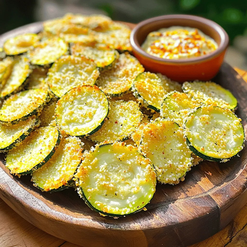 - 2 medium zucchinis, sliced into thin rounds - 1 cup grated Parmesan cheese - 1 cup breadcrumbs - 1 teaspoon garlic powder - 1 teaspoon onion powder - 1 teaspoon paprika - Salt and pepper to taste - Olive oil spray You can switch breadcrumbs for crushed nuts or cornmeal for a gluten-free option. Instead of Parmesan, try using Pecorino Romano for a sharper taste. If you want more flavor, add spices like cayenne pepper, or dried herbs such as oregano or thyme. You can even mix in some lemon zest for a fresh twist. 1. First, preheat your oven to 425°F (220°C). This will help the chips get nice and crispy. 2. Line a baking sheet with parchment paper. This makes cleanup easy. 3. Next, wash the zucchinis under cool water. This removes any dirt or grit. 4. Slice the zucchinis into thin rounds, about 1/4 inch thick. Try to keep them uniform for even cooking. 1. In a shallow bowl, mix the grated Parmesan cheese, breadcrumbs, garlic powder, onion powder, paprika, salt, and pepper. This blend adds great flavor. 2. Take each zucchini slice and spray both sides lightly with olive oil. This helps the coating stick well. 3. Dip each slice into the breadcrumb mixture. Press gently to coat both sides evenly. 1. Arrange the coated zucchini slices in a single layer on the prepared baking sheet. Make sure they do not overlap. 2. Bake in the preheated oven for 20-25 minutes. Flip the chips halfway through for even browning. 3. When they are golden and crispy, remove them from the oven. Let them cool for a few minutes to crisp up more. For the full recipe, check the details above. Enjoy your homemade Baked Parmesan Zucchini Chips! To make great zucchini chips, slice your zucchinis evenly. Thin, uniform slices help them cook at the same rate. If some slices are thick, they may not get crispy. Aim for about 1/4-inch thick rounds for the best results. Also, ensure your oven is set to the right temperature. Preheat it to 425°F (220°C). A hot oven helps the chips crisp up quickly. If your oven runs cool, they may turn out soggy instead of crunchy. You can serve these chips in fun ways. Try placing them in a colorful bowl or on a wooden platter. This makes for a great snack at parties or family gatherings. For dips, I love pairing these chips with a zesty yogurt dip or marinara sauce. The cool dip contrasts nicely with the warm, crispy chips. You can also explore other dips, like ranch or hummus, for a tasty twist. For the full recipe, check out the earlier section. Enjoy your delicious, crunchy snack! {{image_2}} You can play with flavors in your Baked Parmesan Zucchini Chips. One easy way is to add herbs like oregano or thyme. These will give your chips a fresh taste. Just mix a teaspoon of your chosen herb into the breadcrumb mixture. Another fun option is to spice it up with cayenne pepper. If you like heat, add 1/4 teaspoon of cayenne to the mix. This will give your chips a nice kick! If you need gluten-free options, there are great substitutions. Use gluten-free breadcrumbs instead of regular ones. They work just as well and keep the chips crispy. For a vegan option, you can swap out the Parmesan cheese for nutritional yeast. This gives a cheesy flavor without using dairy. Just sprinkle a generous amount into the breadcrumb mix. Whether you choose gluten-free or vegan, your chips will still taste amazing! For the complete recipe details, check out the Full Recipe. To keep your baked Parmesan zucchini chips fresh, use an airtight container. This type of container helps prevent moisture from making them soggy. Line the bottom with paper towels. This absorbs any excess moisture. Place the chips in a single layer if possible. If you have many chips, use multiple layers of paper towels between them. Store them in the fridge for up to three days. To bring back the crispiness of your zucchini chips, use an oven or an air fryer. Preheat your oven to 375°F (190°C). Spread the chips in a single layer on a baking sheet. Heat them for about 5-10 minutes. Check often to make sure they do not burn. If using an air fryer, set it to 350°F (175°C) for 3-5 minutes. Both methods help regain the crispiness you want. Enjoy your chips as if they were just made! For the full recipe, check out the previous section. How long does it take to make Baked Parmesan Zucchini Chips? It takes about 35 minutes to make these chips. You spend 10 minutes on prep and 25 minutes baking. Can I make these chips in an air fryer? Yes, you can use an air fryer! Set it to 400°F (200°C) and cook for about 10 to 15 minutes. Flip them halfway through for even crispiness. Are Baked Parmesan Zucchini Chips healthy? Yes, they are a healthy snack option. Zucchini is low in calories and high in vitamins. Using whole wheat breadcrumbs adds fiber too. Why are my zucchini chips soggy? Soggy chips often come from moisture in the zucchini. Make sure to slice them thinly. You can also pat them dry before coating. How can I make them less greasy? To reduce greasiness, use less olive oil spray. A light coat is enough to help the coating stick. You can also use a baking rack to allow air flow. Baked Parmesan Zucchini Chips offer a tasty snack with simple steps. We covered the ingredients, preparation, and baking methods. You can even try fun variations and substitutions. It's easy to store leftovers and reheat them for that perfect crunch. These tips make the process simple and enjoyable. Experimenting with flavors keeps the dish exciting. I hope you dive in and make your own. Enjoy your healthy snack today!