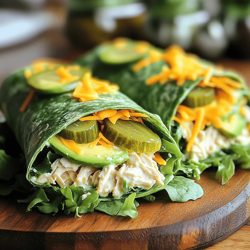 - 2 large chicken breasts, cooked and shredded - ½ cup ranch dressing - 1 cup dill pickles, chopped - 1 ripe avocado, sliced - 4 large tortillas (spinach or whole wheat) - 1 cup mixed greens (arugula, spinach, or romaine) - ¼ cup shredded cheddar cheese - Salt and pepper to taste - Paprika Gathering the right ingredients is key for making Pickle Ranch Chicken and Avocado Wraps. Start with chicken. You want cooked chicken breasts, shredded fine for easy mixing. Ranch dressing adds a creamy, tangy flavor. Chopped dill pickles give that crunch and zing. Avocado brings rich creaminess, adding depth to each bite. Next, choose your tortillas. Spinach or whole wheat both work well. They hold the filling nicely. For added freshness, grab some mixed greens. They add color and nutrition. Shredded cheddar cheese gives a cheesy bite. Finally, don’t forget salt and pepper for seasoning. If you want to boost flavor, paprika makes a great garnish. It adds a pop of color and taste. Each ingredient plays a part in making these wraps a delight. For the full recipe, check out the details above. - Shredding the chicken Begin by taking your cooked chicken breasts. Use two forks to shred the meat into small pieces. This makes it easy to mix with the ranch dressing. - Chopping the pickles Next, grab your dill pickles. Slice them into small chunks. The pickles add a nice crunch and tang to the wraps. - Laying the tortilla Take a large tortilla and lay it flat on a clean surface. This is your base for the wrap. - Adding mixed greens and filling Put a handful of mixed greens in the center of the tortilla. Then, add a scoop of the chicken mixture on top. Follow with a few slices of avocado. Lastly, sprinkle some shredded cheddar cheese on the filling. - Seasoning Sprinkle salt and pepper over the filling to taste. If you like, add a dash of paprika for some extra flavor. - Rolling up the wraps Fold the sides of the tortilla inward. Then, roll it tightly from the bottom to the top. This keeps all the tasty filling inside. Once you finish, slice each wrap in half for easy eating. Enjoy your Pickle Ranch Chicken and Avocado Wraps! For more details, check out the Full Recipe. For the best chicken, you can use different cooking methods. Grilling gives a nice char, while baking keeps it juicy. I prefer grilling for a smoky flavor. To shred the chicken, use two forks. Hold one fork steady, and pull the chicken apart with the other. This method makes quick work of it. You can make your wraps even tastier with extra flavors. Try different dressings like buffalo or honey mustard. These add a fun twist to the ranch. Spices and herbs can also boost the taste. Consider adding garlic powder, onion powder, or fresh herbs like cilantro. A little paprika brings warmth and color, too. Pair your wraps with simple sides. A fresh salad works well, or you can serve chips for crunch. Dips like guacamole or salsa add extra flavor and fun. These wraps are also great for lunch boxes. Wrap them tight in foil, and they stay fresh. Enjoying your meal on the go is easy with these tasty wraps. {{image_2}} You can switch up the protein in your wraps. If you want a lighter option, try turkey. It pairs well with the ranch dressing and pickles. Just shred the cooked turkey like you would chicken. For a plant-based choice, use tofu. Press and cube the tofu, then sauté it until golden. This gives it a nice texture and flavor. Tortillas come in many styles. Whole wheat tortillas add fiber and taste. Spinach tortillas bring a fun color and extra nutrients. If you need a gluten-free option, look for corn tortillas. They work well and keep the wraps tasty. To make your wraps even better, add spices or herbs. A dash of garlic powder or onion powder can enhance the flavor. Fresh herbs like cilantro or parsley add brightness. If you want a kick, sprinkle in some cayenne pepper or chili flakes. You can also try toppings like sliced jalapeños or crunchy lettuce for extra texture. For more details on making these delicious wraps, check out the Full Recipe. Store your leftover wraps in the fridge. Wrap them tightly in foil or plastic wrap. This keeps them fresh. You can also use an airtight container. They last for about 3 days in the fridge. Freezing is a great option for meal prep. Wrap each one tightly in foil. Place them in a freezer bag to avoid freezer burn. They can last up to 2 months in the freezer. To reheat, unwrap the foil and place the wrap in the microwave. Heat for 1 to 2 minutes until warm. You can also use an oven at 350°F for about 10-15 minutes. You can prepare the filling ahead of time. This makes assembling quick and easy. Store the filling in the fridge for up to 2 days. When you're ready to eat, simply lay out a tortilla. Add mixed greens and the filling. Then, roll it up, and enjoy a fresh meal in minutes. Yes, you can use pre-cooked chicken. It saves time and effort. Pre-cooked chicken is also easy to shred. This gives you a quick way to enjoy your wraps. Just ensure it's well-seasoned. You can use rotisserie chicken for great flavor. It makes meal prep faster, letting you enjoy more time with family. To keep your wraps fresh, use these tips: - Use fresh tortillas. - Spread ranch dressing thinly. - Add greens last, right before serving. - Keep wraps wrapped in parchment paper until you eat. These small steps help keep your tortillas crisp and tasty. Great side dishes include: - Crispy potato chips - Fresh fruit salad - Veggie sticks with dip - Coleslaw These sides pair well with the wraps’ flavors. They add texture and color to your meal. Yes, you can prep the wraps ahead of time. Here’s how: - Assemble your wraps but don’t cut them. - Wrap each one tightly in foil or plastic wrap. - Store them in the fridge for up to two days. This way, they stay fresh and tasty until you’re ready to eat. You can easily modify the recipe for different diets: - For gluten-free, use corn tortillas. - For dairy-free, skip the cheese or use a plant-based version. - For vegetarian options, substitute chicken with grilled veggies or tofu. These changes make the wraps fit for everyone at the table. In this blog post, we explored how to make Pickle Ranch Chicken and Avocado Wraps. We discussed the main and additional ingredients, along with tips for cooking and seasoning. I shared various ways to customize your wraps and guidelines for storing leftovers. Wraps are a simple, tasty meal option. Try mixing flavors and ingredients to find what you love. Enjoy making these wraps for your next meal or snack, and don't hesitate to experiment!
