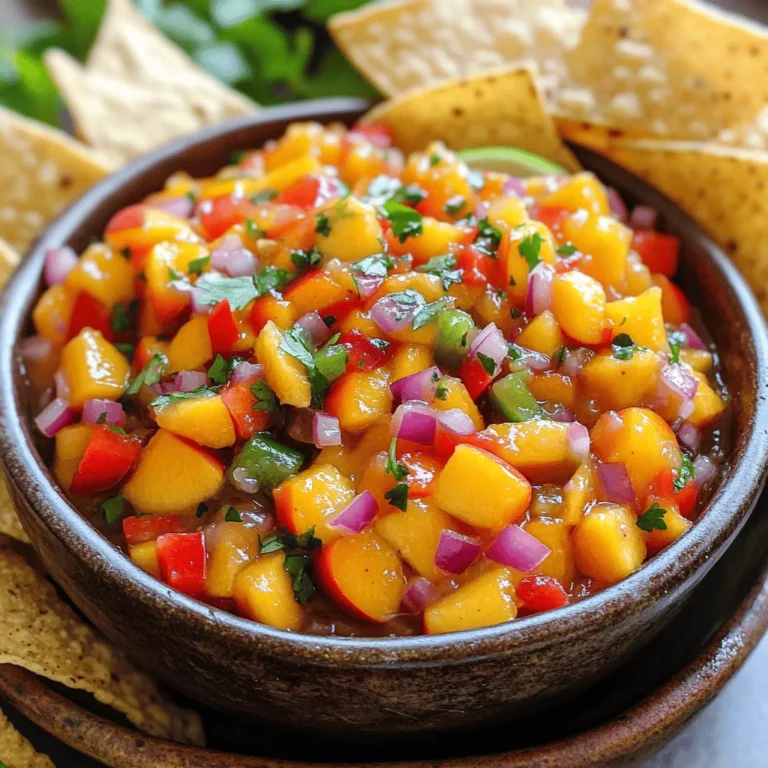 To create a delicious fresh peach salsa, you need some simple ingredients. Here’s what you’ll need: - Ripe peaches - Red bell pepper - Red onion - Jalapeño - Fresh cilantro - Lime juice - Salt and pepper - Honey (optional) Ripe peaches are key because they add sweetness and juiciness. Look for peaches that give slightly when pressed. The red bell pepper adds crunch and color. The red onion gives a sharp flavor, while jalapeño adds heat. You can choose how spicy you want it by adjusting the amount. Fresh cilantro brings a bright flavor to the salsa. Lime juice adds tang and keeps the peaches fresh. Salt and pepper enhance all the flavors. If you like a hint of sweetness, consider adding honey; it balances the salsa nicely. With these ingredients, you are ready to make a fresh peach salsa that is perfect for summer. For the full recipe, check out the details above. 1. Washing and dicing peaches: Start by washing the peaches well under cold water. This step is key for freshness. Cut each peach in half and remove the pit. Dice the peach flesh into small cubes. Aim for about one-inch pieces, so they blend well. 2. Mixing ingredients in a bowl: Grab a large mixing bowl. Add the diced peaches, half a finely chopped red bell pepper, and a quarter of a finely chopped red onion. Now, dice one jalapeño, removing the seeds for less heat. Add it to the bowl along with fresh cilantro. 3. Incorporating lime juice and seasoning: Squeeze the juice of one lime over the mix. This adds tang and helps keep the peaches bright. Season with salt and pepper to your taste. If you like a bit of sweetness, stir in one teaspoon of honey. - Gently folding in ingredients: With a spatula, gently fold the mixture. Be careful not to mash the peaches; you want to keep that chunky texture. This step is all about blending flavors without losing the peach shape. - Letting the salsa sit for flavor melding: After mixing, let the salsa sit for at least 15 minutes. This time allows all the flavors to meld together. The waiting can be hard, but trust me, it’s worth it. You can enjoy it with tortilla chips or as a topping for grilled chicken or fish. Check out the Full Recipe for more details! To make great peach salsa, select the best peaches. Look for yellow or white peaches. They bring a sweet taste to your salsa. Some good types are Freestone and Clingstone. Freestone peaches come off the pit easily. Clingstone peaches stick to the pit but are also juicy. Check for ripeness when you buy peaches. A ripe peach feels soft but not mushy. The skin should have a rich color. Look for a sweet scent. If the peach is hard, give it time to ripen at room temperature. You can speed this up by placing them in a paper bag. You can make your peach salsa unique. If you like more heat, add extra jalapeños. For a smoky flavor, try chipotle peppers. Always taste as you go to find your perfect spice level. Consider adding other herbs, too. Fresh mint or basil adds a fun twist. You can also mix in fruits like mango or pineapple. They add extra sweetness and flavor. Experiment with what you enjoy! For more ideas, check the Full Recipe for different variations. Enjoy your peach salsa adventure! {{image_2}} You can make your peach salsa even more fun by adding mango or pineapple. These fruits add a sweet, tropical twist. When you mix them with peaches, the flavors become bright and fresh. Just chop the mango or pineapple into small pieces and fold them in with the other ingredients. This variation is perfect for summer parties or beach days. If you love heat, try making spicy peach salsa. You can add chipotle or serrano peppers for that extra kick. Slice the peppers finely and mix them in. The smoky flavor of chipotle or the bright heat of serrano will contrast nicely with the sweet peaches. Just be careful with the amount; you can always add more if you want more spice. This salsa is great on tacos or grilled meats. For a sweeter version, use more honey or add fruits like strawberries. The honey enhances the natural sweetness of the peaches. If you add strawberries, chop them small so they blend well. The bright red color also makes the salsa look more appealing. This sweet peach salsa pairs well with desserts or can be used as a topping for pancakes. For all these variations, feel free to adjust the sweetness or heat to match your taste. Each version gives a new twist to the classic recipe. For the full recipe, check out the detailed instructions above. To keep your fresh peach salsa tasty, store it in the right way. Use an airtight container. Glass or plastic containers both work well. Make sure the lid seals tight. This keeps air out and flavors in. Refrigerate your salsa as soon as possible. The cold helps preserve its bright flavor and crisp texture. It’s best to eat it fresh, but if you have leftovers, keep them chilled. Fresh peach salsa lasts about 3 to 5 days in the fridge. After that, the flavors fade, and the salsa may spoil. Look for signs of spoilage. If you see liquid pooling at the bottom or the salsa smells off, it’s time to toss it. Mold is another clear sign. If you notice any, do not eat it. Always use your senses to check if your salsa is still good. For the full recipe, check out the Peachy Paradise Salsa above! To make fresh peach salsa spicier, try these tips: - Add more jalapeño. Use a whole jalapeño instead of half. - Blend in diced serrano peppers for extra heat. - Include a dash of cayenne pepper for a kick. - Try a splash of hot sauce for a tangy heat. These options let you control the heat to fit your taste. Yes, you can make this salsa ahead of time. Prepare it up to a day in advance. Just store it in a sealed container in the fridge. This gives flavors time to blend. However, add the lime juice right before serving. This keeps the peaches fresh and bright. Fresh peach salsa pairs well with many dishes. Here are some ideas: - Serve it with tortilla chips for a tasty snack. - Use it as a topping on grilled chicken or fish. - Spoon it over tacos for a fruity twist. - Add it to salads for a burst of flavor. These pairings make your meals exciting and fresh. This blog post covered how to make fresh peach salsa using simple ingredients like ripe peaches and red onion. I walked you through preparation steps, flavor mixing, and customizing your recipe. Remember to choose the right peaches for the best taste and use the tips to modify spice levels. For variety, consider adding fruits like mango or adjusting the sweetness with honey. Store your salsa properly for freshness. Enjoy your vibrant salsa with dishes you love!