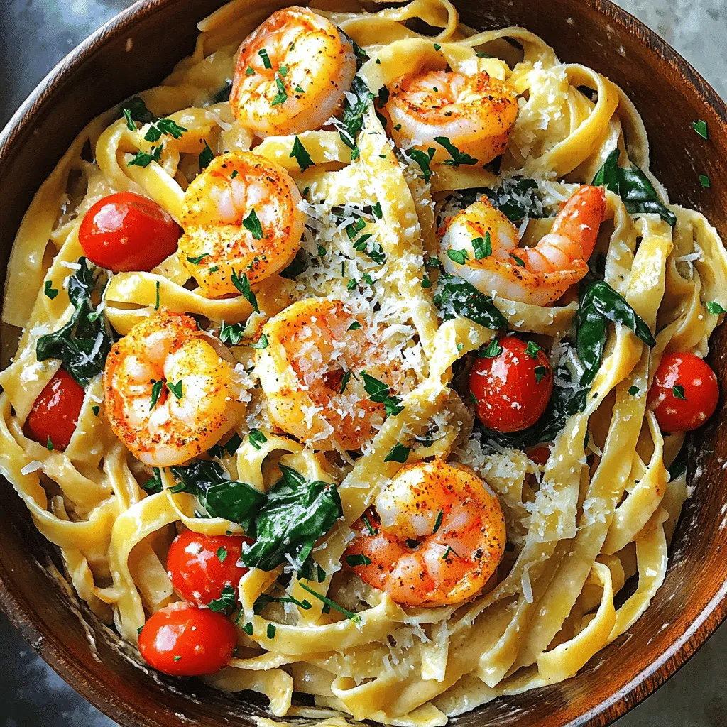 - 8 oz fettuccine pasta - 1 lb large shrimp, peeled and deveined - 1 tablespoon Cajun seasoning - 2 tablespoons olive oil - 1 medium onion, diced - 3 cloves garlic, minced - 1 cup heavy cream - 1 cup chicken broth - 1 cup cherry tomatoes, halved - 1 cup fresh spinach - Salt and pepper to taste - 1/4 cup grated Parmesan cheese - Fresh parsley, chopped (for garnish) - Try different seasonings for unique flavors - Use other pasta types like penne or linguine - Add extra vegetables like bell peppers or zucchini The core of this recipe lies in its balance of flavors. You need fettuccine pasta for that perfect base. Large shrimp provide a great protein boost, while Cajun seasoning adds a spicy kick. Olive oil is essential for sautéing and brings everything together. The additional ingredients enhance the dish. Diced onion and minced garlic build a flavorful base. Heavy cream and chicken broth create the rich sauce. Halved cherry tomatoes add sweetness, and fresh spinach gives a nice pop of color and nutrition. Don't forget salt and pepper to taste, plus Parmesan for that creamy finish! Optional ingredients allow you to customize the dish. Experiment with seasonings to find your favorite mix. You can also swap out pasta types or add extra vegetables for more texture and taste. For the full recipe, check out the details above. Enjoy your cooking adventure! 1. Cook the pasta and set aside Boil salted water in a large pot. Add 8 oz of fettuccine pasta. Cook until al dente, then drain. Set the pasta aside for later. 2. Toss the shrimp with Cajun seasoning In a bowl, add 1 lb of large shrimp. Sprinkle with 1 tablespoon of Cajun seasoning. Mix well to coat all the shrimp evenly. 1. Sauté the onion and garlic Heat 2 tablespoons of olive oil in a large skillet over medium heat. Add 1 diced medium onion. Cook for 3-4 minutes until soft. Stir in 3 minced garlic cloves and cook for another 1-2 minutes until fragrant. 2. Cook the shrimp until pink and opaque Add the seasoned shrimp to the skillet. Cook for about 3-4 minutes. The shrimp should turn pink and opaque. Remove the shrimp from the skillet and set aside. 1. Make the creamy sauce In the same skillet, pour in 1 cup of chicken broth. Bring to a gentle simmer. Gradually stir in 1 cup of heavy cream and let it simmer for about 5 minutes. This thickens the sauce slightly. 2. Mix in tomatoes and spinach, then combine with shrimp and pasta Add 1 cup of halved cherry tomatoes and 1 cup of fresh spinach to the skillet. Cook until the spinach wilts. Return the cooked shrimp to the skillet. Toss in the fettuccine pasta, mixing all the ingredients well. Adjust the seasoning with salt and pepper to taste. For the full recipe, refer to the earlier section. - To cook shrimp well, heat oil until hot. Add shrimp in a single layer. Cook for 3-4 minutes. When they turn pink, they are ready. - For a creamy sauce, let it simmer slowly. Stir in the heavy cream gradually. This helps it thicken nicely without clumping. - Want more kick? Add a pinch of cayenne or paprika. This boosts the Cajun flavor. - Fresh herbs like parsley and basil add bright taste. Dried herbs work too but use less. - Serve pasta in wide bowls for a nice look. This shows off the sauce and shrimp. - Garnish with parsley and a sprinkle of Parmesan cheese. This adds color and flavor. For the full recipe, check out the complete instructions to create this dish! {{image_2}} You can easily switch up the pasta. Try gluten-free pasta for a lighter option. Rice noodles also work well if you want something different. If you prefer a different protein, use chicken or tofu instead of shrimp. Both options taste great with the creamy sauce. Adjusting the spice levels can change the whole dish. Add more Cajun seasoning if you like heat. If you want it milder, use less seasoning. You can also use different sauces. For instance, a pesto or Alfredo sauce can add unique flavors to this dish. Make this dish a one-pan meal by cooking the pasta in the same skillet. This saves time on cleanup and allows the pasta to soak up all the flavors. You can also serve it as a cold pasta salad. Just let it cool and mix in some fresh veggies for a light meal. For the full recipe, check out Creamy Cajun Shrimp Pasta. To keep your creamy Cajun shrimp pasta fresh, store it in an airtight container. Place it in the fridge within two hours of cooking. This pasta stays good for up to three days. Always let it cool down first to avoid steam build-up in the container. Can you freeze creamy pasta? Yes, you can! However, the sauce might change texture a bit. To freeze, place the pasta in a freezer-safe container. It lasts for about two months. When ready to eat, thaw it in the fridge overnight before reheating. You can reheat your pasta in two ways: the microwave or the stove. For the microwave, place the pasta in a bowl and cover it with a damp paper towel. Heat in 30-second bursts until warm. For the stove, add a splash of chicken broth to a pan and cook on low heat, stirring often. To rehydrate the sauce, keep adding a bit of liquid as you heat. This will help return some creaminess to your dish. If you want to learn more, check out the Full Recipe for creamy Cajun shrimp pasta. What goes well with creamy Cajun shrimp pasta? Creamy Cajun shrimp pasta pairs well with garlic bread and a fresh salad. You can add a simple green salad with a light vinaigrette. Sliced baguette with butter is also tasty. These sides balance the rich flavors and add freshness. Can I make this recipe vegetarian? Yes, you can make this dish vegetarian. Replace shrimp with mushrooms or zucchini. You can also add more vegetables like bell peppers or broccoli. Use vegetable broth instead of chicken broth to keep the flavor rich. Can I use other types of seafood? Absolutely! You can use scallops, crab, or even fish. Adjust cooking times as needed. For example, scallops cook faster than shrimp. Just make sure everything is cooked through. How to adjust for dietary restrictions To adjust for allergies, use gluten-free pasta if needed. For dairy-free, swap heavy cream with coconut milk or cashew cream. Always check ingredient labels to ensure they meet your dietary needs. What's the best way to ensure shrimp are cooked properly? Cook shrimp until they turn pink and opaque. This usually takes about 3-4 minutes. Avoid overcooking, as they can become rubbery. Use a timer to keep track. Tips for making the dish spicier or milder? For a spicier dish, add more Cajun seasoning or some red pepper flakes. If you prefer it milder, cut back on the seasoning and use less garlic. You can always taste and adjust as you go. In this post, we discussed how to make creamy Cajun shrimp pasta. You learned about essential ingredients like fettuccine, shrimp, and Cajun seasoning. I shared clear steps for cooking, making the sauce, and combining everything. We also covered tips for better flavor and presentation. Remember, you can adjust the recipe with different proteins or make it vegetarian. Enjoy your cooking and share your delicious results!