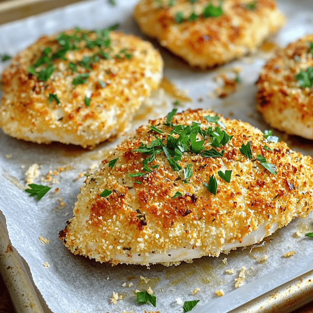 - 4 boneless, skinless chicken breasts - 1 cup grated Parmesan cheese - 1 cup breadcrumbs (preferably Panko for extra crunch) - 1 teaspoon garlic powder - 1 teaspoon dried Italian herbs (oregano, basil, thyme) - 1/2 teaspoon salt - 1/2 teaspoon black pepper - 2 large eggs, beaten - 2 tablespoons olive oil For this baked Parmesan crusted chicken, the main ingredients are simple yet flavorful. The chicken breasts are the star of the dish, providing lean protein. Parmesan cheese gives a rich taste and a nice, crispy texture. I prefer using Panko breadcrumbs for a crunchier crust. Garlic powder and Italian herbs add depth and aroma to the dish. - Fresh parsley - Additional cheese variations For garnishes, fresh parsley adds a pop of color and a hint of freshness. You can also mix in different cheese types, like mozzarella or cheddar, to switch up the flavor. These options let you personalize the dish to your taste. Remember, the more you play with these ingredients, the more fun it gets. You can find the full recipe to dive deeper into the cooking process. Preheating the Oven Start by preheating your oven to 400°F (200°C). This step is key for crispiness. A hot oven helps the crust turn golden brown. Preparing the Baking Sheet Next, line a baking sheet with parchment paper. This makes for easy cleanup. It also helps prevent the chicken from sticking, which is always a win. Egg Dipping Process In a shallow bowl, beat two large eggs. This mixture will help the crust stick. Dip each chicken breast into the egg, making sure it is fully coated. Let any extra egg drip off. Crust Mixture Application In another bowl, mix Parmesan cheese, breadcrumbs, garlic powder, Italian herbs, salt, and black pepper. Press the egg-coated chicken into this mixture. Ensure both sides are coated well. The more you press, the better it sticks. Cooking Time Place the coated chicken breasts on the baking sheet. Drizzle olive oil over the top for added flavor. Bake for 25-30 minutes. Checking Internal Temperature Use a meat thermometer to check the chicken. It should reach 165°F (75°C) for safe eating. Once cooked, let the chicken rest for a few minutes before serving. Garnish with fresh parsley for a nice touch. For the full recipe, look for the detailed instructions above. Choosing the right breadcrumbs is key. I like using Panko. Panko gives a light, crunchy texture. Regular breadcrumbs may work, but they don’t have the same bite. Always look for unseasoned types. This allows your chicken's flavor to shine. For a crunchier coating, try these tips: - Double Coat: Dip the chicken in egg, then breadcrumbs. Repeat for an extra layer. - Oil Drizzle: Olive oil helps the crust brown and stay crunchy. - Hot Oven: A preheated oven at 400°F works best for crispiness. Adding spices and herbs can change the game. I love garlic powder and Italian herbs. They add great depth to the chicken. You can also try paprika for a smoky kick. Experimenting with cheese types can also be fun. While Parmesan is classic, mixing in some mozzarella brings a melty texture. You could even use sharp cheddar for a bolder flavor. Enjoy trying new cheese blends to find your favorite! {{image_2}} You can easily swap ingredients to fit your taste. - Chicken Thighs or Tenders: You can use chicken thighs or tenders instead of breasts. Thighs will stay juicy, while tenders cook faster. Both options taste great with the crust. - Gluten-Free Breadcrumbs: If you need a gluten-free option, use gluten-free breadcrumbs. They still give a nice crunch and flavor. Just check the label to ensure they fit your diet. Changing flavors can make this dish new and fun. - Southwest Style with Chili Powder: Add some chili powder to the crust for a spicy kick. This twist gives the chicken a warm, smoky flavor that pairs well with salsa. - Italian Style with Sundried Tomatoes: Chop sundried tomatoes and mix them into the crust. This adds a tangy, rich flavor that enhances the Italian herbs. It’s a simple way to make the dish feel gourmet. These variations make Baked Parmesan Crusted Chicken even more exciting. You can always explore new tastes while keeping the base recipe intact. For the full recipe, check out the details above. How do I store leftovers? Store your Baked Parmesan Crusted Chicken in an airtight container. This keeps it fresh. Let it cool down before placing it in the fridge. What is the recommended shelf life? You can keep it in the fridge for up to four days. After that, the quality may drop. Can I freeze uncooked vs. cooked chicken? Yes, you can freeze both. For uncooked chicken, wrap it tightly in plastic wrap. This prevents freezer burn. For cooked chicken, place it in a container or freezer bag. What are the reheating tips for best results? When reheating, use the oven for a crispy crust. Preheat your oven to 350°F (175°C). Bake for about 15-20 minutes. Check that it reaches an internal temperature of 165°F (75°C) before serving. You can find the full recipe [here](#). Baked Parmesan Crusted Chicken takes about 25 to 30 minutes to cook. Preheat your oven to 400°F (200°C) before baking. This time ensures that the chicken cooks through and the crust turns golden brown. Always check that the internal temperature reaches 165°F (75°C) for safety. Yes, you can prepare this dish ahead of time. You can coat the chicken and store it in the fridge for a few hours. This makes it easy to pop in the oven when you need to serve a meal. If you want to freeze it, do so before baking. Just remember to thaw it in the fridge overnight before cooking. You have many tasty options to serve with this dish. Here are some ideas: - Steamed broccoli or green beans - Mashed potatoes or rice - A fresh garden salad - Roasted vegetables These sides add color and flavor to your meal. You can find the full recipe for Baked Parmesan Crusted Chicken [here](Full Recipe). This link provides step-by-step instructions and detailed information on how to make this dish perfectly every time. Baked Parmesan Crusted Chicken is simple and delicious. You need a few key ingredients, like boneless chicken, cheese, and breadcrumbs. Follow the steps to coat and bake the chicken for perfect results. Use my tips for a great crust and try different flavors and swaps to make it your own. Store leftovers properly to enjoy later. You can make it ahead and pair it with tasty sides. This dish is a hit and easy to prepare. I hope you enjoy making it!