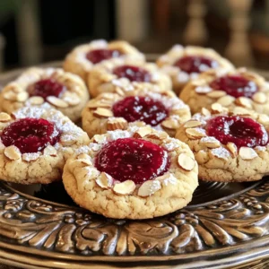 - 1 cup unsalted butter, softened - 1 cup powdered sugar - 1 teaspoon almond extract - 2 &frac12; cups all-purpose flour - 1 cup raspberry jam - 1/2 cup sliced almonds (toasted, for garnish) - 1/4 teaspoon salt Using unsalted butter is key. It lets you control the salt in your cookies. Salted butter can make your cookies too salty, which is not good for flavor. Always choose high-quality unsalted butter for the best taste. For the raspberry jam, look for one that is thick and fruity. You want a jam that has real fruit and not too much sugar. This choice will give your cookies a fresh, vibrant flavor. If you can find homemade or small-batch jams, they often taste better. Toasting the almonds adds a nice crunch and deep flavor. When you toast them, they turn golden and smell sweet. Simply place sliced almonds in a dry pan over medium heat. Stir them often and watch closely. They can burn quickly. This small step makes a big difference in taste and presentation. You can find the full recipe above for step-by-step instructions on making these delicious cookies. 1. Preheat your oven to 350&deg;F (175&deg;C). This step warms up the oven for even baking. 2. Prepare your baking sheets by lining them with parchment paper. This prevents cookies from sticking. 3. In a large mixing bowl, cream the softened butter with powdered sugar. I mix until the mixture is light and fluffy. This usually takes about 2 to 3 minutes. 4. Then, add the almond extract. Mix it in until you can&rsquo;t see any lumps of butter. 5. Next, sift in the all-purpose flour and salt. Mix slowly until everything combines. The dough may feel crumbly but should stick together when pressed. 6. Using your hands, form tablespoon-sized balls of dough. Place these dough balls about 2 inches apart on the baking sheets. 7. Now, make an indentation in each cookie ball. I use my thumb or the back of a measuring spoon. This creates space for the jam. 8. Fill each thumbprint with about a teaspoon of raspberry jam. Make sure not to overfill. You want the jam to stay in the center. 9. Optionally, sprinkle sliced almonds around the edges of each cookie. This adds a nice crunch and more flavor. 10. Bake the cookies for 12 to 15 minutes. Look for lightly golden edges. 11. After baking, cool the cookies on the baking sheet for 5 minutes. Then, transfer them to a wire rack to cool completely. Enjoy your delicious Raspberry Almond Thumbprint Cookies! For the full recipe, check the [Full Recipe]. To keep your cookies from spreading too much, chill the dough. After mixing, wrap it in plastic and chill for 30 minutes. This helps the butter firm up. Also, make sure your baking sheets are cool before placing the dough on them. For the perfect thumbprint shape, use your thumb or the back of a small spoon. Press gently but firmly in the center. Aim for a nice, deep indentation. It should hold the jam well without overflowing. The best drinks to pair with these cookies are tea or coffee. The nutty almond flavor matches well with both. You could also try a light sparkling wine for a festive touch. To present your cookies creatively, use a decorative platter. Dust them with powdered sugar for a sweet touch. You could also arrange them with fresh raspberries or mint leaves. This adds color and makes them look inviting. If your dough feels too crumbly, add a teaspoon or two of water. Mix until it holds together better. Do this slowly so you don&rsquo;t make it too wet. To avoid jam overflow, fill the thumbprint carefully. Use about a teaspoon of jam. Don&rsquo;t overfill, as the jam can bubble over while baking. Keeping it neat ensures your cookies look great! {{image_2}} You can switch up the jam to create unique flavors. Try strawberry, apricot, or even blueberry jam. Each fruit brings its own charm. If you want to add more depth, use different extracts. Vanilla or coconut can give a new twist. Almond is classic, but these options can surprise your taste buds. If you need gluten-free options, use almond flour or a gluten-free blend. Both will work well in this recipe. For a vegan version, swap butter with coconut oil or vegan butter. Replace the egg with applesauce or a flax egg. These changes can keep the spirit of the cookie while meeting your dietary needs. Add a splash of fun by using food coloring in the dough. A few drops can make your cookies pop. You can also zest citrus into the dough for a fresh taste. Lemon or orange zest adds brightness and pairs well with raspberry. These small tweaks can elevate the cookie and impress your friends. For the complete recipe, check the [Full Recipe]. To keep your Raspberry Almond Thumbprint Cookies fresh, store them at room temperature. Place them in an airtight container. This helps keep the cookies soft and delicious for several days. If you want to keep them longer, consider freezing. To freeze, wrap cookies in plastic wrap and place them in a freezer-safe bag. This will help prevent freezer burn. When stored properly, these cookies stay fresh for about one week at room temperature. If you freeze them, they can last up to three months. Always check for signs of spoilage. Look for changes in texture or smell. If they feel hard or smell off, it's best to toss them. To enjoy your cookies warm, reheat them in the oven. Preheat the oven to 300&deg;F (150&deg;C). Place cookies on a baking sheet for about 5 minutes. This will help them regain their soft texture. Avoid using the microwave, as it can make them chewy or soggy. For best results, stick with the oven method. You can tell the cookies are done when the edges turn lightly golden. The center may still look soft, but it will firm up as they cool. Keep an eye on them around the 12-minute mark. If they look golden, they are ready to come out. Yes, you can make the dough ahead of time. Just wrap it tightly in plastic wrap and store it in the fridge. It should be good for up to three days. When you're ready to bake, let it sit at room temperature for about 15 minutes before shaping. Thumbprint cookies have roots in Europe, dating back to the Middle Ages. They are known as "Husarenkrapfen" in Germany and "biscotti di pasta frolla" in Italy. Bakers shaped the cookies with their thumbs, creating a spot for jam filling. This fun method has stuck around, making them a favorite worldwide. Absolutely! You can swap almonds for walnuts, pecans, or hazelnuts. Each nut brings a unique flavor. Just make sure to toast them for extra crunch and depth. If you prefer a nut-free option, try using seeds like sunflower or pumpkin seeds. We covered the key ingredients, preparation steps, and storage tips for delicious thumbprint cookies. I highlighted the importance of using unsalted butter and the best types of raspberry jam. Remember, toasting almonds enhances their flavor. You can also experiment with different jams or dietary options. Enjoy your baking process and the tasty results! These cookies are fun to make and share. Keep these tips in mind for your next baking session. Happy baking!