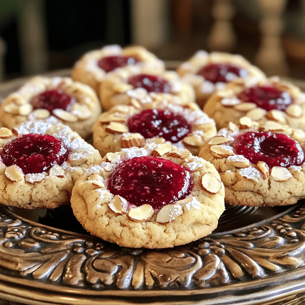 - 1 cup unsalted butter, softened - 1 cup powdered sugar - 1 teaspoon almond extract - 2 ½ cups all-purpose flour - 1 cup raspberry jam - 1/2 cup sliced almonds (toasted, for garnish) - 1/4 teaspoon salt Using unsalted butter is key. It lets you control the salt in your cookies. Salted butter can make your cookies too salty, which is not good for flavor. Always choose high-quality unsalted butter for the best taste. For the raspberry jam, look for one that is thick and fruity. You want a jam that has real fruit and not too much sugar. This choice will give your cookies a fresh, vibrant flavor. If you can find homemade or small-batch jams, they often taste better. Toasting the almonds adds a nice crunch and deep flavor. When you toast them, they turn golden and smell sweet. Simply place sliced almonds in a dry pan over medium heat. Stir them often and watch closely. They can burn quickly. This small step makes a big difference in taste and presentation. You can find the full recipe above for step-by-step instructions on making these delicious cookies. 1. Preheat your oven to 350°F (175°C). This step warms up the oven for even baking. 2. Prepare your baking sheets by lining them with parchment paper. This prevents cookies from sticking. 3. In a large mixing bowl, cream the softened butter with powdered sugar. I mix until the mixture is light and fluffy. This usually takes about 2 to 3 minutes. 4. Then, add the almond extract. Mix it in until you can’t see any lumps of butter. 5. Next, sift in the all-purpose flour and salt. Mix slowly until everything combines. The dough may feel crumbly but should stick together when pressed. 6. Using your hands, form tablespoon-sized balls of dough. Place these dough balls about 2 inches apart on the baking sheets. 7. Now, make an indentation in each cookie ball. I use my thumb or the back of a measuring spoon. This creates space for the jam. 8. Fill each thumbprint with about a teaspoon of raspberry jam. Make sure not to overfill. You want the jam to stay in the center. 9. Optionally, sprinkle sliced almonds around the edges of each cookie. This adds a nice crunch and more flavor. 10. Bake the cookies for 12 to 15 minutes. Look for lightly golden edges. 11. After baking, cool the cookies on the baking sheet for 5 minutes. Then, transfer them to a wire rack to cool completely. Enjoy your delicious Raspberry Almond Thumbprint Cookies! For the full recipe, check the [Full Recipe]. To keep your cookies from spreading too much, chill the dough. After mixing, wrap it in plastic and chill for 30 minutes. This helps the butter firm up. Also, make sure your baking sheets are cool before placing the dough on them. For the perfect thumbprint shape, use your thumb or the back of a small spoon. Press gently but firmly in the center. Aim for a nice, deep indentation. It should hold the jam well without overflowing. The best drinks to pair with these cookies are tea or coffee. The nutty almond flavor matches well with both. You could also try a light sparkling wine for a festive touch. To present your cookies creatively, use a decorative platter. Dust them with powdered sugar for a sweet touch. You could also arrange them with fresh raspberries or mint leaves. This adds color and makes them look inviting. If your dough feels too crumbly, add a teaspoon or two of water. Mix until it holds together better. Do this slowly so you don’t make it too wet. To avoid jam overflow, fill the thumbprint carefully. Use about a teaspoon of jam. Don’t overfill, as the jam can bubble over while baking. Keeping it neat ensures your cookies look great! {{image_2}} You can switch up the jam to create unique flavors. Try strawberry, apricot, or even blueberry jam. Each fruit brings its own charm. If you want to add more depth, use different extracts. Vanilla or coconut can give a new twist. Almond is classic, but these options can surprise your taste buds. If you need gluten-free options, use almond flour or a gluten-free blend. Both will work well in this recipe. For a vegan version, swap butter with coconut oil or vegan butter. Replace the egg with applesauce or a flax egg. These changes can keep the spirit of the cookie while meeting your dietary needs. Add a splash of fun by using food coloring in the dough. A few drops can make your cookies pop. You can also zest citrus into the dough for a fresh taste. Lemon or orange zest adds brightness and pairs well with raspberry. These small tweaks can elevate the cookie and impress your friends. For the complete recipe, check the [Full Recipe]. To keep your Raspberry Almond Thumbprint Cookies fresh, store them at room temperature. Place them in an airtight container. This helps keep the cookies soft and delicious for several days. If you want to keep them longer, consider freezing. To freeze, wrap cookies in plastic wrap and place them in a freezer-safe bag. This will help prevent freezer burn. When stored properly, these cookies stay fresh for about one week at room temperature. If you freeze them, they can last up to three months. Always check for signs of spoilage. Look for changes in texture or smell. If they feel hard or smell off, it's best to toss them. To enjoy your cookies warm, reheat them in the oven. Preheat the oven to 300°F (150°C). Place cookies on a baking sheet for about 5 minutes. This will help them regain their soft texture. Avoid using the microwave, as it can make them chewy or soggy. For best results, stick with the oven method. You can tell the cookies are done when the edges turn lightly golden. The center may still look soft, but it will firm up as they cool. Keep an eye on them around the 12-minute mark. If they look golden, they are ready to come out. Yes, you can make the dough ahead of time. Just wrap it tightly in plastic wrap and store it in the fridge. It should be good for up to three days. When you're ready to bake, let it sit at room temperature for about 15 minutes before shaping. Thumbprint cookies have roots in Europe, dating back to the Middle Ages. They are known as "Husarenkrapfen" in Germany and "biscotti di pasta frolla" in Italy. Bakers shaped the cookies with their thumbs, creating a spot for jam filling. This fun method has stuck around, making them a favorite worldwide. Absolutely! You can swap almonds for walnuts, pecans, or hazelnuts. Each nut brings a unique flavor. Just make sure to toast them for extra crunch and depth. If you prefer a nut-free option, try using seeds like sunflower or pumpkin seeds. We covered the key ingredients, preparation steps, and storage tips for delicious thumbprint cookies. I highlighted the importance of using unsalted butter and the best types of raspberry jam. Remember, toasting almonds enhances their flavor. You can also experiment with different jams or dietary options. Enjoy your baking process and the tasty results! These cookies are fun to make and share. Keep these tips in mind for your next baking session. Happy baking!