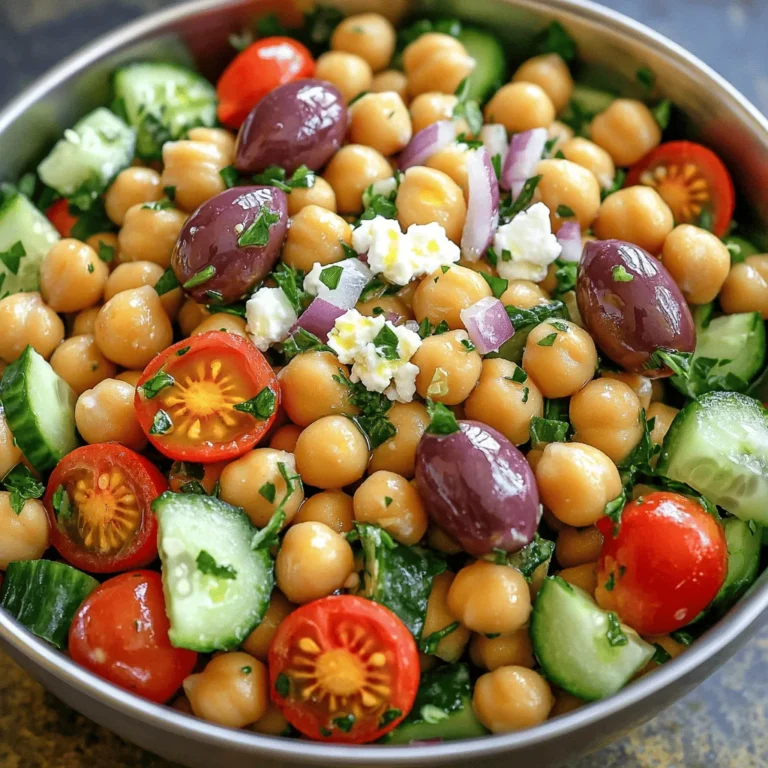 To make a tasty Greek chickpea salad, you need these simple ingredients: - 1 can (15 oz) chickpeas, drained and rinsed - 1 cup cherry tomatoes, halved - 1 cucumber, diced - 1/2 red onion, finely chopped - 1/2 cup Kalamata olives, pitted and sliced - 1/2 cup feta cheese, crumbled - 1/4 cup fresh parsley, chopped - 2 tablespoons olive oil - 1 tablespoon red wine vinegar (optional) - 1 teaspoon dried oregano - Salt and pepper to taste If you need to convert measurements, here are some helpful tips: - 1 cup = 8 fluid ounces - 1 tablespoon = 3 teaspoons - 1/2 cup = 4 fluid ounces You can make this salad your own by swapping ingredients: - Use canned black beans instead of chickpeas for a different taste. - Feta cheese can be replaced with vegan cheese for a dairy-free option. - Try using lemon juice instead of red wine vinegar for a zestier flavor. - If you don't like olives, leave them out or use capers instead. You can find the full recipe for Greek chickpea salad in the earlier section. Enjoy mixing fresh flavors! First, gather all your ingredients. You will need chickpeas, cherry tomatoes, cucumber, red onion, Kalamata olives, feta cheese, parsley, olive oil, red wine vinegar, dried oregano, salt, and pepper. - Open the can of chickpeas and drain them. Rinse them under cold water. This removes excess sodium. - Cut the cherry tomatoes in half. - Dice the cucumber into small pieces. - Finely chop the red onion. - Slice the Kalamata olives. - Crumble the feta cheese. - Lastly, chop the fresh parsley. In a large bowl, mix all the prepared veggies. Add the drained chickpeas, halved cherry tomatoes, diced cucumber, chopped red onion, sliced olives, and crumbled feta cheese. - Use a large spoon to stir gently. - Ensure all ingredients combine well. - Add the chopped parsley last and mix again. Now, let’s make the dressing. In a small bowl, whisk together the olive oil, red wine vinegar (if you choose to use it), dried oregano, salt, and pepper. - Whisk until the dressing looks smooth. - Drizzle the dressing over your salad mix. - Toss gently to coat all the ingredients. Let the salad sit for about 10 minutes. This helps the flavors blend perfectly. You can find the full recipe for more details. Enjoy this fresh and colorful dish! To make your Greek chickpea salad shine, use fresh, quality ingredients. Fresh herbs make a big difference. When you chop parsley, use the leaves only. This gives a vibrant flavor. Use ripe cherry tomatoes for sweetness. Add a squeeze of lemon juice for bright notes. Let the salad sit for a bit. This lets flavors blend and deepen. Presentation matters! Serve the salad on a large platter. You can also use individual bowls for a fun touch. Garnish with extra parsley and whole olives. Serve with warm pita bread or grilled chicken. This adds texture and makes it a full meal. If you have leftovers, you can store them for later. Avoid using canned chickpeas without rinsing. This can make the salad too salty. Don’t skip the salt and pepper. They enhance all the flavors. Watch the dressing; too much can drown the salad. Always taste before serving to check seasoning. Lastly, don’t let the salad sit too long. It’s best fresh! For the full recipe, check out the details above. {{image_2}} To make a vegan version of Greek Chickpea Salad, skip the feta cheese. You can use firm tofu instead. Crumble the tofu and toss it in with the other ingredients. It adds protein and a nice texture. You can also add some nutritional yeast for a cheesy flavor. This keeps the dish fresh and vegan-friendly. This salad is naturally gluten-free! Chickpeas are a great choice for gluten-free diets. Just ensure that any added ingredients, like olives or dressings, are also gluten-free. Always check labels to be safe. This way, everyone can enjoy this colorful dish without worry. You can change the salad based on what is in season. In summer, add fresh bell peppers or radishes for crunch. In fall, try roasted butternut squash for sweetness. You can also switch cherry tomatoes for diced tomatoes during winter. This keeps your salad fresh and exciting all year round. For the full details, check the Full Recipe. To store your Greek chickpea salad, use an airtight container. Make sure the salad cools to room temperature first. This helps keep the flavors fresh. If you added any dressing, it’s best to store it separately. This way, the salad stays crisp and tasty. I recommend glass containers for storing this salad. They don’t stain, and they keep food fresh. You can also use BPA-free plastic containers. Just ensure they seal tightly. If you want to take it on the go, use smaller, leak-proof containers. Greek chickpea salad lasts well in the fridge. It can stay fresh for about 3 to 5 days. After that, the flavors might fade. If you notice any unusual smells or colors, it’s best to toss it. For the best taste, enjoy it within a few days. If you want to make it ahead, follow the full recipe and store it properly. To make this salad vegan, skip the feta cheese. You can replace it with tofu or avocado for creaminess. Both options give a nice texture, and they pair well with the other fresh ingredients. You can also add more olives for an extra briny kick. Yes! You can make this salad a day ahead. Just mix the veggies and chickpeas. Keep the dressing separate until you are ready to serve. This way, the salad stays fresh and crisp. It allows the flavors to blend nicely without getting soggy. Chickpeas are packed with nutrients. They are high in protein and fiber, which helps keep you full. They also have vitamins and minerals like iron and magnesium. Eating chickpeas may aid in digestion and support heart health. Plus, they are low in fat, making them a great choice for any meal. For the full recipe, check out the Greek Chickpea Salad instructions above. We covered the key ingredients for Greek chickpea salad, plus helpful substitutions and measurements. I shared clear, step-by-step instructions for preparation and mixing. We explored best practices to enhance flavor and how to serve the salad. I also touched on vegan options, gluten-free swaps, and seasonal ingredients. Making this salad is easy and fun. You can store leftovers well, so don't worry about waste. Follow these tips, and enjoy a delicious, healthy dish. With a few simple changes, you can customize it to your taste.