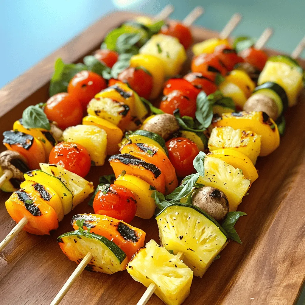 - Cherry tomatoes - Bell pepper (any color) - Zucchini and yellow squash - Button mushrooms - Red onion - Fresh pineapple chunks I love using a mix of colorful veggies. Cherry tomatoes burst with flavor. Bell peppers add crunch and sweetness. Zucchini and yellow squash bring a tender bite. Button mushrooms offer an earthy taste. Red onion gives a mild kick. Fresh pineapple chunks add a tropical twist. Together, they create a beautiful rainbow on your skewers. - Olive oil - Garlic powder - Smoked paprika - Salt and pepper The marinade is key for flavor. I use olive oil to coat the veggies. Garlic powder gives a robust taste. Smoked paprika adds a gentle heat and depth. Don't forget salt and pepper to enhance all the flavors. This simple mix makes the veggies pop when grilled. - Fresh basil or parsley Garnishing your skewers makes them look fancy. I like to sprinkle fresh basil or parsley on top. It adds a burst of color and freshness. This small touch elevates the whole dish. For the complete recipe, check the [Full Recipe]. Start by washing your vegetables and fruits. Rinse the cherry tomatoes, mushrooms, and pineapple chunks. Cut the bell pepper into cubes. Slice the zucchini and yellow squash into thick rounds. Cut the red onion into wedges. Keep the cherry tomatoes, mushrooms, and pineapple whole for great texture. In a large mixing bowl, combine the olive oil, garlic powder, smoked paprika, salt, and pepper. This mix adds flavor to the veggies. Add your prepared vegetables and pineapple to this bowl. Gently toss everything until each piece gets a nice coating. Let them sit and marinate for about 15-20 minutes. This step helps the flavors blend. Grab your skewers, either wooden or metal. Start threading the veggies and pineapple onto them. For a fun, colorful look, use this order: cherry tomato, bell pepper, red onion, mushroom, zucchini, pineapple, and yellow squash. Repeat this pattern until the skewers are full. Remember to leave space at both ends to handle them easily. Preheat your grill or grill pan to medium heat. Once it's hot, place the skewers on the grill. Cook for about 10-12 minutes, turning them occasionally. You want the veggies to be tender and have nice grill marks. This gives them a great taste and look. When they are done, carefully remove the skewers from the grill. Enjoy your colorful and tasty Rainbow Veggie Skewers! For the complete recipe, refer to the [Full Recipe]. To make the best Rainbow Veggie Skewers, you need fresh vegetables. Look for bright colors and firm texture. The best way to choose ripe produce is to feel it. A ripe tomato should be slightly soft, while a bell pepper should be firm and smooth. Seasonal vegetables add flavor and variety. In summer, choose zucchini, corn, and bell peppers. In fall, try butternut squash and mushrooms. These options keep your skewers colorful and tasty. Even cooking means all your veggies grill nicely. Use similar-sized pieces of vegetables. Cut thick slices for larger items, like zucchini and bell peppers. Small items, like cherry tomatoes, can stay whole. To avoid ingredient fall-off, leave space on the skewer. This helps keep everything secure. Push the veggies close together but not too tight. This gives them room to cook evenly and stay on the skewer. You can add more flavor to your skewers with simple seasonings. Try adding lemon juice or fresh herbs like thyme or rosemary. These extra touches can make your dish pop. Different marinades can also change the taste. For a sweet kick, use honey or teriyaki sauce. For a spicy twist, add chili powder or hot sauce. Experiment and find your favorite mix to make your Rainbow Veggie Skewers unique. For the complete recipe, check the [Full Recipe]. {{image_2}} You can change the veggies based on what you have. Seasonal produce works best. In summer, try corn or eggplant. In fall, use butternut squash or Brussels sprouts. You can also swap the bell pepper for carrots or cucumbers. The key is to keep the colors bright. Want to make your skewers heartier? You can add proteins like tofu or chicken. For tofu, press it first to remove extra water. Cut it into cubes, just like your veggies. For chicken, use boneless pieces and cut them into similar sizes. Marinate the proteins with the same mix as the veggies. This brings all the flavors together. Rainbow veggie skewers are perfect for parties. You can create a fun rainbow theme. Lay out the skewers on a bright platter. Pair them with dips like hummus or yogurt sauce. This adds even more color and flavor. Kids love making their own skewers with different colors and tastes. It's a fun way to eat healthy! For the full recipe, check the earlier section. After your meal, let the skewers cool down. This step is key to keeping them fresh. Place the skewers in an airtight container. If you don’t have one, wrap them tightly in plastic wrap. Store them in the fridge for up to three days. This way, you can enjoy the Rainbow Veggie Skewers again! If you want to save the skewers for later, freezing is a great option. First, let them cool completely. Then, arrange them in a single layer on a baking sheet. Place the sheet in the freezer for about an hour. Once frozen, transfer the skewers to a freezer bag. They can last up to three months in the freezer. To reheat, simply take them out and grill for a few minutes until heated through. To make meal prep easy, chop your veggies ahead of time. Store them in separate containers in the fridge. You can also prepare the marinade in advance. When you’re ready to eat, just toss the veggies in the marinade and skewer them. This saves time on busy days and lets you enjoy fresh Rainbow Veggie Skewers anytime! Yes, you can use many vegetables. Try asparagus, bell peppers, or eggplant. You can also add corn, cherry peppers, or even sweet potatoes. Mix and match to find your favorites! Grill on medium heat for great results. Preheat your grill well. Place skewers on the grill and turn them every few minutes. This helps them cook evenly. You want nice grill marks and tender veggies. Look for tender veggies with nice grill marks. They should be soft but not mushy. You can poke them with a fork to check. If they slide off easily, they are done! Yes, you can prep them in advance. Cut veggies and marinate them a few hours ahead. Store them in the fridge. Just grill them when you're ready to eat. Absolutely! They are packed with vitamins and minerals. Each vegetable offers unique health benefits. For example, bell peppers have high vitamin C. Pineapple adds sweetness and fiber. Enjoy this colorful dish guilt-free! For the full recipe, check out the details above. Rainbow Veggie Skewers are a fun, tasty dish you can enjoy year-round. We covered how to pick fresh vegetables, marinate them, and grill them perfectly. You can customize your skewers with proteins and different veggies. Remember to store leftovers properly or freeze them for later. Make these colorful skewers for your next gathering or meal prep. They are a healthy choice and sure to please!