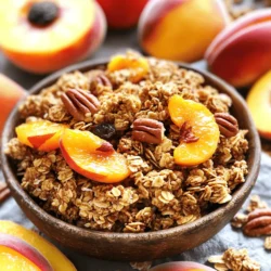 - 2 cups rolled oats - 1 cup pecans, chopped - ½ cup sliced almonds - 1 cup dried peaches, chopped - ½ cup honey or maple syrup - ¼ cup coconut oil, melted - 1 teaspoon vanilla extract - ½ teaspoon cinnamon - Pinch of salt Gathering the right ingredients is key to making great granola. I love using rolled oats for a hearty base. The pecans and sliced almonds add great crunch. Dried peaches give a sweet, fruity flavor. You can use honey or maple syrup for sweetness. Coconut oil helps with binding and adds a nice taste. A serving of this granola has about 250 calories. It offers about 5 grams of protein and 12 grams of fat. Most fat comes from healthy nuts. The oats provide good carbs and fiber, too. Health benefits of key ingredients: - Oats: Great for heart health and full of fiber. - Pecans: Packed with antioxidants and healthy fats. - Peaches: High in vitamins A and C, good for skin health. - Honey or Maple Syrup: Natural sweeteners with some nutrients. This granola is tasty and nutritious. You can enjoy it as a snack or with yogurt. For the full recipe, check out the detailed instructions above. - Preheat your oven to 350°F (175°C). - Line a baking sheet with parchment paper. - In a large bowl, mix 2 cups of rolled oats, 1 cup of chopped pecans, ½ cup of sliced almonds, and 1 cup of chopped dried peaches. Stir until the mix is even. - In another bowl, whisk together ½ cup of honey or maple syrup, ¼ cup of melted coconut oil, 1 teaspoon of vanilla extract, ½ teaspoon of cinnamon, and a pinch of salt. Keep whisking until smooth. - Pour the wet mix over the dry ingredients. Stir until all oats and nuts are well coated. - Spread the mixture evenly on the prepared baking sheet. Press it down lightly to form an even layer. - Bake for 20-25 minutes. Stir halfway through for even browning. Stay close to the oven as it bakes to avoid burning. - After baking, remove the granola from the oven and let it cool completely on the sheet. As it cools, it will become crunchy. - Once it’s cool, break the granola into clusters. Store it in an airtight container to keep it fresh. For the complete recipe, check out the Full Recipe section. To avoid burning your granola, set your oven to 350°F (175°C). Watch it closely during the last few minutes. Stir the mixture halfway through baking. This helps it brown evenly. If you notice edges getting dark, take it out right away. For clustering, press the mixture down firmly on the baking sheet before baking. When you remove it from the oven, let it cool without stirring. This keeps the clusters intact. Once cool, break it into pieces. If you want alternatives to honey or maple syrup, try agave nectar or brown rice syrup. Each provides sweetness but with different flavors. You can also use date syrup, which adds a rich taste. For nut options, feel free to swap pecans with walnuts or almonds. Each nut brings its unique flavor and crunch. If you prefer seeds, pumpkin seeds or sunflower seeds work great too. To boost flavor, add spices like nutmeg or ginger. A splash of almond extract can also make a big difference. These small changes can transform your granola. For storing, keep your granola in an airtight container. This ensures it stays fresh longer. You can also freeze it for up to three months. Just thaw it at room temperature when you're ready to eat. {{image_2}} You can change up your peach and pecan granola with seasonal fruits. Try adding chopped apples in fall for a crisp bite. In winter, cranberries bring a sweet-tart flavor. Both fruits mix well with the pecans and oats. You can also add spices like nutmeg or allspice. These spices give warmth and a cozy feel to the granola. Adapting this granola recipe for gluten-free diets is simple. Use certified gluten-free oats instead of regular oats. This small change keeps the taste and texture yummy. You can also swap the pecans with sunflower seeds for a nut-free twist. Both options keep your granola safe for everyone. If you need a nut-free version, don't worry! You can replace the pecans with seeds like pumpkin or sunflower. These seeds pack a punch of flavor and crunch. Dried fruits like raisins or cranberries can also add sweetness. They work well in place of nuts and keep the granola tasty. To keep your peach and pecan granola fresh, use airtight containers. Glass jars work well, but plastic containers are fine too. Make sure they seal tight to keep moisture out. Homemade granola can stay fresh for about two weeks at room temperature. If you want it to last longer, consider freezing it. Freezing granola is simple. First, let it cool completely. Then, transfer it to a freezer-safe bag or container. Squeeze out as much air as possible before sealing. Granola can last in the freezer for up to three months. To re-crisp frozen granola, simply bake it at 350°F for about 10 minutes. This will restore its crunch. Check your granola for any off smells or signs of mold. If it smells stale or has an odd taste, it’s time to toss it. For the best quality, store granola in a cool, dry place and always use clean utensils when serving. This helps keep it fresh longer. Homemade granola can last up to two weeks when stored right. Keep it in an airtight container. This helps keep it fresh and crunchy. If you want, you can even freeze it for up to three months. Just make sure to seal it well. Yes, you can easily make this granola vegan. Just swap honey for maple syrup. Use any plant-based oil instead of coconut oil if you prefer. This way, you keep all the great flavors while making it vegan-friendly! There are many tasty ways to enjoy peach and pecan granola. Here are a few ideas: - Serve it with yogurt and fresh sliced peaches. - Enjoy it as a snack on its own. - Sprinkle extra chopped pecans on top for more crunch. - Add it to smoothies for added texture. You can find premade peach and pecan granola at many grocery stores. Look in the cereal or snack aisle. Some health food stores may also carry it. If you prefer a specific brand, check online retailers for quick delivery. You learned how to make a delicious peach and pecan granola from scratch. This easy recipe includes healthy ingredients that boost nutrition. Remember to follow the steps closely for great taste and texture. You can also try different flavors or store it safely for later. Homemade granola is fun and allows you to get creative. Enjoy your tasty treat, and share it with family and friends!