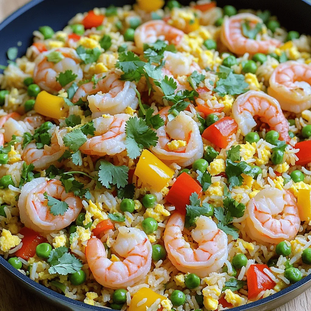 To make Easy Shrimp Fried Rice, you need the following ingredients: - 2 cups cooked jasmine rice (preferably chilled) - 1/2 lb shrimp, peeled and deveined - 2 tablespoons sesame oil - 1 cup mixed bell peppers, diced (red, yellow, green) - 1/2 cup green peas (fresh or frozen) - 3 green onions, chopped - 2 cloves garlic, minced - 2 tablespoons soy sauce (low sodium recommended) - 1 tablespoon oyster sauce (optional) - 1 large egg, lightly beaten - Salt and pepper to taste - Fresh cilantro, for garnish These ingredients come together to create a bright and flavorful dish. The jasmine rice adds a lovely aroma. The shrimp gives a nice protein boost, and the vegetables add color. You can customize your fried rice. Here are some ideas: - Swap shrimp for chicken, tofu, or beef. - Use leftover rice for a quick meal. - Add broccoli, carrots, or snap peas for more crunch. - Try different sauces like teriyaki or chili garlic for a twist. Feel free to mix and match based on what you have in your pantry! When buying shrimp, look for these signs: - Choose shrimp with a mild ocean smell. - The shells should be shiny and firm. - Avoid shrimp with black spots or discoloration. - If possible, buy shrimp that is wild-caught. Fresh shrimp makes a big difference in taste. Always ask your fishmonger for advice if you're unsure. For the best results, use the full recipe for Easy Shrimp Fried Rice. First, gather all your ingredients. This makes cooking easy and fun. You need: - 2 cups cooked jasmine rice (preferably chilled) - 1/2 lb shrimp, peeled and deveined - 2 tablespoons sesame oil - 1 cup mixed bell peppers, diced (red, yellow, green) - 1/2 cup green peas (fresh or frozen) - 3 green onions, chopped - 2 cloves garlic, minced - 2 tablespoons soy sauce (low sodium recommended) - 1 tablespoon oyster sauce (optional) - 1 large egg, lightly beaten - Salt and pepper to taste - Fresh cilantro, for garnish Make sure to use cold rice. Cold rice fries better and stays separate. Heat 1 tablespoon of sesame oil in a large skillet or wok over medium-high heat. Once hot, add the shrimp. Cook until the shrimp turns pink and opaque, about 2-3 minutes. Remove the shrimp and set them aside. In the same skillet, add the other tablespoon of sesame oil. Toss in the minced garlic. Sauté it for about 30 seconds until it smells great. Next, add the diced bell peppers. Cook for 2-3 minutes until they soften. Stir in the green peas and cook for one more minute. Push the veggies to one side of the skillet. Pour the beaten egg on the empty side. Scramble the egg until it is fully cooked, then mix it with the veggies. Add the cold rice to the skillet. Break any clumps apart. Pour the soy sauce and oyster sauce (if you chose to use it) over the rice. Mix everything well. Season with salt and pepper to taste. Finally, add the cooked shrimp and chopped green onions. Stir gently until all is heated through, about 2-3 minutes. Remove the skillet from heat. Garnish your dish with freshly chopped cilantro. This adds color and flavor, making it look great! Serve your easy shrimp fried rice hot. It’s a quick and tasty meal you can enjoy any time. For the full recipe, check the details above. Using the right rice makes a big difference. I recommend jasmine rice for its fluffy texture and aroma. Always cook rice a day ahead and chill it. Chilled rice holds up better when frying. If you don’t have time, spread hot rice on a tray to cool it fast. Seasoning adds life to your shrimp fried rice. Soy sauce is a must. It brings saltiness and umami. Adding oyster sauce gives a nice depth. Don’t forget garlic! It adds a punch of flavor. A dash of sesame oil at the end boosts the taste even more. One common mistake is using fresh rice. Fresh rice clumps together and gets mushy. Another mistake is crowding the pan. Let your ingredients breathe to fry well. Lastly, don’t forget to taste as you cook. Adjust salt and pepper based on your preference. For the full recipe, check out the details above and enjoy your cooking! {{image_2}} You can swap shrimp for chicken, tofu, or even egg. Each option gives a new taste. Chicken works well if you prefer meat. Tofu is a great choice for a veggie meal. Just make sure to cook them fully before adding to the rice. You can add more veggies to boost nutrition. Try carrots, broccoli, or snap peas. They add color and crunch. Chopped spinach or kale works too. Just remember to cook them until tender. This makes the dish more fun and healthy. If you like heat, add chili sauce or sriracha. A dash of red pepper flakes can also spice things up. For a smoky flavor, use smoked paprika. These small changes can really wake up your taste buds. Experiment and find what you love! After you make your shrimp fried rice, you may have some left. Store the rice in an airtight container. This keeps it fresh. You can keep it in the fridge for about 3 to 4 days. Make sure it cools down first before putting it away. This helps prevent moisture buildup. To reheat your fried rice, use a skillet or a microwave. If using a skillet, add a splash of water. This helps steam the rice. Heat it on medium until it’s hot. If you use a microwave, cover it with a damp paper towel. This keeps the rice from drying out. Heat it in short bursts, stirring in between. If you want to keep your shrimp fried rice longer, freezing is a great option. Cool the rice completely before freezing. Use a freezer-safe container or bag. Remove as much air as possible. This prevents freezer burn. You can freeze it for up to 3 months. When you’re ready to eat, thaw it in the fridge overnight. Then, reheat as mentioned above. Enjoy your meal anytime! Yes, you can use frozen shrimp. Just thaw them first. Place frozen shrimp in cold water for about 15-20 minutes. This helps them cook evenly. Make sure to pat them dry before cooking. Thawed shrimp work well and save time. The best rice for fried rice is jasmine rice. It has a nice texture and flavor. Use cooked rice that is chilled. This keeps the grains separate. Day-old rice is even better since it dries out a bit. If you don't have jasmine rice, you can use long-grain rice. To prevent mushy rice, follow a few steps. First, use cold, cooked rice. Second, avoid overcooking the rice when frying. Stir gently to keep the grains intact. Lastly, don’t add too much liquid. Keeping these tips in mind helps achieve the perfect fried rice. You can find the full recipe for easy shrimp fried rice [here](#). The steps are simple and the dish is tasty. Enjoy making this delicious meal! In this post, we explored how to make easy shrimp fried rice. We looked at essential ingredients and tips for picking fresh shrimp. You learned step-by-step cooking methods and final touches to enhance your dish. We discussed common mistakes and ways to add flavor. Finally, storage tips helped keep your rice fresh. Remember, cooking is fun and creative. Experiment with flavors, ingredients, and techniques. Enjoy your shrimp fried rice journey!