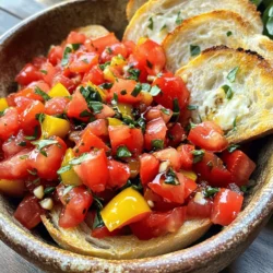 To make this Simple Tomato Basil Bruschetta, you need the best fresh ingredients: - 6 ripe Roma tomatoes, diced - 1 cup fresh basil leaves, chopped - 2 cloves garlic, minced These fresh ingredients make the dish vibrant and full of flavor. Roma tomatoes are sweet and meaty, perfect for bruschetta. Fresh basil adds a lovely aroma. Garlic gives a nice kick. You also need a few pantry staples to tie it all together: - 1/4 cup extra virgin olive oil - 1 tablespoon balsamic vinegar - Salt and pepper to taste Extra virgin olive oil adds richness. Balsamic vinegar provides a hint of tang. Salt and pepper balance all the flavors. For those who want to get creative, here are some optional add-ons: - 1 French baguette, sliced into 1-inch pieces - Optional: 1/2 cup shredded mozzarella cheese The baguette gives a nice crunch. If you love cheese, add mozzarella for a creamy twist. You can find the full recipe [here](#). Start by dicing six ripe Roma tomatoes. You want them fresh and juicy for the best taste. Next, chop one cup of fresh basil leaves. Basil adds a sweet, aromatic flavor. Mince two cloves of garlic and add them to the bowl. Pour in a quarter cup of extra virgin olive oil and one tablespoon of balsamic vinegar. Sprinkle in salt and pepper to taste. Mix everything well. Let it sit for about 15 minutes. This wait helps the flavors blend beautifully. Preheat your oven to 400°F (200°C). While it heats, slice your French baguette into one-inch pieces. Arrange these slices on a baking sheet. Brush each piece lightly with olive oil. This step adds flavor and crunch. Once the oven is ready, toast the bread for about 5-7 minutes. You want them golden and crisp. If you like, sprinkle half a cup of shredded mozzarella cheese on the bread before toasting. This gives a cheesy twist. After toasting, take out the bread. Top each slice generously with the tomato and basil mixture. Make sure to add a good amount for the best taste. Serve the bruschetta right away. Enjoy it while the bread is warm. This way, you get the best texture and flavor. For the full recipe, you can check the complete instructions. To make great bruschetta, start with ripe Roma tomatoes. They have firm flesh and fewer seeds. Look for tomatoes that feel heavy for their size. Their skin should be smooth and bright. Avoid tomatoes with bruises or soft spots. Fresh tomatoes make a big difference in taste. Fresh basil is key in this recipe. Always use whole basil leaves when possible. Tear the leaves instead of chopping them. This helps release their oils and flavor. You can add other herbs like oregano or parsley for extra taste. Just remember, fresh herbs make the dish shine. To keep your bread crispy, toast it well. Bake the slices until they are golden brown. This step helps seal the bread and keeps moisture out. Serve the tomato mixture right after topping the bread. If you let it sit too long, the bread will get soggy. Enjoy the perfect crunch with your Simple Tomato Basil Bruschetta! For the complete details, check out the Full Recipe. {{image_2}} You can add cheese to your bruschetta for extra creaminess. I love using mozzarella. It melts nicely when you toast the bread. You can also try feta or goat cheese for a tangy flavor. Just sprinkle the cheese on top of the toasted baguette slices before adding the tomato mix. This adds a rich taste that pairs well with the fresh basil. If you want to make your bruschetta heartier, think about adding protein. Diced grilled chicken works great. You can also use shrimp or crab for a seafood twist. For a veggie option, try chickpeas or black beans. Mix these into your tomato and basil mix. This makes each bite more filling and satisfying. You can customize your bruschetta with spicy or sweet flavors. For heat, add crushed red pepper flakes or jalapeños to your tomato mix. This adds a nice kick. If you prefer sweet, drizzle a little honey or balsamic glaze over the top. This contrast of flavors makes each bite exciting. Get creative and enjoy different tastes! For the full recipe, check out the [Full Recipe]. To store any leftover tomato and basil mix, place it in a clean, airtight container. Make sure to seal it tightly. This way, the mix will stay fresh in the fridge for about three days. The flavors will deepen as it sits, so enjoy it the next day. Just remember to stir it before using. To keep your toasted bread crispy, store it in a paper bag. Avoid plastic bags, as they trap moisture. The paper helps the bread stay crisp. If you need to keep it longer, place the bread in an airtight container. However, it's best to eat it within two days for optimal texture. You can freeze both the mixture and the bread for longer storage. For the tomato mix, scoop it into freezer-safe bags. Remove as much air as possible and seal it tight. It will be good for about three months. For the bread, wrap each slice in plastic wrap, then place in a freezer bag. When ready to use, thaw the bread in the fridge and toast it for a crunchy bite. Yes, you can prepare the tomato mixture ahead of time. Just mix the diced tomatoes, basil, garlic, olive oil, and balsamic vinegar in a bowl. Store it in the fridge for up to six hours. This lets the flavors blend. However, do not toast the bread until you are ready to serve. Toasting ahead will make the bread soggy. The best bread for bruschetta is a French baguette. It has a nice crust and soft inside. You can also try ciabatta or sourdough. These breads hold up well with toppings. Make sure to slice them about one inch thick for the best texture. The tomato mixture lasts about two days in the fridge. It might lose some freshness after that. To keep it tasting great, cover it tightly with plastic wrap or a lid. If you see excess liquid, just drain it before serving again. In this post, we explored how to make simple Tomato Basil Bruschetta. We covered fresh ingredients, pantry staples, and optional add-ons. You learned the step-by-step instructions for preparing the dish and tips for keeping your bread crispy. We also shared variations to make it your own and provided storage tips. This dish is easy to make and perfect for sharing. Use fresh ingredients and enjoy every bite!