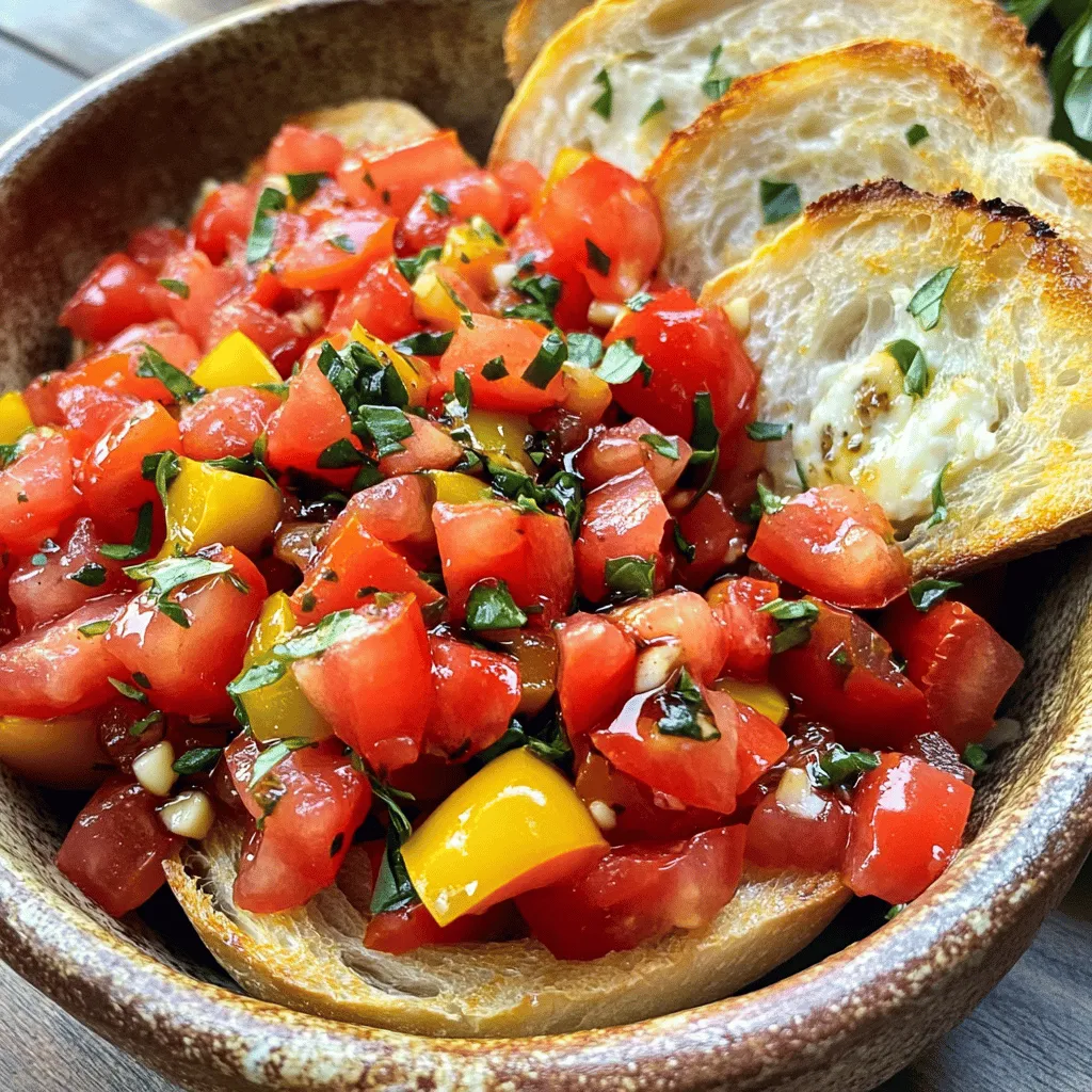To make this Simple Tomato Basil Bruschetta, you need the best fresh ingredients: - 6 ripe Roma tomatoes, diced - 1 cup fresh basil leaves, chopped - 2 cloves garlic, minced These fresh ingredients make the dish vibrant and full of flavor. Roma tomatoes are sweet and meaty, perfect for bruschetta. Fresh basil adds a lovely aroma. Garlic gives a nice kick. You also need a few pantry staples to tie it all together: - 1/4 cup extra virgin olive oil - 1 tablespoon balsamic vinegar - Salt and pepper to taste Extra virgin olive oil adds richness. Balsamic vinegar provides a hint of tang. Salt and pepper balance all the flavors. For those who want to get creative, here are some optional add-ons: - 1 French baguette, sliced into 1-inch pieces - Optional: 1/2 cup shredded mozzarella cheese The baguette gives a nice crunch. If you love cheese, add mozzarella for a creamy twist. You can find the full recipe [here](#). Start by dicing six ripe Roma tomatoes. You want them fresh and juicy for the best taste. Next, chop one cup of fresh basil leaves. Basil adds a sweet, aromatic flavor. Mince two cloves of garlic and add them to the bowl. Pour in a quarter cup of extra virgin olive oil and one tablespoon of balsamic vinegar. Sprinkle in salt and pepper to taste. Mix everything well. Let it sit for about 15 minutes. This wait helps the flavors blend beautifully. Preheat your oven to 400°F (200°C). While it heats, slice your French baguette into one-inch pieces. Arrange these slices on a baking sheet. Brush each piece lightly with olive oil. This step adds flavor and crunch. Once the oven is ready, toast the bread for about 5-7 minutes. You want them golden and crisp. If you like, sprinkle half a cup of shredded mozzarella cheese on the bread before toasting. This gives a cheesy twist. After toasting, take out the bread. Top each slice generously with the tomato and basil mixture. Make sure to add a good amount for the best taste. Serve the bruschetta right away. Enjoy it while the bread is warm. This way, you get the best texture and flavor. For the full recipe, you can check the complete instructions. To make great bruschetta, start with ripe Roma tomatoes. They have firm flesh and fewer seeds. Look for tomatoes that feel heavy for their size. Their skin should be smooth and bright. Avoid tomatoes with bruises or soft spots. Fresh tomatoes make a big difference in taste. Fresh basil is key in this recipe. Always use whole basil leaves when possible. Tear the leaves instead of chopping them. This helps release their oils and flavor. You can add other herbs like oregano or parsley for extra taste. Just remember, fresh herbs make the dish shine. To keep your bread crispy, toast it well. Bake the slices until they are golden brown. This step helps seal the bread and keeps moisture out. Serve the tomato mixture right after topping the bread. If you let it sit too long, the bread will get soggy. Enjoy the perfect crunch with your Simple Tomato Basil Bruschetta! For the complete details, check out the Full Recipe. {{image_2}} You can add cheese to your bruschetta for extra creaminess. I love using mozzarella. It melts nicely when you toast the bread. You can also try feta or goat cheese for a tangy flavor. Just sprinkle the cheese on top of the toasted baguette slices before adding the tomato mix. This adds a rich taste that pairs well with the fresh basil. If you want to make your bruschetta heartier, think about adding protein. Diced grilled chicken works great. You can also use shrimp or crab for a seafood twist. For a veggie option, try chickpeas or black beans. Mix these into your tomato and basil mix. This makes each bite more filling and satisfying. You can customize your bruschetta with spicy or sweet flavors. For heat, add crushed red pepper flakes or jalapeños to your tomato mix. This adds a nice kick. If you prefer sweet, drizzle a little honey or balsamic glaze over the top. This contrast of flavors makes each bite exciting. Get creative and enjoy different tastes! For the full recipe, check out the [Full Recipe]. To store any leftover tomato and basil mix, place it in a clean, airtight container. Make sure to seal it tightly. This way, the mix will stay fresh in the fridge for about three days. The flavors will deepen as it sits, so enjoy it the next day. Just remember to stir it before using. To keep your toasted bread crispy, store it in a paper bag. Avoid plastic bags, as they trap moisture. The paper helps the bread stay crisp. If you need to keep it longer, place the bread in an airtight container. However, it's best to eat it within two days for optimal texture. You can freeze both the mixture and the bread for longer storage. For the tomato mix, scoop it into freezer-safe bags. Remove as much air as possible and seal it tight. It will be good for about three months. For the bread, wrap each slice in plastic wrap, then place in a freezer bag. When ready to use, thaw the bread in the fridge and toast it for a crunchy bite. Yes, you can prepare the tomato mixture ahead of time. Just mix the diced tomatoes, basil, garlic, olive oil, and balsamic vinegar in a bowl. Store it in the fridge for up to six hours. This lets the flavors blend. However, do not toast the bread until you are ready to serve. Toasting ahead will make the bread soggy. The best bread for bruschetta is a French baguette. It has a nice crust and soft inside. You can also try ciabatta or sourdough. These breads hold up well with toppings. Make sure to slice them about one inch thick for the best texture. The tomato mixture lasts about two days in the fridge. It might lose some freshness after that. To keep it tasting great, cover it tightly with plastic wrap or a lid. If you see excess liquid, just drain it before serving again. In this post, we explored how to make simple Tomato Basil Bruschetta. We covered fresh ingredients, pantry staples, and optional add-ons. You learned the step-by-step instructions for preparing the dish and tips for keeping your bread crispy. We also shared variations to make it your own and provided storage tips. This dish is easy to make and perfect for sharing. Use fresh ingredients and enjoy every bite!