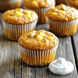 - 1 cup whole wheat flour - 1 teaspoon baking soda - 1 teaspoon baking powder - 1 teaspoon cinnamon - 1/4 teaspoon nutmeg - 1/4 teaspoon salt - 1/4 cup honey or maple syrup - 1/2 cup unsweetened applesauce - 2 large eggs - 1 teaspoon vanilla extract - 1 1/2 cups grated carrots (about 3 medium carrots) - 1/2 cup crushed pineapple, drained - 1/4 cup chopped walnuts (optional) - 1/4 cup raisins (optional) These muffins are not just tasty; they are good for you too. Whole wheat flour adds fiber, which helps with digestion. Carrots bring vitamins A and K, which are great for your eyes and skin. The honey or maple syrup gives natural sweetness without the guilt. Applesauce keeps the muffins moist, cutting down on oil or butter. Plus, the walnuts and raisins add healthy fats and extra nutrients. You can swap eggs for applesauce to make these muffins vegan. Use almond flour instead of whole wheat flour for a gluten-free option. For sweeteners, agave syrup works well if you want a different flavor. You can also use mashed bananas instead of honey for a fruity twist. These swaps let you enjoy the muffins your way! First, you need to preheat your oven to 350°F (175°C). This step is crucial for even baking. Next, line your muffin tin with paper liners. This helps with easy removal and cleanup later. In a large mixing bowl, combine the following dry ingredients: - 1 cup whole wheat flour - 1 teaspoon baking soda - 1 teaspoon baking powder - 1 teaspoon cinnamon - 1/4 teaspoon nutmeg - 1/4 teaspoon salt Stir these well to blend them. Make sure there are no lumps. This ensures even flavor and texture in your muffins. In another bowl, whisk together: - 1/4 cup honey or maple syrup - 1/2 cup unsweetened applesauce - 2 large eggs - 1 teaspoon vanilla extract Mix until everything is well combined. The mixture should appear smooth. Achieving the right consistency is key for moist muffins. Now, pour the wet mixture into the dry ingredients. Stir gently until just combined. Be careful not to overmix. Overmixing can lead to tough muffins. Finally, fold in the grated carrots, crushed pineapple, and any optional nuts or raisins. Mix until they are evenly distributed. Now your batter is ready! For the full recipe, check the section above. To keep your muffins moist, use unsweetened applesauce. It adds sweetness and moisture without extra fat. Also, be careful with baking time. Overbaking can dry out your muffins. Aim for 18 to 22 minutes, and check for doneness with a toothpick. For extra flavor, try adding spices like ginger or allspice. These spices give warmth and depth to the muffins. You can also mix in add-ins like chopped walnuts or raisins. They add texture and a sweet bite. Experiment with different nuts or fruits to find your favorite combo. Make your muffins look lovely by topping them with a sprinkle of cinnamon or chopped nuts before baking. After they cool, place them on a pretty plate. This adds charm and invites people to enjoy them. Serve warm with a dollop of Greek yogurt for a creamy touch. Your muffins will not only taste great but also look beautiful! {{image_2}} To adapt this recipe for gluten-free diets, you can use gluten-free flour blends. These blends often include rice flour, almond flour, or oat flour. Just make sure the blend has a binding agent, like xanthan gum. Replace the whole wheat flour with an equal amount of your chosen gluten-free blend. The muffins will still stay moist and tasty. To make these muffins vegan-friendly, swap the eggs for flaxseed meal. Mix 1 tablespoon of flaxseed meal with 3 tablespoons of water for each egg. Let it sit for a few minutes until it thickens. You can also use maple syrup as your sweetener. This keeps the muffins sweet while staying plant-based. You can customize these muffins with various flavor add-ins. Consider adding chocolate chips for a sweet twist. Dried fruits, like apricots or cranberries, can also work well. You might even try using shredded coconut for added texture. Just remember not to add too much; a half-cup of extras keeps the balance perfect. To keep your muffins fresh, store them in an airtight container. This helps keep moisture in and air out. You can place parchment paper between layers to avoid sticking. For best results, keep them at room temperature for up to three days. If you want to keep them longer, consider refrigerating them. Just remember to seal them well to prevent drying. Freezing muffins is a great way to save them for later. First, let the muffins cool completely. Then, wrap each muffin in plastic wrap tightly. Place them in a freezer bag or an airtight container. You can freeze them for up to three months. When ready to enjoy, just take out a muffin and let it thaw at room temperature or microwave it for a quick heat-up. To reheat muffins without drying them out, use a microwave or an oven. In the microwave, heat for about 15-20 seconds. Check to see if it's warm enough. If using the oven, preheat it to 350°F (175°C). Place the muffins on a baking sheet and warm for about 5-10 minutes. This keeps them soft and tasty. Yes, you can substitute some ingredients. Here are common swaps: - Whole wheat flour: Use all-purpose flour or oat flour for a different texture. - Honey or maple syrup: Agave nectar or coconut sugar can work too. - Eggs: Use flaxseed meal mixed with water for a vegan option. - Applesauce: Replace with mashed banana for a sweeter taste. Each swap can change the taste or texture slightly. Experiment to find what you like best. Check the muffins at 18 minutes. Insert a toothpick into the center. If it comes out clean, they are done. You can also look for a golden color on top. The muffins should spring back when you touch them lightly. If they sink in, they need more time. Serve these muffins warm for the best flavor. You can sprinkle a little cinnamon on top for extra taste. Pair them with Greek yogurt for creaminess. A side of fresh fruit also works well. You can enjoy them as a snack or a tasty breakfast. Check the Full Recipe for more ideas! In this blog post, we explored how to make healthy carrot cake muffins, starting with the key ingredients. We discussed their health benefits, such as fiber and vitamins, and offered ingredient substitutions for various diets. The step-by-step instructions covered everything from mixing to baking, plus tips to keep muffins moist and visually appealing. In conclusion, making these muffins can be simple and enjoyable. With the right ingredients and techniques, you create a tasty treat that suits many diets. Enjoy your baking adventure!