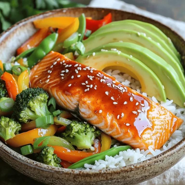 - 2 salmon fillets - 1 cup mixed vegetables (bell peppers, snap peas, broccoli) - 1 avocado, sliced - 1/4 cup sweet chili sauce - 1 tablespoon soy sauce - 1 tablespoon sesame oil - 1 cup cooked jasmine rice - Sesame seeds for garnish - 2 green onions, thinly sliced For this recipe, the fresh ingredients set the stage for a tasty dish. The salmon fillets bring a rich flavor and healthy fats. Choose firm, bright pink fillets for the best results. The mixed vegetables add color and crunch. You can use any mix you like, but I love bell peppers, snap peas, and broccoli. They cook quickly and taste great. Don't forget the avocado! It adds creaminess and balances the heat from the sauce. Slice it just before serving to keep it fresh. Now, let’s not overlook the condiments. Sweet chili sauce brings that perfect mix of sweet and spicy. Pair it with soy sauce for a savory depth. Sesame oil ties everything together with its nutty flavor. Finally, the base is key. Cooked jasmine rice gives a fluffy texture. It’s the perfect canvas for the salmon and veggies. Top it off with sesame seeds for a crunchy finish and sliced green onions for some zest. For the full recipe, click [here](#). To make the marinade, mix these three items in a small bowl: - 1/4 cup sweet chili sauce - 1 tablespoon soy sauce - 1 tablespoon sesame oil This blend gives the salmon a nice sweet and salty flavor. Marinating is key! It allows the salmon to absorb the flavors. Let it soak for at least 15 minutes. This step makes a big taste difference. Next, we need to cook the salmon. Start by preheating a non-stick skillet over medium-high heat. Remove the salmon from the marinade and place it in the hot skillet. Cook each side for about 4-5 minutes. You want the salmon to be flaky and cooked through. Use a fork to check for doneness. If it flakes easily, it’s ready. Reserve any leftover marinade to use later. While the salmon cooks, it’s time for the veggies. In the same skillet, add the mixed vegetables. You’ll want about 1 cup, which can include bell peppers, snap peas, and broccoli. Add a splash of water. Sauté for about 3-4 minutes. Keep an eye on them! You want them bright and slightly tender but still crisp. Season with salt and pepper to taste, and they are ready to go. Enjoy this simple yet flavorful recipe for Sweet Chili Salmon Bowls. For the full recipe, check out the details above. For the best flavor, marinate the salmon for at least 15 minutes. This helps the fish soak up those sweet and spicy flavors. If you want to try something new, use teriyaki sauce or a honey-soy mix. Both can give your salmon a unique twist. You can pan-sear the salmon for a crispy outside or bake it for a softer finish. I prefer pan-searing because it adds a nice crust. To flip the salmon without breaking it, use a wide spatula. Gently slide it under the fish and lift quickly. To make your bowls look great, start with a scoop of jasmine rice at the bottom. Then, add your sautéed veggies and a salmon fillet on top. Finally, arrange avocado slices neatly. For a pop of color, sprinkle green onions and sesame seeds on top. Serve with a side of crispy seaweed or a light salad for balance. {{image_2}} You can make your sweet chili salmon bowls even better with fun toppings. Here are some ideas: - Other vegetables to consider: Try adding shredded carrots, snap peas, or sliced radishes for crunch. You can also use bok choy or zucchini for a fresh twist. - Potential protein swaps: If you want a change, use tofu or chicken. Both options work well with the sweet chili sauce. Adjusting flavors can make your dish unique. Here’s how: - Adjusting sweetness or spiciness: If you want more heat, add red pepper flakes or sriracha. For a sweeter taste, mix in a bit of honey or brown sugar. - Citrus zest for added freshness: Grate some lime or lemon zest on top before serving. This will brighten the flavors and add a zesty kick. You can switch up the base for your bowls. Here are some great options: - Quinoa, rice noodles, or brown rice options: Quinoa adds protein and is gluten-free. Rice noodles are light and fun. Brown rice offers a nutty flavor. - Low-carb alternatives: If you're watching carbs, try cauliflower rice. It’s a great way to enjoy this dish without the extra carbs. For the full experience, check out the Full Recipe and personalize your salmon bowls today! To keep your Sweet Chili Salmon Bowls fresh, store leftovers in the fridge. Place the salmon, rice, and vegetables in separate containers. This helps keep everything tasting great. Use airtight containers to avoid moisture loss. They will keep well for up to three days. When reheating, aim for gentle methods. Use a microwave on low power to warm your salmon and veggies. A skillet works well too. Heat over medium-low, stirring often. This method keeps the salmon tender and avoids drying it out. Remember, you want it warm, not overcooked. You can freeze salmon and veggies separately. Wrap the salmon tightly in plastic wrap, then place it in a freezer bag. For veggies, use a freezer-safe container. They can last up to three months. To thaw, place them in the fridge overnight. For a quick thaw, use cold water. This keeps the texture nice and tasty. If you cannot find salmon, there are great alternatives. You can use other fish like trout or tilapia. Both have a mild taste that works well with sweet chili sauce. If you prefer plant-based options, try tofu or tempeh. These ingredients soak up flavors nicely. You can prepare them the same way as salmon. Just marinate and cook until golden brown. To check if the salmon is done, look for a few signs. First, the color should change from bright pink to a pale pink. Next, gently press the fillet with a fork. If it flakes easily, it’s ready. The best way is to use a meat thermometer. Aim for an internal temperature of 145°F. This ensures it is safe and tasty. Yes! You can prep parts of the dish ahead of time. Cook the rice and sauté the vegetables earlier in the day. Store them in separate containers. For the salmon, it’s best to cook it fresh. If you want to save time, marinate the salmon the night before. Just remember to keep everything in the fridge until you’re ready to eat. The flavors will be just as good! This blog post covered how to make Sweet Chili Salmon Bowls. We discussed key ingredients like fresh salmon and mixed vegetables. You learned how to prepare a tasty marinade and the best cooking techniques. I shared tips on perfecting the dish and suggested tasty variations. Lastly, we covered storage and reheating tips for leftovers. Enjoy trying your new skills! Each step will help you make a delicious meal again and again.