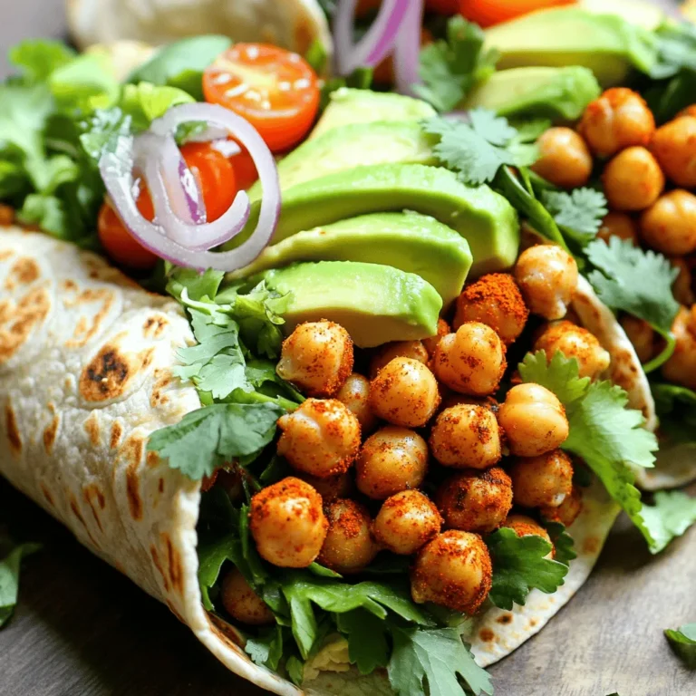 - 1 can (15 oz) chickpeas, drained and rinsed - 2 tablespoons olive oil - 1 teaspoon smoked paprika - 1 teaspoon cumin - 1/2 teaspoon cayenne pepper (adjust to taste) - Salt and pepper to taste - 4 whole grain wraps or tortillas - 1 cup hummus (store-bought or homemade) - 1 cup mixed greens (spinach, kale, arugula) - 1 ripe avocado, sliced - 1/2 cup cherry tomatoes, halved - 1/4 cup red onion, thinly sliced - Fresh cilantro or parsley for garnish Gather these ingredients before you start cooking. Chickpeas provide protein and fiber. Olive oil adds healthy fats and helps with roasting. Smoked paprika and cumin bring a warm, earthy flavor. Cayenne adds heat, so adjust it to your liking. The whole grain wraps hold everything together and boost nutrition. Hummus serves as a creamy, tasty base. Fresh greens make the wraps crisp and colorful. Avocado adds creaminess, while tomatoes and onions add freshness and crunch. Garnish with cilantro or parsley for a pop of flavor. This combination creates a balanced, filling meal. Remember to check the Full Recipe for complete steps on how to make Spicy Roasted Chickpea Wraps. To start, you need to preheat your oven to 400°F (200°C). This step ensures your chickpeas get crispy and golden. Next, prepare your chickpeas. Drain and rinse a can of chickpeas. This step helps remove excess salt and improves the taste. Now, let’s roast the chickpeas. In a mixing bowl, combine the drained chickpeas with: - 2 tablespoons olive oil - 1 teaspoon smoked paprika - 1 teaspoon cumin - 1/2 teaspoon cayenne pepper (adjust to taste) - Salt and pepper to taste Toss everything together until the chickpeas are well coated. Then, spread the seasoned chickpeas in a single layer on a parchment-lined baking sheet. Roast them in your preheated oven for 25-30 minutes. Stir halfway through to ensure even cooking. You want them crispy and golden. While the chickpeas roast, prepare your wraps. Start by spreading a generous layer of hummus on each wrap. This adds creaminess and flavor. Then, layer the following on top of the hummus: - 1 cup mixed greens (spinach, kale, arugula) - 1 ripe avocado, sliced - Roasted chickpeas - 1/2 cup cherry tomatoes, halved - 1/4 cup red onion, thinly sliced Feel free to season with more salt and pepper if you like. Sprinkle fresh cilantro or parsley on top for added flavor. Now, carefully roll each wrap tightly. Slice each wrap in half diagonally for easy serving. Serve immediately with extra hummus or your favorite dip on the side. Enjoy your spicy roasted chickpea wraps! For the complete recipe, check out the Full Recipe. To get the best crispy chickpeas, start by drying them well. After rinsing, use a clean towel to pat them dry. This helps them crisp up in the oven. When mixing in the spices, feel free to adjust cayenne pepper. If you like it mild, use less. For a kick, add more! Wraps are fun because you can add your favorite toppings. Consider adding sliced bell peppers or shredded carrots for extra crunch. If you want a lighter wrap, use lettuce instead of tortillas. You can also swap hummus for guacamole for a creamy twist. These wraps pair well with a side of sweet potato fries or a fresh salad. For dipping, try tahini sauce or a spicy yogurt dip. You can even serve them with salsa for a zesty kick. Don’t forget to check out the Full Recipe for more ideas! {{image_2}} You can switch up the protein in your wraps. Adding chicken or tofu gives a new twist. - For chicken: Use cooked, shredded chicken. It adds flavor and protein. - For tofu: Use firm tofu, pressed and cubed. Sauté it before adding to the wrap. If you want a vegan option, stick with chickpeas or tofu. Both options keep your meal plant-based and hearty. There are many ways to boost the veggies in your wraps. - You can add roasted bell peppers, zucchini, or carrots. They add color and taste. - Instead of chickpeas, try other legumes. Black beans, lentils, or kidney beans work well. These swaps keep your wraps fresh and exciting. You can mix and match based on what you like. Changing the spices and sauces can change the whole meal. - Use different spices like garlic powder, turmeric, or coriander. Each spice brings a new flavor. - You can also add sauces. Try sriracha, tahini, or a yogurt sauce for extra creaminess. These flavor variations make your spicy roasted chickpea wraps special. You can always find new ways to enjoy this dish. For the full recipe, check out the details above! To keep your spicy roasted chickpea wraps fresh, store them in an airtight container. This helps prevent sogginess. I find glass containers work best. These wraps last for up to three days in the fridge. If you want to eat them later, it is best to store the components separately. This way, the wraps stay crisp! The best way to reheat your wraps is in a skillet. Heat it over medium heat for about 3-4 minutes on each side. This method keeps the wrap crispy and warms the filling nicely. You can also use a microwave, but the wrap may get soft. To avoid this, cover it with a damp paper towel and heat for 30 seconds at a time. Check until warm. You can freeze these wraps for up to a month. To freeze, wrap each one tightly in plastic wrap or aluminum foil. Place them in a freezer bag to prevent freezer burn. When you're ready to eat, simply thaw in the fridge overnight. Reheat them in the skillet as mentioned above, and enjoy your tasty meal again! For more details on making these wraps, check the full recipe. Yes, you can use dried chickpeas. First, soak them overnight. This helps them cook faster. Then, boil them for 1 to 2 hours until soft. Make sure to drain and rinse them before using. Dried chickpeas add great texture to your wraps. To adjust the spice level, change the cayenne pepper amount. For less heat, use 1/4 teaspoon. For more heat, go up to 1 teaspoon or more. You can also add hot sauce or chili flakes for extra kick. Experiment to find your perfect balance! If you don’t have hummus, use avocado as a spread. You could also try tzatziki or a bean dip. Creamy dressings work too, like ranch or tahini sauce. Each option will give a different taste but will still be delicious! This article covered a tasty wrap filled with spiced chickpeas and fresh veggies. You learned how to prepare chickpeas, roast them, and assemble your wrap. We discussed tips for perfecting your chickpeas, customizing your wraps, and even storage tips. Final thoughts: Get creative with flavors and ingredients. Enjoy your cooking and have fun with it!