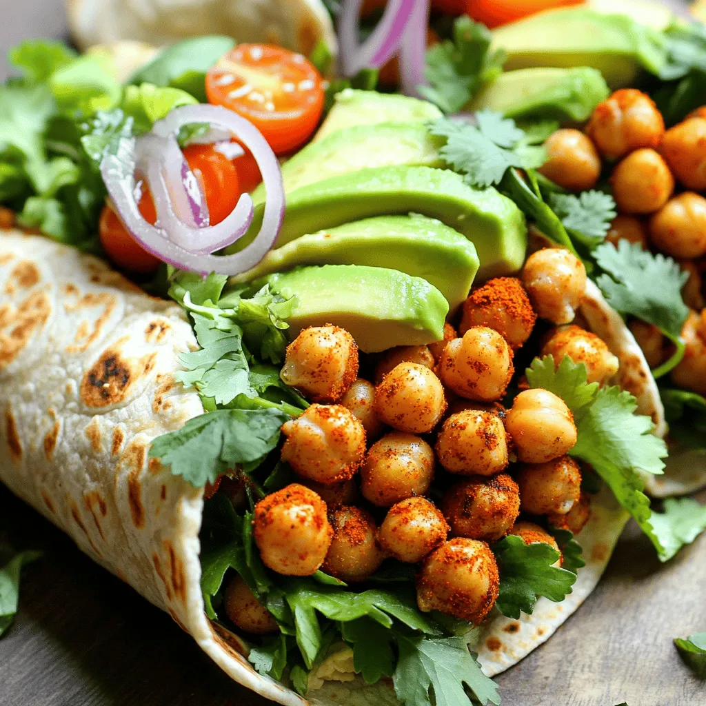 - 1 can (15 oz) chickpeas, drained and rinsed - 2 tablespoons olive oil - 1 teaspoon smoked paprika - 1 teaspoon cumin - 1/2 teaspoon cayenne pepper (adjust to taste) - Salt and pepper to taste - 4 whole grain wraps or tortillas - 1 cup hummus (store-bought or homemade) - 1 cup mixed greens (spinach, kale, arugula) - 1 ripe avocado, sliced - 1/2 cup cherry tomatoes, halved - 1/4 cup red onion, thinly sliced - Fresh cilantro or parsley for garnish Gather these ingredients before you start cooking. Chickpeas provide protein and fiber. Olive oil adds healthy fats and helps with roasting. Smoked paprika and cumin bring a warm, earthy flavor. Cayenne adds heat, so adjust it to your liking. The whole grain wraps hold everything together and boost nutrition. Hummus serves as a creamy, tasty base. Fresh greens make the wraps crisp and colorful. Avocado adds creaminess, while tomatoes and onions add freshness and crunch. Garnish with cilantro or parsley for a pop of flavor. This combination creates a balanced, filling meal. Remember to check the Full Recipe for complete steps on how to make Spicy Roasted Chickpea Wraps. To start, you need to preheat your oven to 400°F (200°C). This step ensures your chickpeas get crispy and golden. Next, prepare your chickpeas. Drain and rinse a can of chickpeas. This step helps remove excess salt and improves the taste. Now, let’s roast the chickpeas. In a mixing bowl, combine the drained chickpeas with: - 2 tablespoons olive oil - 1 teaspoon smoked paprika - 1 teaspoon cumin - 1/2 teaspoon cayenne pepper (adjust to taste) - Salt and pepper to taste Toss everything together until the chickpeas are well coated. Then, spread the seasoned chickpeas in a single layer on a parchment-lined baking sheet. Roast them in your preheated oven for 25-30 minutes. Stir halfway through to ensure even cooking. You want them crispy and golden. While the chickpeas roast, prepare your wraps. Start by spreading a generous layer of hummus on each wrap. This adds creaminess and flavor. Then, layer the following on top of the hummus: - 1 cup mixed greens (spinach, kale, arugula) - 1 ripe avocado, sliced - Roasted chickpeas - 1/2 cup cherry tomatoes, halved - 1/4 cup red onion, thinly sliced Feel free to season with more salt and pepper if you like. Sprinkle fresh cilantro or parsley on top for added flavor. Now, carefully roll each wrap tightly. Slice each wrap in half diagonally for easy serving. Serve immediately with extra hummus or your favorite dip on the side. Enjoy your spicy roasted chickpea wraps! For the complete recipe, check out the Full Recipe. To get the best crispy chickpeas, start by drying them well. After rinsing, use a clean towel to pat them dry. This helps them crisp up in the oven. When mixing in the spices, feel free to adjust cayenne pepper. If you like it mild, use less. For a kick, add more! Wraps are fun because you can add your favorite toppings. Consider adding sliced bell peppers or shredded carrots for extra crunch. If you want a lighter wrap, use lettuce instead of tortillas. You can also swap hummus for guacamole for a creamy twist. These wraps pair well with a side of sweet potato fries or a fresh salad. For dipping, try tahini sauce or a spicy yogurt dip. You can even serve them with salsa for a zesty kick. Don’t forget to check out the Full Recipe for more ideas! {{image_2}} You can switch up the protein in your wraps. Adding chicken or tofu gives a new twist. - For chicken: Use cooked, shredded chicken. It adds flavor and protein. - For tofu: Use firm tofu, pressed and cubed. Sauté it before adding to the wrap. If you want a vegan option, stick with chickpeas or tofu. Both options keep your meal plant-based and hearty. There are many ways to boost the veggies in your wraps. - You can add roasted bell peppers, zucchini, or carrots. They add color and taste. - Instead of chickpeas, try other legumes. Black beans, lentils, or kidney beans work well. These swaps keep your wraps fresh and exciting. You can mix and match based on what you like. Changing the spices and sauces can change the whole meal. - Use different spices like garlic powder, turmeric, or coriander. Each spice brings a new flavor. - You can also add sauces. Try sriracha, tahini, or a yogurt sauce for extra creaminess. These flavor variations make your spicy roasted chickpea wraps special. You can always find new ways to enjoy this dish. For the full recipe, check out the details above! To keep your spicy roasted chickpea wraps fresh, store them in an airtight container. This helps prevent sogginess. I find glass containers work best. These wraps last for up to three days in the fridge. If you want to eat them later, it is best to store the components separately. This way, the wraps stay crisp! The best way to reheat your wraps is in a skillet. Heat it over medium heat for about 3-4 minutes on each side. This method keeps the wrap crispy and warms the filling nicely. You can also use a microwave, but the wrap may get soft. To avoid this, cover it with a damp paper towel and heat for 30 seconds at a time. Check until warm. You can freeze these wraps for up to a month. To freeze, wrap each one tightly in plastic wrap or aluminum foil. Place them in a freezer bag to prevent freezer burn. When you're ready to eat, simply thaw in the fridge overnight. Reheat them in the skillet as mentioned above, and enjoy your tasty meal again! For more details on making these wraps, check the full recipe. Yes, you can use dried chickpeas. First, soak them overnight. This helps them cook faster. Then, boil them for 1 to 2 hours until soft. Make sure to drain and rinse them before using. Dried chickpeas add great texture to your wraps. To adjust the spice level, change the cayenne pepper amount. For less heat, use 1/4 teaspoon. For more heat, go up to 1 teaspoon or more. You can also add hot sauce or chili flakes for extra kick. Experiment to find your perfect balance! If you don’t have hummus, use avocado as a spread. You could also try tzatziki or a bean dip. Creamy dressings work too, like ranch or tahini sauce. Each option will give a different taste but will still be delicious! This article covered a tasty wrap filled with spiced chickpeas and fresh veggies. You learned how to prepare chickpeas, roast them, and assemble your wrap. We discussed tips for perfecting your chickpeas, customizing your wraps, and even storage tips. Final thoughts: Get creative with flavors and ingredients. Enjoy your cooking and have fun with it!