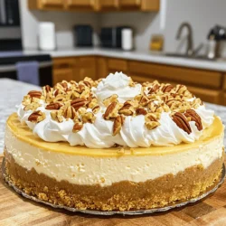 - 1 ½ cups graham cracker crumbs - ½ cup unsalted butter, melted - 2 cups cream cheese, softened - 1 cup granulated sugar - 3 large eggs - 1 teaspoon vanilla extract - ½ cup pure maple syrup - 1 cup chopped pecans (toasted if preferred) - 1 teaspoon ground cinnamon - Pinch of salt - Whipped cream (for topping) - Extra chopped pecans (for garnish) To make a great Maple Pecan Cheesecake, you need simple, fresh ingredients. Start with graham cracker crumbs for a tasty crust. Mix in melted butter to hold it all together. The creamy filling needs softened cream cheese and granulated sugar for sweetness. Three eggs help set the cheesecake. You’ll add rich flavors with vanilla extract and pure maple syrup. For crunch, use chopped pecans, which can be toasted for extra flavor. A sprinkle of ground cinnamon adds warmth, and a pinch of salt balances the sweetness. Don’t forget the toppings! Whipped cream makes it extra special. Extra chopped pecans give a nice finish. This recipe is simple and requires no fancy tools or skills. Gather all these ingredients, and you're ready to create a luscious dessert. For the full recipe, follow the instructions carefully. Enjoy! 1. Preheat the oven and prepare the springform pan Start by preheating your oven to 325°F (160°C). Grab a 9-inch springform pan, and grease it well. This helps the cheesecake come out easily later. 2. Mix graham cracker crumbs and melted butter, then create the crust In a medium bowl, mix 1 ½ cups of graham cracker crumbs with ½ cup of melted butter. Stir until it looks like wet sand. Press this mixture firmly into the bottom of your prepared pan to make a nice crust. Bake it for 10 minutes, then take it out and let it cool. 3. Prepare the cheesecake batter with cream cheese and sugar In a large mixing bowl, use an electric mixer to beat 2 cups of softened cream cheese until it’s smooth. Gradually add in 1 cup of granulated sugar. Keep mixing until fully blended. 4. Incorporate eggs and flavorings, then fold in pecans Add 3 large eggs one at a time. Mix well after each egg. Then, mix in 1 teaspoon of vanilla extract, ½ cup of pure maple syrup, 1 teaspoon of ground cinnamon, and a pinch of salt. Be careful not to over-mix. Finally, gently fold in 1 cup of chopped pecans. 5. Bake the cheesecake and cool as instructed Pour the cheesecake batter over the cooled crust. Smooth the top with a spatula. Bake in the preheated oven for 55-65 minutes. The center should be set but still slightly jiggly. After baking, turn off the oven and crack the door open. Let the cheesecake cool in the oven for about 1 hour. Once cooled, let it sit at room temperature, then refrigerate for at least 4 hours or overnight. This step-by-step guide helps you make the perfect Maple Pecan Cheesecake. For the full recipe, check the ingredients and instructions provided earlier. Enjoy your baking! To make a smooth batter, beat the cream cheese first. This helps remove lumps. Add sugar slowly while mixing. Mix until creamy and smooth. This technique is key for a perfect texture. To avoid cracks on the surface, bake at a low temperature. A water bath can help keep the cheesecake moist. After baking, turn off the oven but leave the door open. Let the cheesecake cool slowly to prevent cracking. Best practices for chilling include covering the cheesecake once cooled. Use plastic wrap to keep it fresh. Chill for at least four hours, but overnight is best. This extra time helps the flavors blend well. For serving, fresh whipped cream is a great choice. It adds lightness and balances the rich flavors. Whip heavy cream until soft peaks form. Spread it on top just before serving. For a beautiful presentation, sprinkle extra chopped pecans on top. You can also drizzle maple syrup for added sweetness. These touches make your cheesecake look as good as it tastes. If you want to impress guests, add a few sprigs of mint for color. For the full recipe, visit [Full Recipe]. {{image_2}} You can easily change this recipe to fit your needs. If you want a gluten-free option, use almond flour or gluten-free cookie crumbs for the crust. This swap keeps the texture nice and adds a new flavor. You can also play with the nuts. Instead of pecans, use walnuts or hazelnuts for a different taste. If you want less sugar, consider using honey or a sugar substitute in your cheesecake. Adding chocolate or caramel can bring a new twist to your cheesecake. You could mix chocolate chips into the batter or drizzle caramel on top. This adds richness and makes each bite more exciting. Infusing other flavors is another way to enhance your cheesecake. Try adding a splash of bourbon to the batter for warmth. A little vanilla bean can also add depth. These flavors will blend well with the maple and pecans, creating a dessert that stands out. For the full recipe, check out the Maple Pecan Cheesecake. Enjoy your kitchen adventure! To keep your maple pecan cheesecake fresh, you should refrigerate it. Place the cheesecake in an airtight container. If you don’t have one, cover it tightly with plastic wrap. This keeps moisture in and prevents odors from other foods. Store it in the fridge for the best taste. If you want to keep it longer, you can freeze it. Wrap the cheesecake in plastic wrap, then in aluminum foil. This double layer helps prevent freezer burn. You can freeze it for up to three months. When ready to eat, thaw it in the fridge overnight. In the fridge, your cheesecake lasts about five to seven days. Always check for any signs of spoilage before eating. If the cheesecake is frozen, it can last up to three months. However, for the best taste and texture, eat it within one month. This ensures you enjoy every creamy bite at its best. To slice cheesecake well, use a sharp knife. Dip the knife in warm water, then wipe it dry. Start at the center and cut out a piece. Repeat this process for each slice. This method keeps the slices neat and smooth. Yes, you can make this cheesecake in advance. It tastes even better after chilling overnight. Just store it in the fridge until you're ready to serve. This makes it a great choice for parties or special events. Your cheesecake is done when the edges are set and the center is slightly jiggly. It will firm up as it cools. Keep an eye on it during the last few minutes of baking to avoid overcooking. If you want to replace cream cheese, use mascarpone cheese or ricotta. Both will give a creamy texture. You can also try a blended tofu for a dairy-free option, though the flavor will differ. Yes, you can make a dairy-free version. Use dairy-free cream cheese or cashew cream instead of regular cream cheese. Substitute the heavy cream with coconut cream for the topping. This way, everyone can enjoy the cheesecake! To make a great Maple Pecan Cheesecake, you need simple, fresh ingredients. Here’s what you will need: - 1 ½ cups graham cracker crumbs - ½ cup unsalted butter, melted - 2 cups cream cheese, softened - 1 cup granulated sugar - 3 large eggs - 1 teaspoon vanilla extract - ½ cup pure maple syrup - 1 cup chopped pecans (toasted if preferred) - 1 teaspoon ground cinnamon - Pinch of salt - Whipped cream (for topping) - Extra chopped pecans (for garnish) This cheesecake is rich and creamy, with a sweet maple flavor. When I first made this recipe, I was amazed by how easy it was. The graham cracker crust gives a nice crunch. The cream cheese filling is smooth and sweet, balanced by the nuts. I love the toasted pecans. They add a lovely, crunchy texture. You can toast them in a pan or the oven. Just keep an eye on them so they don’t burn! The maple syrup really shines in this dessert. It brings a warm sweetness that pairs well with the tangy cream cheese. Each bite feels like a cozy hug. For a full experience, try serving it with homemade whipped cream and extra nuts. It looks great and tastes even better. You can find the complete steps in the [Full Recipe]. Maple Pecan Cheesecake is a delicious treat made with simple ingredients. We covered how to make the crust, mix the filling, and bake it to perfection. With tips for smooth batter and tasty toppings, you can impress anyone. Don't forget about fun variations and smart storage tips to keep your cheesecake fresh. Enjoy your baking adventure with this delightful dessert that everyone will love!