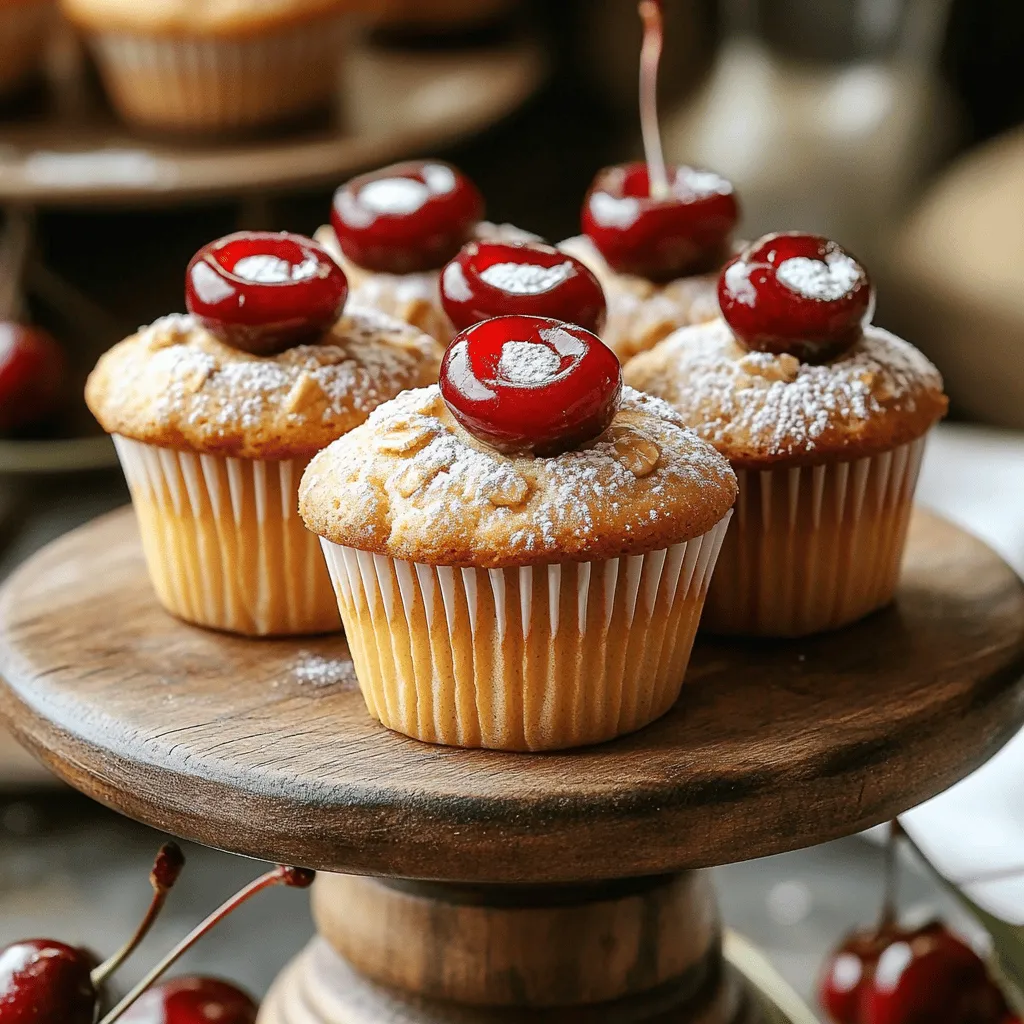 To make Cherry Oatmeal Cupcakes, you need a few key items: - 1 cup rolled oats - 1 cup milk (dairy or plant-based) - 1/2 cup all-purpose flour - 1/2 cup almond flour (or more all-purpose flour) - 1/2 cup brown sugar, packed - 1/4 cup honey or maple syrup - 1/3 cup unsweetened applesauce - 1 teaspoon baking powder - 1/2 teaspoon baking soda - 1/2 teaspoon ground cinnamon - 1/4 teaspoon salt - 1 cup fresh or frozen cherries, pitted and halved - 1 teaspoon vanilla extract - 1/4 cup chopped nuts (optional, like walnuts or pecans) These ingredients mix well to create a moist and tasty cupcake. Rolled oats add a chewy texture, while cherries bring a sweet burst of flavor. You can make your cupcakes even better with these extras: - Nuts (like walnuts or pecans) - Sweeteners (such as honey or maple syrup) Nuts add crunch, and sweeteners can help adjust the flavor to your liking. If you want to switch things up, here are some ideas: - Use alternative flours like whole wheat or gluten-free options. - Try different sweeteners based on your taste. These changes let you customize your cupcakes to fit your diet and preferences. For the full recipe, check out the complete details above. 1. Preheat your oven to 350°F (175°C). Line a cupcake tray with paper liners. 2. In a medium bowl, mix the rolled oats with the milk. Let this sit for about 15 minutes. This helps soften the oats. 1. In a large bowl, whisk together the all-purpose flour, almond flour, brown sugar, baking powder, baking soda, ground cinnamon, and salt until they are well mixed. 2. Add the oat mixture, honey or maple syrup, applesauce, and vanilla extract to the dry ingredients. Stir gently until just combined. Be careful not to overmix. 3. Fold in the halved cherries and nuts, if you are using them. Make sure they are evenly spread in the batter. 1. Fill the cupcake liners with the batter. Aim to fill each about 3/4 full. 2. Bake the cupcakes in the preheated oven for 18-20 minutes. Check for doneness by inserting a toothpick into the center. If it comes out clean, they are ready. 3. Once baked, remove the cupcakes from the oven. Let them cool in the tray for about 5 minutes. Then, transfer them to a wire rack to cool completely. For more details, refer to the Full Recipe. To get the best texture in your Cherry Oatmeal Cupcakes, avoid overmixing the batter. When you mix too much, the cupcakes can turn out dense. Stir just until the ingredients come together. This keeps them light and fluffy. Each oven can act differently. Check your cupcakes around the 18-minute mark. If they look golden and a toothpick comes out clean, they are ready. You can boost the flavor of your cupcakes by adding spices. Cinnamon works great, but nutmeg or ginger can also add a nice touch. A splash of vanilla extract will make them even tastier. When choosing cherries, fresh ones give a bright taste. Frozen cherries can work too, but they may add extra moisture. If you use frozen, let them thaw a bit and drain excess liquid. Make your cupcakes shine by dusting them with powdered sugar. This simple touch adds a sweet look. For a pop of color, place a fresh cherry on top of each cupcake. You can also serve them on a beautiful plate or a rustic wooden board. This will make your treats even more inviting and fun. {{image_2}} You can easily make these cupcakes fit your diet. For a gluten-free treat, use gluten-free flour in place of all-purpose flour. Almond flour works well here too. If you want a vegan version, swap the milk with plant-based milk. You can also replace honey or maple syrup with agave syrup for a vegan-friendly sweetener. Want to mix things up? Add chocolate chips to the batter for a rich twist. Just fold in about 1/2 cup of your favorite chocolate chips before baking. You can also brighten the flavor with citrus zests. Try adding lemon or orange zest to the batter for a refreshing taste. Feel free to switch up the fruit! You can use blueberries, raspberries, or even diced apples for a fun change. Dried fruits like cranberries or raisins also add a chewy texture. Just make sure to adjust the sweetness if you use dried fruits, as they can be sweeter than fresh ones. For the full recipe, check out the details above. Enjoy experimenting with these variations! Store your Cherry Oatmeal Cupcakes at room temperature. Keep them in an airtight container. If you want to keep them longer, you can refrigerate them. Wrap each cupcake in plastic wrap to prevent drying. This method helps keep the flavor fresh and tasty. These cupcakes stay fresh for about three days at room temperature. In the fridge, they can last up to a week. Always check for signs of spoilage. If they smell sour or have a dry texture, it’s time to toss them. Mold is another clear sign that they’re no longer good. To reheat, place the cupcakes in the microwave for about 10-15 seconds. This warms them up without making them dry. You can also use an oven set to 350°F (175°C). Wrap them in foil to keep them moist while reheating. Enjoy them warm for the best taste! If you want the full recipe, check out the Cherry Oatmeal Cupcakes recipe. Yes, you can make these cupcakes ahead of time. The best way is to bake them and let them cool. After cooling, wrap each cupcake in plastic wrap. This keeps them fresh for up to three days at room temperature. If you need to store them longer, freeze them instead. Just place them in a freezer bag. They last for about three months in the freezer. To enjoy, thaw them overnight in the fridge. You can also warm them a bit before serving. If you want to swap cherries, many fruits work well. You can try blueberries, raspberries, or diced peaches. These options bring a different flavor but still taste great. For a tropical twist, use diced pineapple or mango. If you prefer dried fruits, consider raisins or cranberries. Just chop them smaller to mix well into the batter. Each fruit will change the cupcakes’ taste, but all are delicious! Storing leftovers is easy. If you have extra cupcakes, let them cool completely. Then, place them in an airtight container. This keeps them fresh and moist. You can keep them at room temperature for two to three days. If you want to keep them longer, refrigerate them. However, they may become a bit dry in the fridge. To prevent this, wrap them tightly. In this article, we explored the key ingredients for cherry oatmeal cupcakes. We discussed essential and optional components, as well as substitutions. I provided step-by-step instructions to mix, bake, and present your cupcakes perfectly. We also covered storage tips and variations, including dietary adjustments and flavor infusions. By following these guidelines, you can create delicious cupcakes tailored to your tastes. Get creative in the kitchen and enjoy baking!