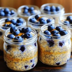 - 1 cup rolled oats - 2 cups almond milk - 1 cup fresh blueberries - 1/4 cup unsweetened almond butter - 2 tablespoons maple syrup - 1 teaspoon vanilla extract - 1/2 teaspoon cinnamon - 1 tablespoon chia seeds (optional) - A pinch of salt When making blueberry almond overnight oats, I focus on fresh, simple ingredients. Each ingredient plays a key role in flavor and texture. Rolled oats are perfect here. They soak up the almond milk well. This makes the oats creamy and soft. Using almond milk gives a nice nutty taste. You can swap it for any non-dairy milk you like. Coconut milk or oat milk works great too. The fresh blueberries add a burst of flavor. They also bring natural sweetness. If you prefer, you can use frozen berries, but fresh is best. Almond butter adds creaminess and protein. It makes the oats filling and tasty. If you want a different flavor, try peanut butter or cashew butter. Maple syrup is my go-to sweetener here. It has a rich flavor that pairs well with oats. You can also use honey or agave syrup if you like. Vanilla extract enhances the flavor. A little goes a long way. I add cinnamon for warmth and spice. It makes the oats feel cozy. Chia seeds are optional, but they boost nutrition. They add fiber and protein. Finally, don’t forget a pinch of salt. It brings all the flavors together. - If you don’t have almond milk, try oat or soy milk. - For sweeteners, you can swap maple syrup with honey or agave syrup. - You can also use quick oats, but rolled oats give a better texture. These substitutions keep the recipe flexible. You can make it work with what you have on hand. For the full recipe, check out Blueberry Almond Overnight Oats. To start, gather your base ingredients. You’ll need: - 1 cup rolled oats - 2 cups almond milk - 1/4 cup almond butter - 2 tablespoons maple syrup - 1 teaspoon vanilla extract - 1/2 teaspoon cinnamon - A pinch of salt - Optional: 1 tablespoon chia seeds 1. In a medium bowl, mix the rolled oats and almond milk. If you want, add chia seeds now. Stir until the oats soak up the milk. 2. Next, add almond butter, maple syrup, vanilla extract, cinnamon, and salt. Mix well to blend everything. 3. Now, gently fold in the fresh blueberries. Save a few for later as a topping. When it comes to assembly, use jars or containers with lids. This helps keep everything fresh. Here’s what to do: - Divide the oat mixture evenly between the jars. - Seal them tightly to avoid spills. - Layer the saved blueberries on top for a nice look. Letting the oats sit overnight is key. Soaking allows the oats to absorb the liquid. This makes them soft and creamy. - If you’re short on time, soak for at least 4 hours. - The longer they sit, the better the flavor and texture. Following these steps will lead you to a tasty Blueberry Almond Overnight Oats experience. For the complete recipe, see the [Full Recipe]. To get the right texture in your blueberry almond overnight oats, adjust the liquid. More almond milk makes them creamier. If you like them thicker, use less. Start with the full recipe and tweak it based on your taste. The temperature of your ingredients matters too. Use cold almond milk and fresh blueberries straight from the fridge. This helps keep the oats firm and fresh. You can make these oats up to three days ahead. Just store them in the fridge in airtight containers. They get better as they sit. For the best taste, eat them within three days. If you want to make a large batch, divide it into single servings. This way, you can grab one when you are in a hurry. Add some crunch to your oats with toppings. Try sliced almonds, granola, or even coconut flakes. These add great texture. You can also pair your oats with more fruits. Slices of banana or strawberries work well. Feel free to get creative and mix different nuts or seeds for extra flavor and crunch! {{image_2}} You can easily boost the flavor of your Blueberry Almond Overnight Oats. Here are a couple of fun ideas: - Adding spices: Try adding a pinch of nutmeg or ginger. This adds warmth and depth. - Using different nut butters: Swap almond butter for peanut or cashew butter. Each one brings a new taste. Seasonal changes mean you can switch up the fruit. This keeps your oats fresh and exciting: - Substituting berries: In spring, use strawberries; in fall, try cranberries. Adjust based on what's in season. - Incorporating other fruits: Mix in peaches during summer or bananas for a creamy texture. Each fruit adds its own flair. You can adapt this recipe to fit your dietary needs: - Vegan options: Use maple syrup and almond milk to keep it plant-based. No dairy here! - Gluten-free alternatives: Ensure your oats are certified gluten-free. This makes it safe for everyone. Feel free to explore and make this recipe your own! For the complete recipe, check out [Full Recipe]. To keep your blueberry almond overnight oats fresh, choose glass jars with tight lids. These jars help seal in flavor and moisture. You can also use BPA-free plastic containers. Here are some tips to prolong freshness: - Store in the fridge right after making. - Keep toppings separate until serving. - If you plan to eat them later, add fruits like bananas or berries just before. Yes, you can freeze overnight oats! This option is great for meal prep. To freeze, pour the mixture into freezer-safe containers. Leave about an inch of space at the top for expansion. When you’re ready, here’s how to thaw them properly: - Move the jar to the fridge for a few hours or overnight. - If you're in a hurry, use the microwave on low power. In the fridge, your blueberry almond overnight oats stay fresh for up to five days. However, always check for signs of spoilage: - Look for a sour smell or off texture. - If the oats appear watery or slimy, it’s time to toss them. By following these tips, you can enjoy your delicious oats stress-free! For the full recipe, check the earlier section. Yes, you can use quick oats. They will absorb liquid faster. This may change the texture. Quick oats will make the mixture creamier but less chewy. To prep ahead, make multiple jars at once. Follow the full recipe and divide into portions. Store in the fridge for up to five days. This saves time for busy mornings. You can add several things for better nutrition: - Flaxseeds for omega-3s - Yogurt for probiotics - Nuts for healthy fats - Protein powder for extra protein These will boost the health benefits of your oats. Yes, you can heat them up. Just remove the lid and microwave for a minute. Stir after heating. Add a splash of almond milk if they seem too thick. Absolutely! You can try: - Strawberries for a sweet twist - Raspberries for a tart flavor - Peaches for a summer vibe These fruits will add new tastes and colors to your oats. Blueberry Almond Overnight Oats offer a simple, tasty breakfast. We covered ingredient lists, easy prep, and storage tips. You can mix and match flavors with seasonal fruits or nut butters. Remember, letting oats soak overnight makes them creamier. These oats are flexible for any diet and easy to store. Customize them to fit your taste! Enjoy your nutritious breakfast every day. Healthy eating starts with choices like this one.