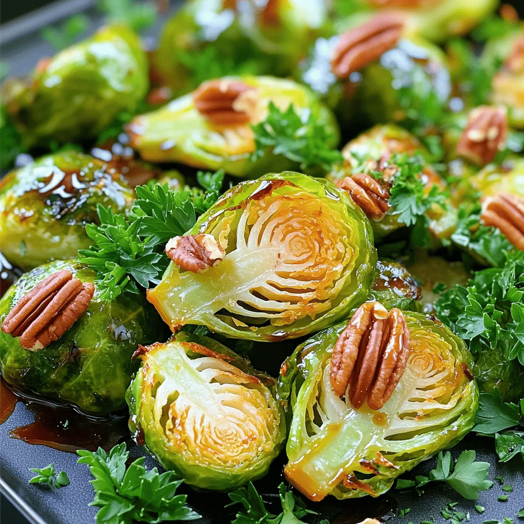 - 1 pound Brussels sprouts, trimmed and halved - 3 tablespoons balsamic vinegar - 2 tablespoons maple syrup - 2 tablespoons olive oil - 2 cloves garlic, minced - Salt and pepper to taste - Optional: 1/4 cup chopped pecans for added crunch - Optional: Fresh parsley for garnish You need fresh Brussels sprouts for this dish. Look for bright green sprouts with tight leaves. They should feel firm to the touch. If they look yellow or soft, skip them. Balsamic vinegar adds a rich flavor. It balances well with the sweetness of maple syrup. Olive oil helps the sprouts roast nicely. Garlic brings a lovely aroma and taste. If you want a crunchy twist, add pecans. They give a great texture contrast. Fresh parsley adds a pop of color and freshness. This dish is simple, yet the flavors shine. You can find the Full Recipe for detailed steps and cooking times. Enjoy cooking! - Preheat the oven to 400°F (200°C). - Prepare the Brussels sprouts by trimming and halving them. Start by cutting off the stem end, then slice them in half. This helps them cook evenly. When you trim and halve the sprouts, you expose more surface area. This is key for getting that nice caramelization. - Mix halved Brussels sprouts with olive oil, garlic, salt, and pepper. - Spread on a baking sheet, cut side down, and roast for 20 minutes. In a large bowl, add the halved sprouts. Pour in the olive oil and add minced garlic. Sprinkle with salt and pepper. Toss everything together. Make sure every sprout gets coated. This step is so important for flavor! Once mixed, spread the Brussels sprouts on a baking sheet. Place them cut side down. This helps them brown nicely. Roast in the oven for 20 minutes. You want them tender with a touch of crispness. - Combine balsamic vinegar and maple syrup in a bowl. - Drizzle over roasted sprouts and toss before returning to the oven. While the sprouts roast, mix balsamic vinegar and maple syrup in a small bowl. The sweet maple balances the tart vinegar. After 20 minutes, take the sprouts out of the oven. Drizzle the balsamic-maple mix over them. Toss gently to coat. Return to the oven for another 10 to 15 minutes. This allows the glaze to thicken and stick. The sprouts will turn a beautiful brown color, making them even more tempting. For the full recipe, check the details above. To get even roasting, make sure to cut the Brussels sprouts in half. This helps them cook evenly. Spread them out on the baking sheet. If they are too crowded, they will steam instead of roast. Toss the sprouts with the glaze after the first roast. This ensures every piece gets a tasty coating. You can add herbs like thyme or rosemary for extra flavor. A pinch of garlic powder also works well. If you want a twist, try using red wine vinegar instead of balsamic vinegar. It gives a nice tang. You can also use apple cider vinegar for a sweeter taste. Balsamic glazed Brussels sprouts pair well with roasted chicken or grilled steak. They can be a great side for holiday meals, too. You can also serve them as a tasty appetizer. Just place them on a platter and let your guests dig in! For the full recipe, check out the earlier section. {{image_2}} You can easily adjust this recipe for different diets. For a vegan option, simply replace the maple syrup with agave syrup. Use olive oil to keep it plant-based. If you are gluten-free, this recipe is already safe. All the ingredients are gluten-free. Just ensure the balsamic vinegar is pure. Want to spice things up? Add chili flakes for some heat. Smoked paprika gives it a nice, smoky flavor. You can also swap the maple syrup for honey if you prefer. Agave syrup works well too. Each sweetener brings a unique taste to the dish. For extra crunch, try adding almonds or walnuts. They add a great texture contrast. You can also mix in other veggies. Carrots or sweet potatoes work well with Brussels sprouts. They not only add color but also enhance the taste. This recipe is versatile and fun to customize. Check out the Full Recipe for more ideas! To keep your balsamic glazed Brussels sprouts fresh, store them in the fridge. Use an airtight container to keep them safe. This way, they stay crisp and tasty. Leftovers can last up to three days in the refrigerator. Just make sure they are cool before sealing them up. When you want to enjoy your leftovers, use the oven or a skillet for reheating. Both methods keep the sprouts crispy. If you use the microwave, they might get soggy, which we want to avoid. Reheat in the oven at 350°F for about 10 minutes. If using a skillet, heat it on medium-low, then add the Brussels sprouts, stirring gently until warm. If you have extra sprouts, freezing is a great option. First, let them cool completely. Then, spread them on a baking sheet in a single layer. Freeze them for about an hour until solid. After that, transfer them into a freezer bag or container. When you want to use them, thaw them in the fridge overnight. Reheat them in the oven or skillet, as mentioned before. Enjoy your tasty leftovers! When you pick Brussels sprouts, look for small, bright green balls. They should feel firm and heavy. Avoid sprouts that are yellow or wilted. Fresh sprouts have tightly packed leaves and a nice smell. If you find sprouts with some dirt, that's okay! It means they are fresh from the farm. Yes, you can use frozen Brussels sprouts. They are handy and save time. However, fresh sprouts taste better. Frozen ones might not get as crispy when cooked. If you use frozen, thaw them first and pat them dry. This helps them roast better. These sprouts pair well with many dishes. You can serve them with roasted chicken or grilled steak. They also go great with quinoa or rice. If you want a veggie option, try them with stuffed peppers or a grain salad. The sweet and tangy flavor of the sprouts adds a nice touch. You can tell Brussels sprouts are done when they are golden brown and tender. They should have a nice caramelized look. If you pierce one with a fork, it should feel soft. A bit of a crisp outer layer also means they are perfect. This article has covered how to make balsamic glazed Brussels sprouts. You learned about the ingredients, step-by-step instructions, and tips for the best results. I shared variations for dietary needs and flavor changes. I also discussed how to store leftovers and answered your common questions. Now, you can enjoy a healthy, tasty side dish that pairs well with many meals. Give it a try and impress your friends and family!