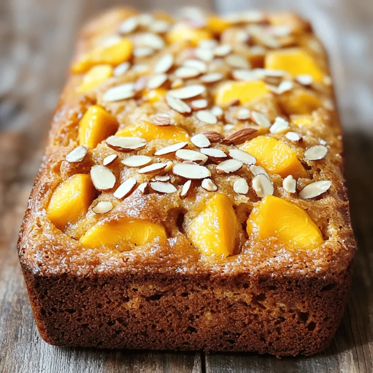 To make the Peach Almond Breakfast Loaf, you need these key items: - 2 cups all-purpose flour - 1 cup almond flour - 1 teaspoon baking powder - 1/2 teaspoon baking soda - 1/2 teaspoon salt - 1 teaspoon cinnamon - 1/2 cup brown sugar, packed - 1/4 cup granulated sugar - 1/2 cup unsalted butter, softened - 2 large eggs - 1 teaspoon vanilla extract - 1 cup Greek yogurt - 1 ½ cups ripe peaches, diced (fresh or canned, drained) - 1/2 cup sliced almonds, plus extra for topping These ingredients work together to create a moist and flavorful loaf. The mix of flours helps with texture, while the peaches add natural sweetness. You can boost the loaf's flavor with some optional add-ins: - 1/2 cup chopped walnuts or pecans - 1 teaspoon almond extract - 1/2 cup dried cranberries or raisins - Zest from one lemon or orange These add-ins provide extra crunch and a burst of flavor. They can also make the loaf more unique and personal to your taste. If you need to make changes for dietary needs, consider these options: - Use gluten-free flour mix instead of all-purpose flour for a gluten-free loaf. - Substitute coconut oil for butter if you want a dairy-free option. - Replace Greek yogurt with applesauce for a lower-fat alternative. These substitutions allow you to customize the loaf. You can still enjoy the same great taste while meeting your dietary goals. For the complete recipe, check out the Full Recipe section. Start by preheating your oven to 350°F (175°C). This will help your loaf bake evenly. Next, grease and line a 9x5-inch loaf pan with parchment paper. This makes it easy to remove later. In a medium bowl, whisk together the all-purpose flour, almond flour, baking powder, baking soda, salt, and cinnamon. Set this bowl aside. In a large bowl, cream the softened butter with brown sugar and granulated sugar. Beat them together until the mixture is light and fluffy. This should take about 3-4 minutes. Add in the eggs, one at a time. Make sure to beat well after each addition. Then stir in the vanilla extract and Greek yogurt. Mix until everything is fully combined. Gradually add the dry mixture to the wet mixture. Stir gently until just combined. Be careful not to over-mix, as this can make your loaf tough. Now, fold in the diced peaches and sliced almonds. The batter will be thick, but that’s okay! Pour the batter into your prepared loaf pan. Use a spatula to smooth out the top. For a nice crunch, sprinkle extra sliced almonds on top. Place the loaf in the preheated oven and bake for 55-65 minutes. To check if it’s done, insert a toothpick into the center. If it comes out clean, your loaf is ready! To ensure your loaf is baked perfectly, look for a golden-brown top. The sides should pull away slightly from the pan. If you’re unsure, use the toothpick test. Insert it into the center, and if it comes out with a few crumbs, it’s still moist. If it comes out wet, give it a few more minutes. Enjoy the process, and soon you’ll have a delightful Peach Almond Breakfast Loaf to share! When mixing your batter, start with room-temperature ingredients. This helps them blend well. Cream the butter and sugars until they are fluffy. This step adds air, making your loaf light. Add the eggs one at a time. This helps each egg mix in fully. Avoid over-mixing when you add the dry ingredients. Gently fold them in until you see no flour. This keeps your loaf tender. To keep your Peach Almond Breakfast Loaf moist, use ripe peaches. Their juice adds natural moisture. Greek yogurt also helps. It keeps the loaf soft and tasty. Make sure not to overbake the loaf. Test it with a toothpick; it should come out clean but not dry. If you see crumbs, that’s perfect! Use a 9x5-inch loaf pan for the best shape. Line it with parchment paper for easy removal. A medium bowl for dry ingredients and a large bowl for wet ones work best. A whisk is good for mixing, and a spatula helps fold in the fruit and nuts. A toothpick is handy for checking doneness. These tools make your baking process smooth and fun. For the full recipe of this delightful Peach Almond Breakfast Loaf, check out the Full Recipe! {{image_2}} You can switch up the fruit in your Peach Almond Breakfast Loaf. Use ripe bananas for a sweet twist. Blueberries or raspberries add a fresh burst of flavor. Want to get nutty? Try walnuts or pecans instead of almonds. These options make your loaf unique each time. Add spices to change the flavor profile. A pinch of nutmeg adds warmth. You can also try cardamom for a floral note. For a zesty kick, add lemon or orange zest. These small changes can make a big difference in taste. You can make vegan swaps easily. Replace eggs with flaxseed meal mixed with water. Use coconut oil instead of butter. For gluten-free, swap all-purpose flour with a gluten-free blend. Just ensure that your baking powder is gluten-free too. These options let everyone enjoy this tasty loaf. For the complete recipe, check out the Full Recipe. After you bake the Peach Almond Breakfast Loaf, let it cool completely. This step is key to keeping it fresh. Store the loaf in an airtight container at room temperature. It will stay tasty for up to three days. If you see any mold, toss it out right away. If you want to save some for later, freezing is a great option. Once the loaf is fully cooled, wrap it tightly in plastic wrap. Then, place it in a freezer bag or container. This keeps out air and prevents freezer burn. The loaf will stay fresh in the freezer for up to three months. When you're ready to eat it, let it thaw in the fridge overnight. To enjoy your Peach Almond Breakfast Loaf warm, slice off a piece. You can reheat it in the microwave for about 15-20 seconds. Alternatively, place it in a toaster oven at 350°F (175°C) for a few minutes. This will bring back its lovely texture. Enjoy each bite! For the full recipe, check out the details above. Yes, you can use frozen peaches. Just make sure to thaw and drain them first. This helps keep the loaf from getting too wet. Frozen peaches can work well if fresh ones aren't available. If you don’t have Greek yogurt, use plain yogurt or sour cream. Both options keep the loaf moist and add creaminess. You might also try applesauce for a lighter texture. The loaf lasts up to three days at room temperature. Keep it in an airtight container. For longer storage, you can freeze slices for later enjoyment. Absolutely! You can mix in blueberries, raspberries, or even diced apples. Just ensure the total fruit amount stays similar to the peach quantity. Yes, this loaf is a great choice for breakfast. It’s fruity, nutty, and filling, making it perfect with coffee or tea. Yes, you can bake the loaf a day ahead. Just let it cool, then wrap it tightly. Enjoy it the next morning for a quick breakfast treat. Insert a toothpick into the center of the loaf. If it comes out clean, the loaf is done. If it has batter on it, bake longer. Yes, you can use all-purpose flour only. This change will alter the taste a bit but will still be delicious. You can slice and toast the leftover loaf. It makes a tasty snack or addition to breakfast. To make it healthier, reduce the sugar or use honey. You can also use whole wheat flour instead of all-purpose flour. For the complete recipe, check out the Peach Almond Breakfast Loaf section above. It provides all the details you need to make this delicious treat. This blog post shared the key steps to make a Peach Almond Breakfast Loaf. We discussed essential ingredients and some fun add-ins. I covered easy instructions for mixing and baking your loaf. You learned tips for moisture and mixing well. Variations help you change flavors or make it vegan. Finally, we discussed how to store leftovers and answered common questions. Now you can bake with confidence and enjoy this tasty treat any time!