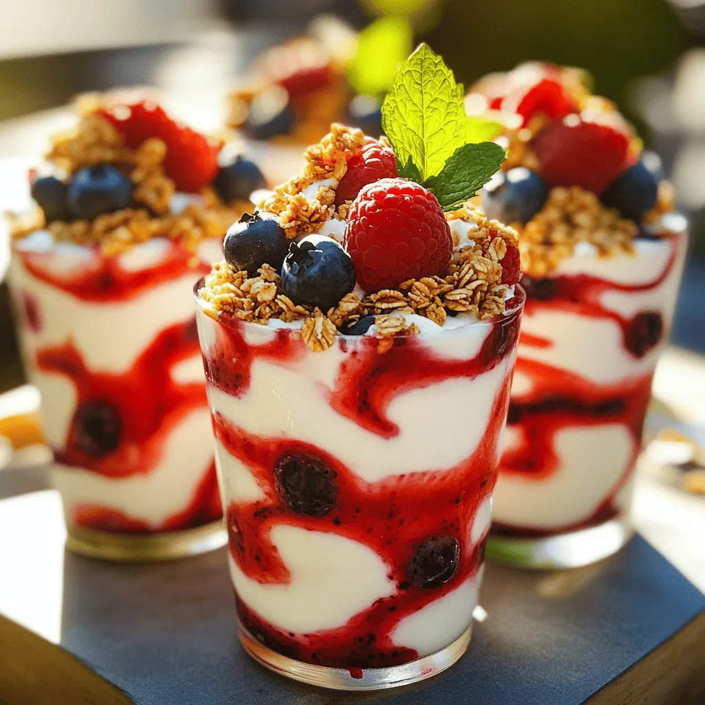 To make Berry Yogurt Parfait Pops, you need a few key ingredients. Here’s what you will use: - 2 cups Greek yogurt (plain or vanilla) - 1 cup mixed berries (strawberries, blueberries, raspberries) - 2 tablespoons honey or maple syrup (optional for sweetness) - 1/2 cup granola (for crunch) - 1 tablespoon lemon juice - Fresh mint leaves (for garnish, optional) Using Greek yogurt gives your pops a creamy texture and a protein boost. The mixed berries add natural sweetness and a burst of flavor. Honey or maple syrup can enhance sweetness if you like it sweeter. You can add some optional ingredients to make your pops even more exciting. Try these: - A pinch of cinnamon for warmth - A splash of vanilla extract for extra flavor - Coconut flakes for a tropical twist - Chopped nuts for added crunch Feel free to mix and match these options to suit your taste. Each addition can give your pops a new and fun flavor profile. To prepare these delicious pops, you'll need some simple kitchen tools: - Mixing bowls for combining ingredients - A fork for mashing berries - Popsicle molds for freezing - Popsicle sticks to hold the pops - A spoon for layering the ingredients These tools make it easy to create your Berry Yogurt Parfait Pops. Gather your equipment before you start, and you’ll be ready to enjoy this refreshing summer treat! For the complete recipe, check out the Full Recipe section. Start with 2 cups of Greek yogurt. You can use plain or vanilla. If you want it sweeter, add 2 tablespoons of honey or maple syrup. Mix well until it is smooth. This yogurt base is creamy and rich. It serves as a perfect canvas for flavors. Next, take 1 cup of mixed berries. Use strawberries, blueberries, and raspberries for a colorful mix. In a separate bowl, mash half of the berries with a fork. This helps release their juices. Keep the other half whole for a nice texture. Add 1 tablespoon of lemon juice to the mashed berries. This adds brightness and a zing to your pops. Now, grab your popsicle molds. Start by spooning in the yogurt mixture, filling each mold one-third full. Then, add a layer of the mashed berry mix. Follow this with a layer of granola to add some crunch. Repeat these layers until the molds are full. Finish with a layer of yogurt on top. Don’t forget to insert popsicle sticks in the center of each mold. Place them in the freezer for at least 4-6 hours. When they are fully frozen, run warm water over the molds to remove the pops easily. Serve them right away for a cool treat. For the full recipe, check the section above. To make your parfait pops look great, start with a solid base. Spoon in the yogurt mixture first. Fill each mold about a third of the way. Next, add a layer of mashed berries. This adds color and flavor. Follow with a layer of granola for crunch. Repeat the layers until you reach the top. Finish with a yogurt layer. This seals in the layers and looks nice. Getting your pops out of the molds can be tricky. To make it easier, run warm water over the outside of the molds. Hold them under the water for a few seconds. This helps loosen the pops. Then, gently pull them out. If they stick, just give them a little twist while pulling. You can change the sweetness to fit your taste. Add honey or maple syrup for a sweet touch. If you prefer less sweetness, skip the sweeteners. You can also use different berries for unique flavors. Try blackberries or peaches. Mix in a splash of vanilla or almond extract for extra flavor. These small changes can make your pops special. For full details, check the Full Recipe. {{image_2}} You can switch up the berries in your pops. Try using sliced bananas for creaminess. Peaches add a sweet touch, while mango gives a tropical vibe. If you prefer tart flavors, choose cherries or cranberries. Mixing fruits can boost taste and color. Your pops will look and taste amazing! Greek yogurt is great, but don’t stop there. You can use regular yogurt for a lighter pop. Flavored yogurts can add new tastes, like vanilla or strawberry. If you want a creamier texture, try using yogurt with added fat. Each type of yogurt gives a unique flavor to your pops. To make these pops vegan, swap Greek yogurt for coconut yogurt. Maple syrup is a great sweetener choice too. You can use almond milk or oat milk to add a base. This keeps the pops creamy without dairy. You’ll enjoy a tasty treat that fits your diet. For the full recipe, check out the detailed instructions above! To keep your Berry Yogurt Parfait Pops at their best, freeze them properly. Use popsicle molds made of silicone or plastic. These materials help with easy removal. Fill the molds as directed in the Full Recipe. Make sure to leave a little space at the top. This allows for expansion when they freeze. Once filled, cover the molds with a lid or plastic wrap. This helps prevent freezer burn. If you have leftover pops, store them in a freezer-safe bag. Remove as much air as you can from the bag. This keeps the pops fresh and prevents ice crystals. You can also wrap each pop in plastic wrap. Label the bag with the date. This way, you know when you made them. Berry Yogurt Parfait Pops last about 2 months in the freezer. After that, they may lose flavor or texture. If you notice ice crystals or freezer burn, it is best to toss them. Always check for any off smell before eating. Enjoy your pops while they are fresh for the best taste! Yes, you can use frozen berries. They work well in this recipe. Frozen berries can be just as tasty and are often more convenient. Just let them thaw a bit before using. This helps keep the texture nice. You may also want to drain any extra liquid. This keeps the pops from getting too watery. The pops take about 4 to 6 hours to freeze. It’s best to let them freeze overnight for the best results. Make sure they are solid before you try to remove them. If they seem too soft, give them more time. You can check by gently pulling on a stick. If you don’t have Greek yogurt, use regular yogurt. You can also try dairy-free options like coconut yogurt. Both will give you a nice creamy texture. Just keep in mind that the flavor may change a bit. If you want a thicker texture, strain regular yogurt through cheesecloth. This gives you a similar feel to Greek yogurt. For added flavor, try flavored yogurts, but watch for extra sugar. For the full recipe, check the details above. You can make tasty berry yogurt parfait pops at home with just a few steps. We covered key ingredients and some optional ones to boost flavor. I shared tips on layering, release, and sweetening. Don’t forget about variations like using different fruits or yogurts, including vegan options. Store your pops well for long-lasting treats. Now, it’s time to enjoy your delicious, healthy pops. Get creative and have fun with your flavors!