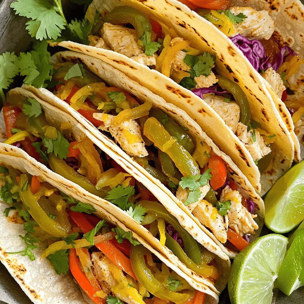 - 1 lb chicken breast, diced - 1 cup dill pickles, chopped - 1/2 cup ranch dressing - 1 tablespoon garlic powder - 1 tablespoon onion powder - 1 teaspoon smoked paprika - Salt and pepper to taste - 1 cup bell peppers (mixed colors), sliced - 1 cup red cabbage, shredded - 8 small corn or flour tortillas - Fresh cilantro, chopped (for garnish) - 1 tablespoon olive oil - Lime wedges (for serving) Gather these ingredients before you start cooking. The chicken and marinade components are key for a tasty filling. The dill pickles give a nice crunch and zing. The ranch dressing helps keep everything moist and flavorful. Next, the vegetables bring color and texture. Bell peppers add sweetness, while red cabbage adds a nice crunch. Don’t forget the tortillas, as they hold everything together. You can choose corn or flour based on your taste. Finally, the cooking essentials are simple. Olive oil helps cook the chicken and veggies. Lime wedges add a fresh kick when you serve the tacos. For the full recipe, check out the details above. Now, let's get cooking! To make the chicken tasty, start by marinating it. In a bowl, combine the diced chicken, chopped dill pickles, and ranch dressing. Add garlic powder, onion powder, smoked paprika, salt, and pepper for extra flavor. Mix it all well. Cover the bowl and place it in the refrigerator. Let it rest for at least 30 minutes. This step helps the chicken soak up all the yummy flavors. Next, it's time to cook the chicken. Heat a tablespoon of olive oil in a skillet over medium heat. Once hot, add the marinated chicken mixture. Cook it for about 8 to 10 minutes. Stir it occasionally to ensure it cooks evenly. Check that the chicken is golden and cooked through. It should no longer be pink inside. When done, remove it from the heat and set it aside. Now, let's prepare the veggies. In the same skillet, add the sliced bell peppers. Sauté them for about 3 to 4 minutes. You want them tender but still a bit crisp. Add a pinch of salt and pepper to season. While the peppers cook, warm the tortillas. Use a dry skillet and heat each tortilla for about 30 seconds on each side. This will make them soft and easy to fold. For the full recipe, be sure to check the original instructions. Marinating your chicken is a key step. It helps the flavors blend well. I suggest marinating for at least 30 minutes. If you can, try to marinate for a few hours. This way, the chicken absorbs more taste. Store it in the fridge while marinating. This keeps the chicken fresh and safe to eat. Check your chicken for doneness to ensure it is safe to eat. The chicken should be golden brown and firm to the touch. You can also use a meat thermometer. The internal temperature should reach 165°F. If you want a crispier texture, increase the heat slightly. Just be careful not to burn it. Warming tortillas is simple if you follow a few steps. Use a dry skillet over medium heat. Place a tortilla in the skillet for about 30 seconds. Flip it and warm the other side for another 30 seconds. This makes them soft and easy to fold. For gluten-free options, look for corn tortillas. They work well with these tacos and are tasty too. For the full recipe, check out the Pickle Ranch Chicken and Veggie Tacos! {{image_2}} You can switch up the chicken for turkey. Turkey works great and keeps it tasty. You can also use plant-based options like tofu or tempeh. These options make the dish friendly for everyone. When you change proteins, adjust cooking times. For turkey, cook for 10-12 minutes. For plant-based proteins, follow package instructions for best results. Spice things up by adding cayenne or cumin to the marinade. A little heat can make your tacos pop with flavor. You may also try different dressings or sauces. A spicy ranch or a zesty yogurt can change the whole meal. Experimenting with flavors keeps your meals fun and exciting. Feel free to switch to seasonal veggies. Use zucchini or corn when they are fresh. This adds different textures and flavors to your tacos. You can also use various types of lettuce instead of cabbage. Romaine or butter lettuce can add a nice crunch and freshness. These simple changes can keep your tacos exciting and tasty. To store leftover tacos, keep the chicken and veggies separate from the tortillas. Use airtight containers for the chicken and veggies. Wrap the tortillas in foil or plastic wrap. This keeps them fresh and prevents sogginess. If you prefer to store assembled tacos, place them in a container. Use parchment paper between layers to avoid sticking. This way, you can grab a taco easily when you’re hungry. You can freeze the chicken and veggie filling. Place it in a freezer-safe bag or container. Remove as much air as possible before sealing. This helps prevent freezer burn. To reheat, thaw the filling in the fridge overnight. Then, heat it on the stove over medium heat until warm. You can also microwave it in short bursts, stirring in between. Warm the tortillas right before serving for the best taste. Refrigerated tacos last about 3-4 days. Make sure to check for signs of spoilage. Look for off smells, changes in color, or mold. If you spot any of these, throw the tacos away. By following these tips, you can enjoy your Pickle Ranch Chicken and Veggie Tacos for days! For the full recipe, refer back to the main article. You can use homemade ranch dressing. Mix yogurt, herbs, and spices. A vegan option is a blend of nut-based yogurt and seasonings. For a lighter flavor, try Greek yogurt with dill and garlic. These swaps keep your tacos tasty. Yes, you can prep the chicken and veggies in advance. Marinate the chicken a day early for a richer taste. You can also chop the veggies ahead. Just store them in airtight containers. Warm the tortillas just before serving. Serve your tacos with sides like black beans, rice, or corn salad. Fresh guacamole or salsa adds a nice touch. You can also try a simple green salad. These sides complement the tacos well. Pickle Ranch Chicken Tacos are a balanced meal. They offer protein from chicken and fiber from veggies. The ranch dressing adds some fat, so watch portion sizes. You can modify the recipe for dietary needs or preferences. To make more tacos, simply double the ingredients. Adjust cooking time as needed. Keep the same marination process. This ensures all flavors blend well. Enjoy your larger batch of Pickle Ranch Chicken and Veggie Tacos! For the full recipe, check the earlier section. These Pickle Ranch Chicken Tacos are simple to make and packed with flavor. You learned about the key ingredients, cooking steps, and useful tips. I shared variations to fit your taste and storage info to keep leftovers fresh. Enjoy making these tacos your own. Taste, adjust, and feel proud of your dish. Happy cooking!