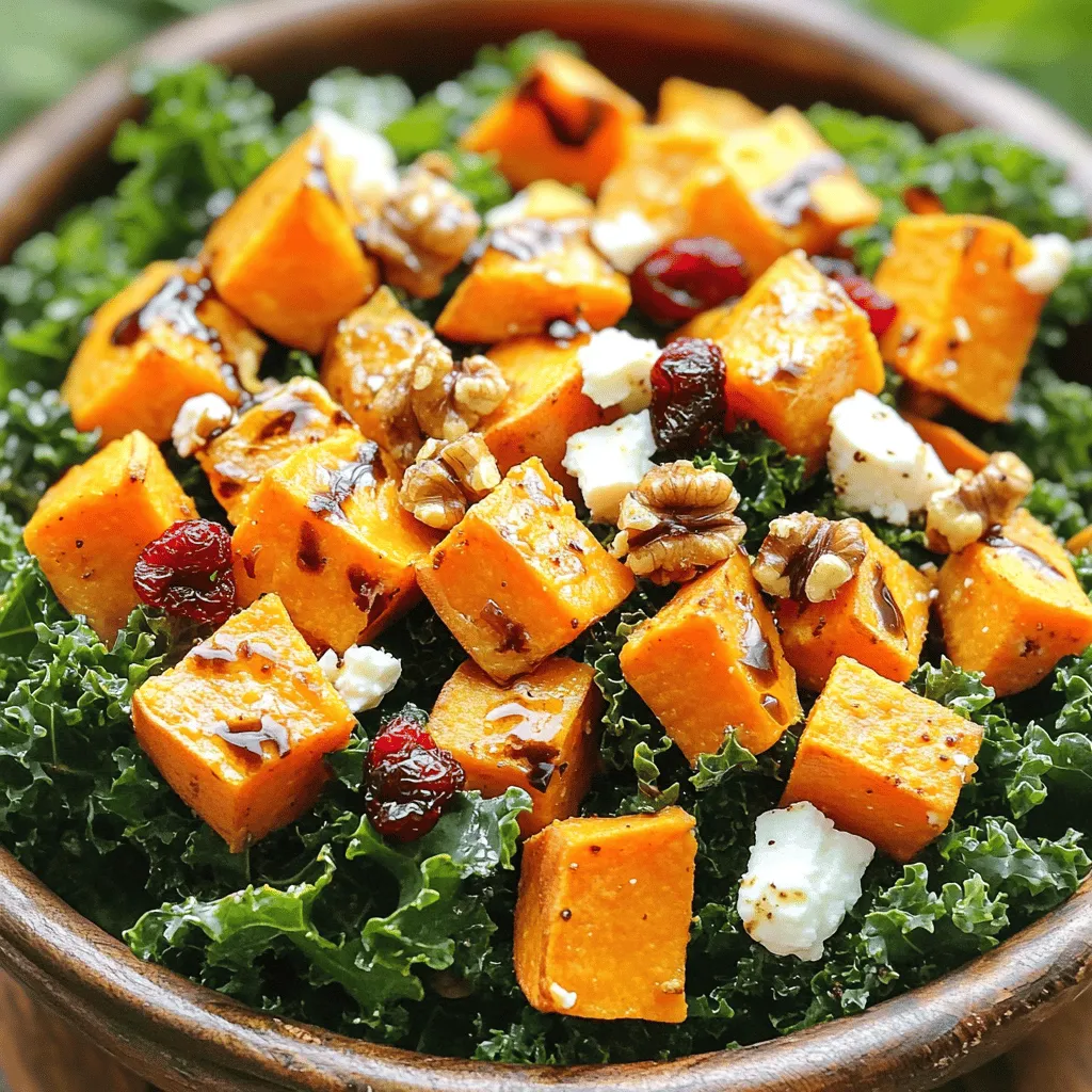 - 2 medium sweet potatoes, peeled and cubed - 1 tablespoon olive oil - Salt and pepper to taste - 4 cups kale, stems removed and torn into bite-sized pieces - 1/4 cup feta cheese, crumbled - 1/4 cup dried cranberries - 1/4 cup walnuts, roughly chopped - 1 tablespoon maple syrup - 1 tablespoon balsamic vinegar - 1 tablespoon Dijon mustard - 1 clove garlic, minced Sweet potatoes are a great source of vitamins. They are high in vitamin A, which is good for your eyes. They also provide fiber, which helps with digestion. Sweet potatoes can keep you full for longer. Kale is a superfood. It is packed with vitamins K, C, and A. Kale also has antioxidants, which help fight disease. Eating kale can boost your health and support your immune system. The other ingredients add to the salad's nutrition. Feta cheese gives protein and calcium. Dried cranberries add sweetness and vitamins. Walnuts are rich in healthy fats and protein. Maple syrup offers natural sweetness, while balsamic vinegar adds flavor without many calories. Garlic boosts flavor and has health benefits too. Together, these ingredients make a tasty and healthy meal. You will enjoy every bite and feel great after eating it. For the full recipe, check the recipe section. First, you need to preheat your oven to 400°F (200°C). While it heats, grab a baking sheet and line it with parchment paper. This makes cleanup easier. Now, take the sweet potatoes. Peel and cube them into bite-sized pieces. In a bowl, toss the sweet potatoes with one tablespoon of olive oil, salt, and pepper. Make sure they are well coated. Spread them out evenly on the prepared baking sheet. Roast the sweet potatoes in the oven for about 25 to 30 minutes. Halfway through cooking, flip them to ensure even browning. You will know they are done when they are tender and golden brown. A fork should slide easily through them. While the sweet potatoes roast, let’s prepare the kale. Tear it into bite-sized pieces and put it in a large mixing bowl. Drizzle about one teaspoon of olive oil and add a pinch of salt. Now, massage the kale for one to two minutes. This helps it soften and taste better. Once the sweet potatoes finish roasting, let them cool slightly. Then, add them to the bowl with the kale. Next, add in the crumbled feta, dried cranberries, and walnuts. Finally, drizzle your dressing over everything. Toss gently until well combined. Taste and adjust seasoning if needed. For the full recipe, refer to the earlier section. To balance flavors in your roasted sweet potato kale salad, start with salt and pepper. These basics enhance each ingredient. For a kick, add a pinch of cayenne or smoked paprika. Maple syrup adds sweetness, while balsamic vinegar brings acidity. Both help create a well-rounded flavor. You might want to swap ingredients for different tastes. Try spinach instead of kale for a milder base. If you don’t like feta, goat cheese works well too. You can also replace cranberries with raisins for a different sweet touch. Want a nutty flavor? Swap walnuts for pecans. When styling the salad, use a large bowl or platter. This allows all the colors to shine. For a fun look, layer the ingredients. Start with kale, then add sweet potatoes, followed by feta, cranberries, and walnuts. This makes the dish more appealing. Garnishing is key to a beautiful salad. Add extra walnuts and feta on top. You can also sprinkle fresh herbs like parsley for a pop of green. A drizzle of dressing on top can make it look even better. To make your salad a complete meal, pair it with proteins. Grilled chicken or chickpeas are great options. They add heartiness and make your meal more filling. You can also serve it with fish like salmon for a healthy twist. For side dishes, consider a simple soup, like tomato or butternut squash. A piece of crusty bread or a light quinoa dish will also complement the salad. These sides enhance the flavors without overpowering them. You can find the full recipe linked above for all the details. Enjoy your cooking! {{image_2}} You can easily swap ingredients in this salad to fit your diet or taste. If you're vegan, skip the feta and use avocado for creaminess. You can also add roasted chickpeas instead of walnuts for crunch. If you have nut allergies, try seeds like pumpkin or sunflower seeds. Seasonal changes can also inspire you. In fall, add roasted Brussels sprouts. In spring, toss in fresh peas or radishes. These swaps keep your salad fresh and exciting! To spice up your salad, think about adding toppings. Crushed red pepper flakes can add heat, while a sprinkle of lemon zest brightens the dish. You can also try different dressings. A tahini dressing adds a nutty flavor. A simple lemon vinaigrette gives a lighter touch. Feel free to mix and match. Each dressing brings out a new taste in the sweet potatoes and kale. This way, you can enjoy a new salad every time! To keep your salad fresh, use airtight containers. Glass or plastic containers work well. Store the salad in the fridge. It stays good for about 3 days. After that, the kale can wilt and lose its crunch. Reheat sweet potatoes in the oven or microwave. For the oven, set it to 350°F (175°C). Place sweet potatoes on a baking sheet and heat for about 10 minutes. In the microwave, warm them in short bursts. Stop to check every 30 seconds. To keep the salad fresh, add the dressing just before serving. This way, the kale stays crisp, and the flavors stay bright. If you want to eat it later, store the dressing separately. To make roasted sweet potatoes crispy, follow these tips: - Cut uniform pieces: Chop sweet potatoes into even cubes. This helps them cook evenly. - Use enough oil: Toss them with olive oil. This promotes browning and crispiness. - Don't overcrowd the pan: Spread them out in a single layer on the baking sheet. Crowding leads to steaming, not roasting. - Flip halfway: Turn the sweet potatoes once during roasting. This ensures all sides get crispy. - High heat is key: Roast at 400°F (200°C). This temperature helps them brown nicely. Yes, you can prep this salad ahead of time! Here are some tips: - Roast sweet potatoes in advance: Cook them the day before. Store them in an airtight container in the fridge. - Prepare the dressing: Make the dressing a day ahead. Keep it in the fridge until you're ready to use it. - Store kale separately: Keep the kale in a separate bowl. This keeps it fresh and crisp. - Assemble just before serving: Mix everything right before eating. This keeps the salad from getting soggy. If you need a feta cheese substitute, consider these options: - Goat cheese: It has a similar texture and tangy flavor. - Ricotta: This soft cheese can add creaminess to your salad. - Dairy-free cheese: Use coconut-based or almond-based cheese. They offer a similar taste without dairy. - Nutritional yeast: Sprinkle this on for a cheesy flavor without dairy. For the full recipe of the Roasted Sweet Potato Kale Salad, check out the provided recipe link. This blog post detailed how to create a delicious roasted sweet potato salad. We covered ingredients, step-by-step cooking, and tips for perfecting flavors. The nutritional benefits of sweet potatoes and kale shine through, making this salad a healthy choice. I hope you feel inspired to try variations and enjoy it more. Whether for a meal or a side, this salad can fit any occasion. Explore the options, share with others, and savor each bite!