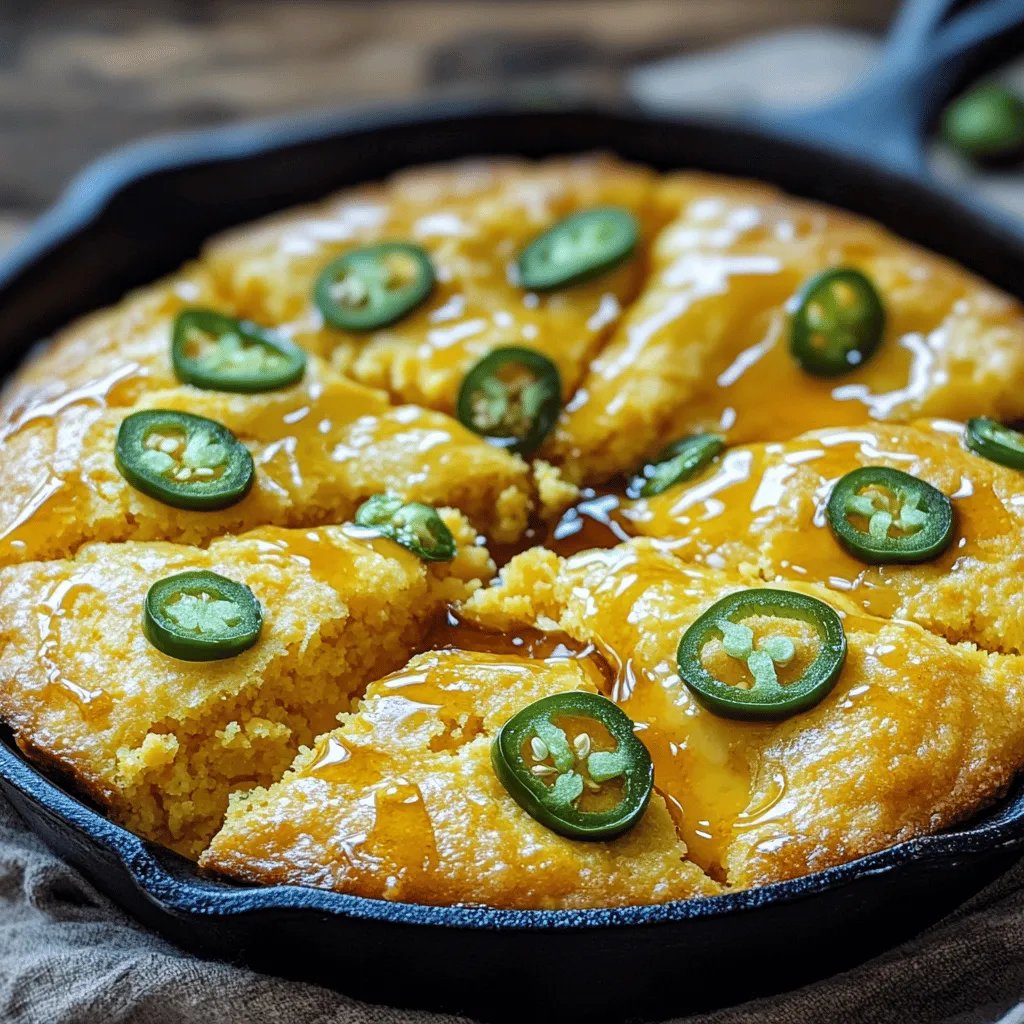 - 1 cup cornmeal - 1 cup all-purpose flour - 1 tablespoon baking powder - 1/2 teaspoon salt - 1 cup buttermilk - 1/4 cup vegetable oil - 2 large eggs - 1 cup shredded sharp cheddar cheese - 1-2 jalapeños, finely chopped - 1/4 cup honey (optional) The main ingredients for Jalapeño Cheddar Cornbread create a great balance of flavors. The cornmeal gives a nice texture, while the cheddar cheese adds a rich taste. Jalapeños bring the heat, and buttermilk keeps it moist. - Cornmeal alternatives: You can use polenta or masa harina if you need a change. - Gluten-free options for flour: Try almond flour or a gluten-free all-purpose blend. - Dairy-free alternatives for buttermilk: Use plant-based milk mixed with lemon juice or vinegar. - How to choose fresh jalapeños: Look for firm, smooth skin that is bright green. Avoid any that feel soft or have dark spots. - Selecting quality cheddar cheese: Choose cheese that is sharp and crumbly for the best flavor. Fresh cheese should smell good and not be too oily. Using these tips ensures your Jalapeño Cheddar Cornbread will taste amazing. For the full recipe, check out the details provided. - Preheat your oven to 400°F (200°C). This makes sure the cornbread bakes evenly. - Grease a 9-inch square baking pan or a cast-iron skillet. Use cooking spray or a little oil to coat it. - In a large bowl, combine 1 cup cornmeal, 1 cup all-purpose flour, 1 tablespoon baking powder, and 1/2 teaspoon salt. Whisk until it is well mixed. This creates a nice base for your cornbread. - In another bowl, mix 1 cup buttermilk, 1/4 cup vegetable oil, and 2 large eggs. Whisk these together until smooth. If you like sweetness, add 1/4 cup honey here. - Pour the wet ingredients into the dry ingredients. Stir gently until just combined. A few lumps are fine; do not overmix. - Fold in 1 cup of shredded sharp cheddar cheese and 1-2 finely chopped jalapeños. Make sure they are evenly mixed. - Pour the batter into your prepared pan and spread it out evenly. - Bake in the preheated oven for 20-25 minutes. The top should be golden brown. Use a toothpick to check doneness; it should come out clean. I love the way this cornbread fills the kitchen with a warm and inviting smell. For the full recipe, you can refer to the instructions I just shared. Enjoy the burst of flavor in every bite! To ensure moist cornbread, use buttermilk. It adds richness and keeps the bread soft. Also, do not overmix the batter. A few lumps are fine. This keeps the cornbread fluffy. For a perfect golden crust, bake it at 400°F (200°C). A hot oven creates that nice crust. Keep an eye on it during the last few minutes. You want it golden brown, not burnt. For an extra kick, try adding spices. A pinch of cayenne or smoked paprika can boost flavors. If you want more heat, increase the jalapeño amount. You can also use different cheeses. Pepper jack adds a nice twist. Or use a mix of cheeses for depth. Each cheese brings its own flavor, making the cornbread unique. Jalapeño cheddar cornbread pairs well with many dishes. Serve it alongside chili or soups. It complements these meals perfectly. For added flavor, top it with butter or honey. You can also add a dollop of sour cream. Fresh herbs or sliced jalapeños on top make it look great. Enjoy this cornbread warm for the best taste! For the complete recipe, check out the [Full Recipe]. {{image_2}} If you love heat, add more jalapeños. You can also try different peppers. Poblano or serrano peppers work well. For an extra kick, mix in spices like cayenne or smoked paprika. Just a pinch can change the whole dish! Want a touch of sweetness? Swap honey with maple syrup or agave. You can also add corn kernels for texture and flavor. Fresh herbs like cilantro or chives bring brightness too. They balance the heat from the jalapeños. If you follow a vegan diet, use plant-based milk and egg substitutes. Applesauce or flaxseed meal works great as egg replacements. For low-carb options, try almond flour instead of regular flour. You can still enjoy this tasty dish while keeping it healthy. Explore the [Full Recipe] to start your culinary adventure with Jalapeño Cheddar Cornbread! After baking your Jalapeño Cheddar Cornbread, let it cool in the pan for about 10 minutes. This helps it set and makes slicing easier. You can then transfer it to a wire rack. This allows air to circulate and prevents sogginess. For storage, use an airtight container. A glass or plastic container works great. If you do not have one, wrap the cornbread tightly in plastic wrap. Freezing leftover cornbread is simple. First, let it cool completely. Then, slice it into pieces. Wrap each piece in plastic wrap and place them in a freezer bag. Squeeze out as much air as possible. This keeps the cornbread fresh. When ready to eat, take out a slice and reheat it. You can use a microwave or an oven. Heat at 350°F (175°C) for about 10-15 minutes. This brings back its warm, fresh taste. Jalapeño Cheddar Cornbread can last for about 3-5 days in the fridge. Store it in an airtight container to keep it fresh. If you freeze it, it can last for up to 3 months. Always check for signs of spoilage. Look for mold or an off smell. If any appear, it’s best to toss it out. Enjoy your cornbread while it’s fresh for the best flavor! Yes, you can use fresh corn. It adds sweetness and texture. Here’s how to do it: - Choose fresh corn: Select ears with bright green husks. - Husk and clean: Remove the husks and silk, then rinse the ears. - Cut the kernels: Use a sharp knife to slice off the kernels. - Adjust the recipe: Use about 1 ½ cups of fresh corn for each cup of cornmeal. This change gives a lovely crunch and flavor. To control the heat, start with one jalapeño. You can always add more. Here are tips to balance heat: - Taste as you go: Mix in jalapeños gradually. - Remove seeds: The seeds hold most of the heat. - Add dairy: Mix in sour cream or yogurt to cool it down. - Pair wisely: Serve with toppings like sour cream or avocado for balance. Adjusting spice is simple and fun! This cornbread pairs well with many dishes. Here are some great ideas: - Chili: A warm bowl of chili complements the cornbread's taste. - Barbecue: Grilled meats go hand in hand with the flavor. - Salads: Fresh salads offer a nice crunch and contrast. - Soups: Hearty soups make a cozy meal. These pairings make your meal more enjoyable! Yes, you can prep ahead! Here’s how: - Batter storage: You can mix the dry and wet ingredients separately. - Refrigerate: Store the wet mix in the fridge for up to 24 hours. - Bake fresh: Combine and bake when ready. - Cool and store: If you bake ahead, let it cool, then wrap it tightly. This flexibility saves time and gives you a warm treat! For the full recipe, check out the details provided. This blog post covered the essentials for making Jalapeño Cheddar Cornbread. We explored key ingredients, step-by-step instructions, and tips for baking success. You learned how to choose fresh ingredients and even tweak the recipe for different diets. Remember to store any leftovers well or freeze them for later use. With these guidelines, your cornbread will impress at any meal. Enjoy bringing bold flavors and warm textures into your kitchen. Happy baking!