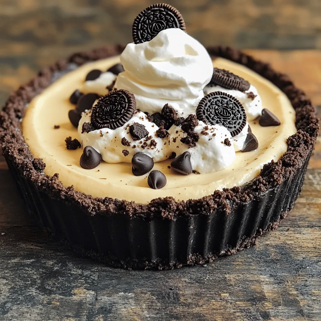 To make a No Bake Oreo Cheesecake, you will need: - 24 Oreo cookies (plus extra for topping) - 4 tablespoons unsalted butter, melted - 16 oz cream cheese, softened - 1 cup powdered sugar - 1 teaspoon vanilla extract - 1 cup heavy whipping cream - 1/2 cup chocolate chips (optional for garnish) These ingredients create a rich, creamy cheesecake with a crunchy cookie crust. The Oreos give great flavor and texture. The cream cheese adds a smooth, creamy base. The heavy cream helps make the filling light and fluffy. You can even add chocolate chips on top for extra fun. To prepare this delightful cheesecake, gather these tools: - Food processor - Mixing bowls - Springform pan - Measuring cups and spoons A food processor is key for crushing the Oreos. Mixing bowls help combine your filling ingredients. A springform pan allows for easy removal of the cheesecake. Measuring cups and spoons ensure you add the right amounts. Each tool makes the process simple and enjoyable. You can find the full recipe [here](#). To start, you need to create the crust. First, take 24 Oreo cookies and finely crush them using a food processor. You want them to look like sand. Next, combine the crushed cookies with 4 tablespoons of melted butter in a bowl. Mix until all the crumbs are coated with butter. Now, press this mixture into the bottom of a 9-inch springform pan. Use the back of a measuring cup to pack it tightly. Once done, chill the crust in the refrigerator while you prepare the filling. Now it’s time to make the filling. In a large mixing bowl, beat 16 oz of softened cream cheese until it’s smooth. Gradually add 1 cup of powdered sugar and 1 teaspoon of vanilla extract while mixing. Keep going until it’s fully combined and creamy. In a separate bowl, whip 1 cup of heavy cream until soft peaks form. This step is key for a light filling. Gently fold the whipped cream into the cream cheese mixture. Be careful not to deflate the whipped cream; you want it fluffy! Now, let’s bring it all together. First, chop a few extra Oreos into small chunks and fold them into the filling mixture. This adds a nice texture. Then, pour the cheesecake filling into the prepared cookie crust. Smooth the top with a spatula, and tap the pan on the counter to remove any air bubbles. Finally, cover the cheesecake with plastic wrap and refrigerate for at least 4 hours, or until it sets. Once it’s ready, you can garnish it with crushed Oreo cookies or chocolate chips if you like. Enjoy your no-bake Oreo cheesecake! For more detailed steps, check the Full Recipe. To make your cheesecake smooth, always start with softened cream cheese. This helps you mix it easily. If it's too cold, it will be lumpy. When you whip the cream, aim for soft peaks. Then, fold the whipped cream into the cream cheese gently. This keeps your cheesecake light and fluffy. If you mix too hard, you will lose air. When it's time to serve, add a dollop of whipped cream on each slice. This makes it look pretty and adds flavor. You can also place a mini Oreo on top for fun. For extra flair, sprinkle chocolate shavings on each slice. This gives a nice touch that everyone will love. One big mistake is not chilling the cheesecake long enough. It needs at least 4 hours to set well. If you cut it too soon, it might fall apart. Another mistake is overmixing the cream cheese mixture. This can make it too dense. Focus on gentle mixing to keep it creamy. {{image_2}} You can easily change the flavor of your cheesecake. Adding peanut butter gives it a richer taste. Simply mix in half a cup of creamy peanut butter when you beat the cream cheese. This twist makes it even more delightful. You can also add fresh fruit. Chopped strawberries or raspberries bring bright flavors. Just fold them into the filling before you pour it into the crust. This adds a fun pop of color and taste. If you need a gluten-free option, use gluten-free Oreos. They taste just as good and make the dessert safe for those with gluten allergies. Your guests will not even notice the difference. For a dairy-free version, swap the cream cheese with a dairy-free alternative. Many brands offer great cream cheese substitutes. Make sure to check the texture for the best results. You can adjust the recipe for smaller gatherings or parties. Just cut the ingredients in half for a smaller cheesecake. This way, you can serve fewer people without waste. If you want to make mini cheesecakes, use small cups. Fill them with the cheesecake mixture and set them in the fridge. They are perfect for parties and easy to grab! For serving, just add a mini Oreo on top for extra fun. To keep your No Bake Oreo Cheesecake fresh, refrigerate it covered. It stays good for up to 5 days. If you want to save it longer, you can freeze it. It will last up to 3 months in the freezer. When freezing, wrap the cheesecake tightly. Use both plastic wrap and aluminum foil to seal it well. This helps prevent freezer burn. When you’re ready to enjoy it, thaw it in the refrigerator. This way, it stays creamy and delicious. You do not need to reheat this cheesecake. Just serve it cold straight from the fridge. It tastes best chilled, so enjoy it as is! For the full recipe, check the linked instructions. It typically sets in about 4 hours in the refrigerator. This time allows the filling to firm up nicely. I always suggest checking it after 4 hours. If it feels soft, you can leave it a bit longer. Yes, using chocolate wafers or graham crackers can work well. Both options give a nice base. Feel free to experiment for different flavors. You might find a new favorite! Yes, it’s a kid-friendly recipe that’s easy to make! Kids love the taste and texture. Plus, they can help with mixing and crushing cookies. It’s a fun family activity. Ensure you chilled it long enough; if it’s still soft, consider adding more cream cheese next time. This will help firm up the filling. Always check the cream cheese is well mixed for the best result. This No Bake Oreo Cheesecake is simple and delicious. You learned about the key ingredients and how to prepare them. We discussed tips for the perfect texture and ways to customize your dessert. Don’t forget to chill your cheesecake long enough to set properly. This treat is perfect for kids and gatherings. Try it with different flavors or toppings. You'll impress everyone with this easy recipe. Enjoy your cheesecake, and have fun making it!