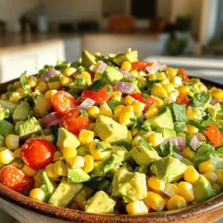 - 2 ripe avocados, diced - 1 cup fresh corn kernels (or 1 can of corn, drained) - 1 red bell pepper, diced - 1 small red onion, finely chopped - 1/2 cup cherry tomatoes, halved - 1/4 cup fresh cilantro, chopped - 2 tablespoons lime juice - 1 tablespoon olive oil - 1 teaspoon ground cumin - Salt and pepper to taste - Optional: 1 jalapeño, finely chopped (for heat) The ingredients in this salad create a bright, fresh taste. Avocados add creaminess, while corn gives a sweet crunch. Red bell pepper brings color and flavor. Red onion adds a bit of sharpness. Cherry tomatoes add juiciness, and cilantro gives a fresh herb note. Lime juice and olive oil work together to dress the salad and balance the flavors. Ground cumin adds a warm kick. If you want heat, toss in jalapeño. Just remember to adjust the amount based on your spice level. This salad is not just tasty; it is also full of nutrients. - Caloric content per serving: About 180 calories - Macronutrient breakdown: - Proteins: 3g - Carbohydrates: 18g - Fats: 12g The health benefits are impressive. Avocados provide healthy fats, while corn offers fiber. Bell peppers and tomatoes are rich in vitamins. Cilantro has antioxidant properties. This salad is not only a feast for the eyes but also for your body. Check out the full recipe for more cooking tips and steps! To prepare fresh corn, start by boiling it. Place the corn in a pot of water and boil for 3-5 minutes. You want the corn to be tender but not mushy. After boiling, drain the corn and cool it by running it under cold water. This step stops the cooking process and keeps the corn crisp. For dicing avocados, choose ripe ones. Cut them in half and remove the pit. Use a spoon to scoop out the flesh. Dice it into cubes right in the skin. To prevent browning, add a bit of lime juice on the diced avocado. This keeps the bright green color. In a large bowl, combine the diced avocados, fresh corn, diced red bell pepper, chopped red onion, halved cherry tomatoes, and chopped cilantro. Mix the ingredients well, but do it gently. Avocados are soft and can mash easily. You want big, beautiful pieces of avocado in your salad. To make the dressing, whisk together lime juice, olive oil, ground cumin, salt, and pepper in a small bowl. Whisk it well to blend all the flavors. Once mixed, pour the dressing over the salad. Toss everything together gently. If you enjoy some spice, fold in the finely chopped jalapeño at this point. Add it based on your heat preference. Taste the salad and adjust the seasoning as needed. Let the salad sit for about 10 minutes before serving. This helps all the flavors blend well together. For the full recipe, check out the [Full Recipe]. Choosing ripe avocados is key for this salad. Look for avocados that feel slightly soft when you press them gently. Avoid any with dark spots or deep indentations. Fresh corn adds a sweet crunch. You can use kernels from fresh corn or canned corn. If using fresh corn, pick ears with plump, bright kernels. For tomatoes, choose firm, bright cherry tomatoes. They should smell sweet and fresh. For cilantro, look for bright green leaves with no yellow or brown spots. The fresher your ingredients, the better your salad will taste. If you want heat, add chopped jalapeño to your salad. For sweetness, try a splash of honey or more lime juice. You can also add fruits like mango or pineapple for a sweet twist. For more flavor, mix in fresh herbs like basil or mint. These will enhance the taste without overpowering the dish. To serve your salad attractively, use a large bowl to showcase the colors. You can also serve individual portions in small cups or jars. This adds a fun touch. For garnishes, consider adding extra cilantro leaves or slices of lime on top. These not only look pretty but also add a burst of flavor. Your guests will love the bright colors and fresh looks of your avocado corn salad. For the full recipe, check the details above! {{image_2}} You can swap avocados for other creamy options. Try using mashed bananas or silken tofu for a unique taste. If you want a nutty flavor, try using tahini instead. For vegan or gluten-free options, use chickpeas or white beans. They add protein and texture to the salad without changing the flavor. To give your salad a Mexican twist, add diced jalapeños and cotija cheese. This cheese adds a salty flavor that complements the fresh ingredients. For a Mediterranean version, use feta cheese and fresh oregano. You can also toss in some crushed nuts. Walnuts or almonds add a nice crunch. Using seasonal veggies can really change the vibe of your salad. In summer, add diced cucumber or zucchini for extra freshness. In fall, mix in roasted butternut squash for a warm touch. You can also add fruits like mango or pineapple. These fruits bring sweetness and a juicy burst to your salad. For the full recipe, check out the Avocado Corn Fiesta Salad. To keep your avocado corn salad fresh, store it in an airtight container. This helps prevent air from getting in. Place a piece of plastic wrap directly on the surface of the salad before sealing the lid. This extra layer can help keep moisture in. To stop avocados from browning, add a bit more lime juice on top before sealing. The acidity in lime juice slows down oxidation. If you have leftover salad, try to eat it within one day for the best taste and texture. You don’t really need to reheat avocado corn salad. It tastes best fresh and cold. If you want to warm it slightly, do it gently in the microwave for a few seconds. Be careful not to overheat it, as this can change the texture. For a next-day meal, serve the salad over greens or in a wrap. It also works great as a topping for tacos or grilled chicken. You can also mix it with some cooked quinoa for a filling lunch. For more ideas, check the Full Recipe for inspiration. Avocado corn salad lasts about 1-2 days in the fridge. The key is to check for signs of spoilage. If you see browning on the avocados or a sour smell, it’s best to toss it. To keep it fresh longer, store it in an airtight container. This limits air exposure and slows down browning. Yes, you can make this salad ahead of time. To keep it fresh, prepare the ingredients separately. Dice the veggies and store them in the fridge. Mix the dressing in a jar. Just before serving, combine everything. This keeps the avocados bright and the texture crisp. Avocado corn salad pairs well with grilled chicken or fish. You can also serve it with tacos or burritos for a tasty meal. If you want a lighter option, try it with baked tortilla chips. For a complete meal, add some rice or quinoa on the side. You can find the full recipe for this salad in the earlier sections. This blog post covered how to make a delicious avocado corn salad. We talked about the key ingredients, nutritional benefits, and easy steps to prepare the dish. You learned tips for choosing the best items and ideas for fun variations. Proper storage tips will help keep your salad fresh. Give this salad a try and enjoy its fresh flavor. It's perfect for any meal or snack. Happy cooking!