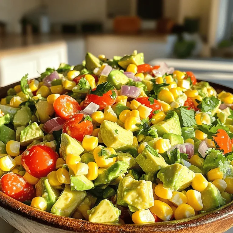 - 2 ripe avocados, diced - 1 cup fresh corn kernels (or 1 can of corn, drained) - 1 red bell pepper, diced - 1 small red onion, finely chopped - 1/2 cup cherry tomatoes, halved - 1/4 cup fresh cilantro, chopped - 2 tablespoons lime juice - 1 tablespoon olive oil - 1 teaspoon ground cumin - Salt and pepper to taste - Optional: 1 jalapeño, finely chopped (for heat) The ingredients in this salad create a bright, fresh taste. Avocados add creaminess, while corn gives a sweet crunch. Red bell pepper brings color and flavor. Red onion adds a bit of sharpness. Cherry tomatoes add juiciness, and cilantro gives a fresh herb note. Lime juice and olive oil work together to dress the salad and balance the flavors. Ground cumin adds a warm kick. If you want heat, toss in jalapeño. Just remember to adjust the amount based on your spice level. This salad is not just tasty; it is also full of nutrients. - Caloric content per serving: About 180 calories - Macronutrient breakdown: - Proteins: 3g - Carbohydrates: 18g - Fats: 12g The health benefits are impressive. Avocados provide healthy fats, while corn offers fiber. Bell peppers and tomatoes are rich in vitamins. Cilantro has antioxidant properties. This salad is not only a feast for the eyes but also for your body. Check out the full recipe for more cooking tips and steps! To prepare fresh corn, start by boiling it. Place the corn in a pot of water and boil for 3-5 minutes. You want the corn to be tender but not mushy. After boiling, drain the corn and cool it by running it under cold water. This step stops the cooking process and keeps the corn crisp. For dicing avocados, choose ripe ones. Cut them in half and remove the pit. Use a spoon to scoop out the flesh. Dice it into cubes right in the skin. To prevent browning, add a bit of lime juice on the diced avocado. This keeps the bright green color. In a large bowl, combine the diced avocados, fresh corn, diced red bell pepper, chopped red onion, halved cherry tomatoes, and chopped cilantro. Mix the ingredients well, but do it gently. Avocados are soft and can mash easily. You want big, beautiful pieces of avocado in your salad. To make the dressing, whisk together lime juice, olive oil, ground cumin, salt, and pepper in a small bowl. Whisk it well to blend all the flavors. Once mixed, pour the dressing over the salad. Toss everything together gently. If you enjoy some spice, fold in the finely chopped jalapeño at this point. Add it based on your heat preference. Taste the salad and adjust the seasoning as needed. Let the salad sit for about 10 minutes before serving. This helps all the flavors blend well together. For the full recipe, check out the [Full Recipe]. Choosing ripe avocados is key for this salad. Look for avocados that feel slightly soft when you press them gently. Avoid any with dark spots or deep indentations. Fresh corn adds a sweet crunch. You can use kernels from fresh corn or canned corn. If using fresh corn, pick ears with plump, bright kernels. For tomatoes, choose firm, bright cherry tomatoes. They should smell sweet and fresh. For cilantro, look for bright green leaves with no yellow or brown spots. The fresher your ingredients, the better your salad will taste. If you want heat, add chopped jalapeño to your salad. For sweetness, try a splash of honey or more lime juice. You can also add fruits like mango or pineapple for a sweet twist. For more flavor, mix in fresh herbs like basil or mint. These will enhance the taste without overpowering the dish. To serve your salad attractively, use a large bowl to showcase the colors. You can also serve individual portions in small cups or jars. This adds a fun touch. For garnishes, consider adding extra cilantro leaves or slices of lime on top. These not only look pretty but also add a burst of flavor. Your guests will love the bright colors and fresh looks of your avocado corn salad. For the full recipe, check the details above! {{image_2}} You can swap avocados for other creamy options. Try using mashed bananas or silken tofu for a unique taste. If you want a nutty flavor, try using tahini instead. For vegan or gluten-free options, use chickpeas or white beans. They add protein and texture to the salad without changing the flavor. To give your salad a Mexican twist, add diced jalapeños and cotija cheese. This cheese adds a salty flavor that complements the fresh ingredients. For a Mediterranean version, use feta cheese and fresh oregano. You can also toss in some crushed nuts. Walnuts or almonds add a nice crunch. Using seasonal veggies can really change the vibe of your salad. In summer, add diced cucumber or zucchini for extra freshness. In fall, mix in roasted butternut squash for a warm touch. You can also add fruits like mango or pineapple. These fruits bring sweetness and a juicy burst to your salad. For the full recipe, check out the Avocado Corn Fiesta Salad. To keep your avocado corn salad fresh, store it in an airtight container. This helps prevent air from getting in. Place a piece of plastic wrap directly on the surface of the salad before sealing the lid. This extra layer can help keep moisture in. To stop avocados from browning, add a bit more lime juice on top before sealing. The acidity in lime juice slows down oxidation. If you have leftover salad, try to eat it within one day for the best taste and texture. You don’t really need to reheat avocado corn salad. It tastes best fresh and cold. If you want to warm it slightly, do it gently in the microwave for a few seconds. Be careful not to overheat it, as this can change the texture. For a next-day meal, serve the salad over greens or in a wrap. It also works great as a topping for tacos or grilled chicken. You can also mix it with some cooked quinoa for a filling lunch. For more ideas, check the Full Recipe for inspiration. Avocado corn salad lasts about 1-2 days in the fridge. The key is to check for signs of spoilage. If you see browning on the avocados or a sour smell, it’s best to toss it. To keep it fresh longer, store it in an airtight container. This limits air exposure and slows down browning. Yes, you can make this salad ahead of time. To keep it fresh, prepare the ingredients separately. Dice the veggies and store them in the fridge. Mix the dressing in a jar. Just before serving, combine everything. This keeps the avocados bright and the texture crisp. Avocado corn salad pairs well with grilled chicken or fish. You can also serve it with tacos or burritos for a tasty meal. If you want a lighter option, try it with baked tortilla chips. For a complete meal, add some rice or quinoa on the side. You can find the full recipe for this salad in the earlier sections. This blog post covered how to make a delicious avocado corn salad. We talked about the key ingredients, nutritional benefits, and easy steps to prepare the dish. You learned tips for choosing the best items and ideas for fun variations. Proper storage tips will help keep your salad fresh. Give this salad a try and enjoy its fresh flavor. It's perfect for any meal or snack. Happy cooking!