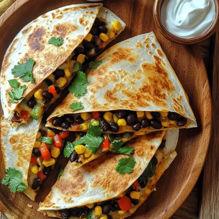 - 1 can (15 oz) black beans, drained and rinsed - 1 cup corn kernels (fresh, frozen, or canned) - 1 cup shredded pepper jack cheese - 1/2 cup diced red bell pepper - 1 small red onion, finely chopped - 2 tablespoons olive oil - 1 teaspoon cumin - 1 teaspoon chili powder - 1/2 teaspoon garlic powder For my Spicy Black Bean Quesadillas, I start with black beans. They add protein and a nice texture. Next, I use corn. It gives a sweet crunch that blends well. Shredded pepper jack cheese makes everything creamy and adds a kick. I also like to add diced red bell pepper. It gives color and a slight sweetness. Finely chopped red onion boosts the flavor with its sharpness. A bit of olive oil helps cook these ingredients just right. For spices, I always use cumin. It has a warm, earthy taste. Chili powder adds a punch of heat. Lastly, garlic powder brings another layer of flavor that makes the quesadillas tasty. This simple list of ingredients makes for a rich, flavorful dish. You can find the [Full Recipe] for all the steps! To start, let’s sauté the vegetables. Heat 1 tablespoon of olive oil in a skillet over medium heat. Add the chopped red onion and diced red bell pepper. Cook these for about 3 to 4 minutes. You want them soft but not mushy. Next, mix in the beans and spices. Stir in the black beans and corn. Then, add cumin, chili powder, garlic powder, salt, and pepper. Let this cook for another 2 to 3 minutes. You want everything heated and well combined. Take the skillet off the heat and stir in half of the shredded cheese. This makes the filling creamy and tasty. Now, let’s cook the quesadillas. Place a large skillet or griddle over medium heat. Add 1 tablespoon of olive oil. Take a tortilla and place it in the skillet. Spread a quarter of the black bean mixture on one half. Top it with some of the remaining cheese. Next, fold the tortilla over the filling. Cook for about 3 to 4 minutes on each side. You want it golden brown and the cheese melted. Repeat this with the other tortillas and filling. Once cooked, take them out of the skillet and let them rest for a minute. Then, slice them into wedges. For serving, garnish the quesadillas with fresh cilantro. This adds color and flavor. Pair them with a small bowl of sour cream or Greek yogurt. These dips cool down the spice and add creaminess. Enjoy these quesadillas warm for the best taste. Check the Full Recipe for more details! To get your quesadilla golden brown, heat your skillet well. Use medium heat to avoid burning. A non-stick skillet works best for easy flipping. When melting cheese, use a lid. This traps heat and helps the cheese melt faster. You can also lower the heat a bit. This way, the outside cooks well while the cheese melts perfectly. For extra spice, add cayenne pepper or jalapeños to your mix. You can also try smoked paprika for a rich flavor. Toppings make your meal fun! Try fresh avocado slices, diced tomatoes, or pickled onions. A drizzle of hot sauce adds a nice kick too. A cast-iron skillet is my favorite for making quesadillas. It heats evenly and gives a nice crust. If you're cooking for a crowd, use a griddle. It can hold multiple quesadillas at once. This saves time and keeps everyone happy! For the full recipe, check out the recipe section above. {{image_2}} You can easily make your spicy black bean quesadillas more colorful and tasty. Adding more vegetables is a fun way to boost flavor and nutrition. Try adding spinach, zucchini, or mushrooms. They add great texture and taste. You can also substitute cheese options. If you want a lighter version, use reduced-fat cheese. If you’re feeling adventurous, try feta or goat cheese. These cheeses give a unique taste twist. For those who crave more protein, grilled chicken or shrimp works well. Simply cook them first and slice them thin. Then mix them into the black bean filling. This makes the quesadillas heartier. Tofu is a great vegan option. Cube the tofu and sauté it until golden. It soaks up the spices and adds a nice texture. You’ll end up with a delicious, plant-based meal. Switching cheeses can change the flavor profile of your quesadillas. Swap pepper jack for cheddar or mozzarella for a milder taste. Each cheese melts differently, so experiment to find your favorite. If you need dairy-free options, plenty are available. Use almond or cashew cheese to keep it creamy. These alternatives melt well and can make your quesadillas just as delightful. For the full recipe, check out the details and get cooking! To store leftover quesadillas, let them cool first. Then, wrap each quesadilla in foil or plastic wrap. Place them in an airtight container or a resealable bag. This keeps them fresh. They will last in the fridge for about 3 to 4 days. You can freeze quesadillas before or after cooking. If freezing before cooking, wrap them tightly in plastic wrap. Place them in a freezer bag and remove as much air as possible. For cooked quesadillas, let them cool completely before wrapping. To thaw, place them in the fridge overnight. If you need them fast, microwave them for a few minutes. Reheating in the oven or skillet works well. For the oven, preheat it to 350°F (175°C). Place the quesadillas on a baking sheet and heat for about 10 minutes. For the skillet, heat it over medium heat. Cook each quesadilla for about 3 to 4 minutes per side. To keep them crispy, avoid covering them while reheating. To make Spicy Black Bean Quesadillas, follow these simple steps: 1. Heat olive oil in a skillet. 2. Sauté red onion and bell pepper until soft. 3. Add black beans, corn, and spices. Cook until warm. 4. Mix in some cheese until it melts slightly. 5. Heat more oil in a skillet. Place a tortilla in it. 6. Spread a quarter of the bean mix on one half of the tortilla. 7. Top with cheese, fold, and cook until golden brown. 8. Slice and serve warm. This process is quick and easy. You can find the full recipe above for detailed instructions. Spicy Black Bean Quesadillas pair well with several sides. Here are some great ideas: - Fresh guacamole adds creaminess and flavor. - A simple salad brings freshness and crunch. - Salsa, either mild or spicy, is a tasty dip. - Rice or quinoa can make it a full meal. - Serve with sour cream or Greek yogurt for cooling. These sides enhance the meal and make it even more enjoyable. Yes, you can make Spicy Black Bean Quesadillas ahead of time. Here’s how: - Prepare the filling and store it in the fridge for up to three days. - Cook the quesadillas when you are ready to eat. - You can also cook them in advance. Store them in the fridge or freezer. - Reheat in an oven or skillet to keep them crisp. This way, you can enjoy delicious quesadillas anytime! You learned how to make spicy black bean quesadillas. We covered key ingredients, like black beans and cheese. I also shared tips on cooking, serving, and storing them. Remember, you can vary the recipe with different spices, proteins, or veggies. Enjoy your cooking time and share these tasty quesadillas with friends. They will love the flavors and textures. Your kitchen adventure just got more exciting!