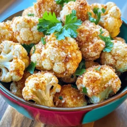 - 1 medium head of cauliflower, cut into florets - 3 tablespoons olive oil - 4 cloves garlic, minced - 1 teaspoon garlic powder - ½ teaspoon onion powder - ½ teaspoon smoked paprika - Salt and pepper to taste - ½ cup grated Parmesan cheese - 2 tablespoons fresh parsley, chopped (for garnish) When I make Garlic Parmesan Air Fryer Cauliflower, I always start with fresh ingredients. Fresh cauliflower gives the best taste and texture. I love using three tablespoons of olive oil. It helps the spices stick well. Plus, it adds a lovely richness. - Additional spices for customization (e.g., red pepper flakes, Italian herbs) - Alternate cheeses (e.g., cheddar, mozzarella) Sometimes, I like to spice things up. Adding red pepper flakes gives a nice kick. If you want to change the flavor, try different cheeses. Cheddar or mozzarella can work great too! - Low-sodium alternatives for salt - Olive oil substitutes (e.g., avocado oil) If you need to cut down on salt, look for low-sodium options. For olive oil, you can use avocado oil. It has a similar taste and works well with this recipe. Using the right ingredients makes all the difference. My Garlic Parmesan Air Fryer Cauliflower is easy to make and packed with flavor. For the full recipe, check the details above! - Preheat your air fryer to 400°F (200°C). - Cut the cauliflower into small florets. This helps them cook evenly. - In a large bowl, mix the cauliflower florets with olive oil, minced garlic, garlic powder, onion powder, smoked paprika, salt, and pepper. - Toss well to coat all florets with the tasty mixture. - Add grated Parmesan cheese and toss again until every piece is covered. - Place the seasoned cauliflower in the air fryer basket. Make sure they are in a single layer. This helps them crisp up nicely. - If you have a lot, cook in batches to avoid overcrowding. - Air fry the cauliflower for 10-12 minutes. Shake the basket halfway through. This ensures even cooking. - Look for golden brown and tender florets at the end. - Once cooked, move the cauliflower to a serving dish. - Garnish with fresh parsley for color and flavor. - Serve this dish with grilled chicken, fish, or as a side for a hearty salad. It pairs well with many main courses or sides. For a festive touch, add extra Parmesan on top. Enjoy your Garlic Parmesan Air Fryer Cauliflower Delight! Using an air fryer is a game changer for home cooks. Here are some tips to help you: - Preheat your air fryer: This step ensures even cooking. Set it to 400°F (200°C) before adding your cauliflower. - Don't crowd the basket: Place florets in a single layer. If you add too many, they won’t cook well. - Shake the basket: Halfway through cooking, shake the basket. This promotes even crisping. To avoid overcooking or undercooking, keep an eye on the time. Cook for 10-12 minutes and check for doneness. Maximize garlic flavor with these tips: - Fresh garlic is best: Use minced garlic cloves instead of garlic powder for a bold taste. - Add more garlic powder: If you love garlic, increase the garlic powder to suit your taste. - Experiment with herbs: Fresh parsley or basil adds freshness and flavor. For a crispy texture, make sure to coat the florets evenly with olive oil. This helps them crisp nicely. Also, don’t skip the Parmesan cheese; it adds a great crunch. Cauliflower is a superfood packed with benefits: - Low in calories: It’s a great low-calorie option for snacks or sides. - High in fiber: This helps with digestion and keeps you full longer. - Rich in vitamins: Cauliflower is high in vitamins C and K. For serving sizes, aim for about one cup per person. This amount gives you a good balance of flavor and nutrition without overdoing it. Enjoy your Garlic Parmesan Air Fryer Cauliflower with a side salad for a well-rounded meal. {{image_2}} You can easily spice things up with this dish. Adding red chili flakes gives a nice kick. Just sprinkle in a little until you find your heat level. You can also try different cheese blends. Mixing Parmesan with cheddar or mozzarella can create a new flavor experience. Each cheese adds a unique twist, making this dish your own. If you want a vegan option, it's simple! You can replace the Parmesan with nutritional yeast. This gives a cheesy flavor without dairy. For those needing gluten-free options, you're in luck! This recipe is naturally gluten-free since it uses cauliflower and no breading. Just double-check that your seasonings are gluten-free, and you’re set. Don't have an air fryer? No problem. You can oven-bake this dish. Set your oven to 425°F (220°C) and spread the florets on a baking sheet. Bake for 20-25 minutes, flipping halfway. This method still gives you a great crunch. You can also grill the cauliflower. Toss the seasoned florets in a grill basket. Grill over medium heat for about 10-15 minutes, turning until they are tender. Each method brings out different flavors and textures. For the full recipe, check out the Garlic Parmesan Air Fryer Cauliflower. To keep your Garlic Parmesan Air Fryer Cauliflower fresh, place leftovers in an airtight container. Store them in the fridge for up to three days. Before sealing, let the cauliflower cool to room temperature. This helps avoid moisture buildup, which can make it soggy. If you want to keep it crispy, consider using a container with a vent. When reheating, the air fryer works best. Set it to 350°F (175°C) and heat for about 5-7 minutes. This keeps the cauliflower crunchy. If using a microwave, place it on a microwave-safe plate. Heat in short bursts of 30 seconds. Check after each burst to prevent it from becoming mushy. To freeze your Garlic Parmesan Air Fryer Cauliflower, first, let it cool completely. Spread the florets on a baking sheet in a single layer. Freeze them for about an hour. Once solid, transfer them to a freezer bag. This method prevents clumping. When ready to eat, reheat them in the air fryer at 350°F (175°C) for about 10-12 minutes. This will help restore their crispiness. Enjoy your delicious dish even after freezing! For the full recipe, check out the details above. How can I make this recipe spicier? To spice things up, add red pepper flakes or cayenne pepper. Start with a pinch, then taste. You can always add more if you want extra heat. Can I use frozen cauliflower instead of fresh? Yes, you can use frozen cauliflower. Just thaw it first and pat it dry. This step helps remove excess moisture, ensuring a crispier result. How do I ensure my cauliflower is crispy? For crispy cauliflower, make sure to coat it well in oil and seasonings. Air fry it in a single layer. Shake the basket halfway through cooking for even crispiness. What to do if the cauliflower is soggy? If your cauliflower is soggy, it may have too much moisture. Try cooking it longer at a higher temperature. Ensure you use fresh florets and avoid overcrowding the air fryer. Solutions for burnt edges If you notice burnt edges, try lowering the temperature next time. Also, keep an eye on the cooking time. Every air fryer varies slightly, so adjust as needed. Is it possible to make this dish ahead of time? Yes, you can prep the cauliflower in advance. Just toss it with oil and spices, then store it in the fridge. Air fry it when you are ready to serve. What to serve with Garlic Parmesan Air Fryer Cauliflower? This dish pairs well with grilled chicken or fish. It also makes a great side for pasta or a fresh salad. Enjoy it as a snack or appetizer too! In this article, you learned to make Garlic Parmesan Air Fryer Cauliflower. We covered ingredients, preparation steps, and tasty variations. You discovered tips for flavor, nutrition, and easy storage. This dish is simple and packed with flavor. It fits many diets and tastes great. Use your creativity with spices and cheeses. Enjoy cooking and sharing this delicious, healthy meal.