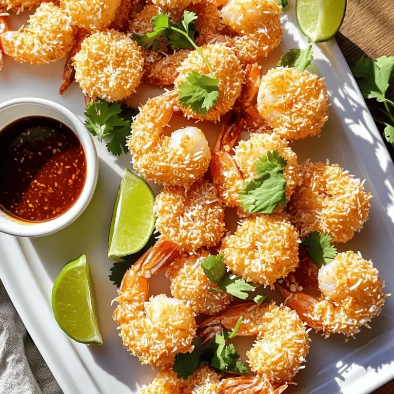 To make your Air Fryer Coconut Shrimp, you will need: - 1 pound large shrimp, peeled and deveined - 1/2 cup all-purpose flour - 2 large eggs, beaten - 1 cup shredded coconut (sweetened or unsweetened) - 1/2 cup panko breadcrumbs - 1 teaspoon garlic powder - 1 teaspoon paprika - Salt and pepper to taste - Cooking spray or olive oil spray You might want to change some ingredients. Here are some ideas: - Shrimp Alternatives: You can use chicken or tofu instead of shrimp. - Gluten-Free Breadcrumbs: Look for gluten-free panko or crushed cornflakes. - Coconut Choices: Sweetened coconut gives a rich taste, while unsweetened is less sweet. These simple swaps can help you tailor the dish to your taste and needs. For the full recipe, follow the steps to make this dish a hit at your table! 1. Preheat the air fryer to 400°F (200°C). This helps cook the shrimp evenly. 2. Prepare the seasoning flour. In a shallow bowl, mix together: - 1/2 cup all-purpose flour - 1 teaspoon garlic powder - 1 teaspoon paprika - Salt and pepper to taste 3. Beat the eggs in a second bowl. You will dip the shrimp in this next. 4. Mix the coconut and panko in a third bowl. Combine: - 1 cup shredded coconut - 1/2 cup panko breadcrumbs 1. Dipping process: Take each shrimp and dip it in the seasoned flour first. Make sure to coat it well, then shake off any extra flour. 2. Next, dip the shrimp in the beaten eggs. Let the excess egg drip off. 3. Finally, coat the shrimp in the coconut-panko mix. Press gently to make sure it sticks well. 4. Tips for even coating: Use one hand for wet dips and the other for dry. This keeps your hands clean and helps with even coating. 1. Arrange the shrimp in the air fryer. Place them in a single layer. Do not overcrowd them, or they won’t cook well. 2. Cooking time: Air fry the shrimp for 8-10 minutes. Flip them halfway through cooking. 3. Flipping technique: Use tongs to turn the shrimp gently. This helps them get crispy on all sides. For the full recipe, check out the details above. Enjoy making your crispy Air Fryer Coconut Shrimp! To get that crunchy bite, do not overcrowd the basket. If you pack too many shrimp in, they steam instead of fry. Keep them in a single layer. If you need to cook more, do it in batches. You might wonder how to adjust cooking time for different shrimp sizes. For larger shrimp, you may need an extra minute or two. If your shrimp are smaller, check them a bit sooner. Aim for a nice golden color, and you’ll know they are done. Want to amp up the taste? Consider adding extra spices. A dash of cayenne can give it heat. Or, try adding a bit of lime zest for a fresh kick. Fresh ingredients often pack more flavor than dried ones. Use fresh garlic instead of powder if you can. Sticking can ruin your shrimp. To prevent this, spray your air fryer basket lightly with cooking spray. This small step helps the shrimp release easily. Finding the right cooking time is key. Overcooking makes shrimp rubbery. Undercooking can leave them unsafe to eat. Aim for a balance by checking them halfway through. For the best result, trust your eyes and your nose. {{image_2}} You can easily change the flavors of your coconut shrimp. If you like heat, try adding chili powder or cayenne pepper to the flour. This spice gives a nice kick. A tropical twist comes from adding lime zest or orange zest. The citrus adds a bright flavor that pairs well with shrimp. Dipping sauces make a big difference. Sweet chili sauce is a classic choice. You can also try mango salsa for a fruity touch. For side dishes, consider a fresh salad or steamed veggies. Rice is another great option. It soaks up the flavors from the shrimp and sauce. You can choose between the oven and air fryer for cooking. The air fryer gives you a crispy texture with less oil. If you use the oven, set it to 425°F (220°C). Bake for about 15-20 minutes, flipping halfway through. If you prefer traditional frying, heat oil in a pan. Fry the shrimp for about 2-3 minutes on each side until golden brown. This method gives a rich flavor but uses more oil. For more details, check the Full Recipe. To keep your coconut shrimp fresh, refrigerate them right away. Place the shrimp in an airtight container. This helps keep moisture in and prevents them from drying out. For best taste, eat leftovers within two days. To reheat coconut shrimp, use the air fryer for the best results. Set it to 350°F (175°C). Heat for about 5 minutes, flipping halfway. This keeps them crispy. You can use a microwave, but it may make them soggy. If you do use the microwave, heat in short bursts. Yes, you can freeze cooked coconut shrimp. To freeze, let them cool first. Place them in a freezer-safe bag. Remove as much air as possible. For defrosting, place shrimp in the fridge overnight. This keeps them from getting soggy. Enjoy your crispy coconut shrimp later! Cooking coconut shrimp in an air fryer takes about 8 to 10 minutes. The size of the shrimp affects the time. If you use large shrimp, stick to the 10-minute mark. Smaller shrimp may only need 8 minutes. Always flip the shrimp halfway through. This helps them cook evenly and get crispy on both sides. Yes, you can easily make this recipe gluten-free. For the flour, use a gluten-free all-purpose blend. For breadcrumbs, choose gluten-free panko or crushed rice cereal. Both options work well to keep the crispiness. This way, you can enjoy the dish without gluten. Coconut shrimp tastes great with many sauces. Here are some popular choices: - Sweet chili sauce: This sauce adds a nice kick and sweetness. - Mango salsa: Fresh mango with lime juice brightens the flavors. - Spicy mayonnaise: Mix mayo with sriracha for a creamy heat. - Lime aioli: A simple mix of mayo, lime juice, and zest is refreshing. For more ideas, check the Full Recipe. These sauces make the dish even more enjoyable! In this blog post, we explored how to make delicious air fryer coconut shrimp. We covered essential ingredients, preparation steps, and tips for achieving the perfect crispy texture. You learned about ingredient substitutions and common mistakes to avoid. I also shared some tasty variations and serving suggestions to elevate your dish. Enjoy experimenting with this recipe, and remember that practice makes perfect. Don’t hesitate to try new flavors and pairings to find what you love best!