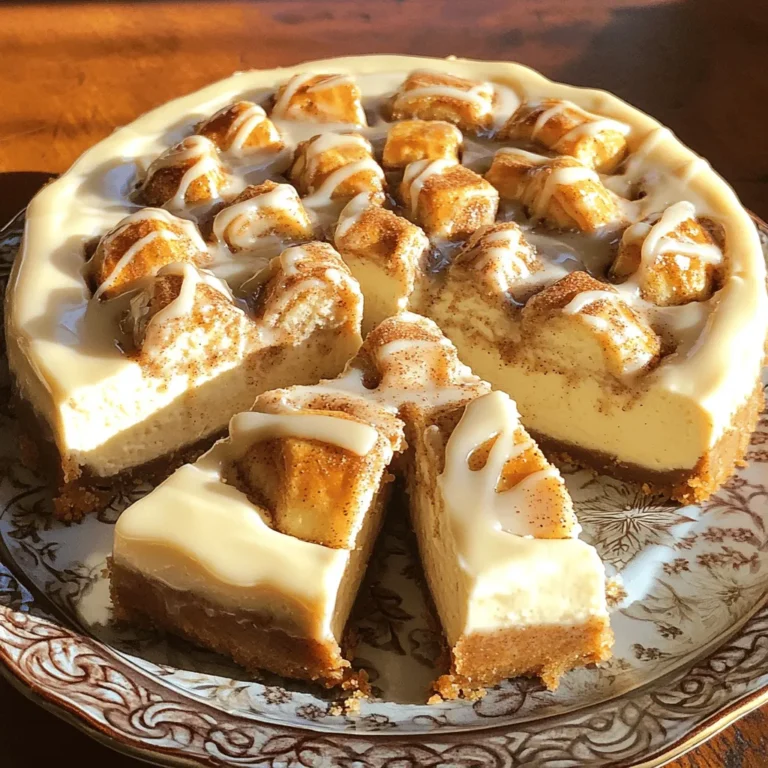 For the perfect Cinnamon Roll Cheesecake, gather these simple ingredients: - 1 (8 oz) package cream cheese, softened - 1 cup sour cream - 1 cup granulated sugar - 2 large eggs - 1 teaspoon vanilla extract - 1 teaspoon ground cinnamon - 1 pre-packaged cinnamon roll dough (usually comes with icing) - 1 cup graham cracker crumbs - 1/4 cup unsalted butter, melted - 1/4 cup brown sugar You can add a twist with these optional ingredients: - Chopped nuts, like pecans or walnuts - A splash of maple syrup for added sweetness - Cream cheese frosting for a richer topping To make this cheesecake, you will need: - A 9-inch springform pan - Mixing bowls in different sizes - A hand mixer or stand mixer - Measuring cups and spoons - A spatula for mixing and layering - An oven for baking Using the right tools makes the process easier. Gather your ingredients and equipment before you start. This will help you stay organized and make baking fun! For a complete recipe, check out the Full Recipe. To start, gather all your ingredients. You need cream cheese, sour cream, sugar, and cinnamon roll dough. Have your graham cracker crumbs ready too. Let's preheat the oven to 350°F (175°C). Grease your 9-inch springform pan to prevent sticking. 1. Make the Crust: In a bowl, mix the graham cracker crumbs, melted butter, and brown sugar. Press this mixture into the bottom of the springform pan. Make sure it is even and firm. 2. Cinnamon Rolls Preparation: Open the cinnamon roll dough. Cut each roll into quarters and set the icing aside. 3. Prepare the Cheesecake Filling: In a large bowl, beat the softened cream cheese until smooth. Add the sour cream, granulated sugar, eggs, vanilla, and cinnamon. Mix until creamy. 4. Layering: Pour half of the cheesecake mixture over the crust. Sprinkle half of the quartered cinnamon rolls on top. Pour the rest of the cheesecake batter over this layer. Add the remaining cinnamon roll pieces on top. 5. Bake: Place your cheesecake in the oven. Bake for 50-60 minutes. The edges should be set, but the center can jiggle slightly. Once baked, turn off the oven. Crack the door open and let the cheesecake cool for about 1 hour. After that, refrigerate it for at least 4 hours, or overnight for the best taste. Before serving, drizzle the reserved icing over the top. This adds sweetness and a nice glaze. For a beautiful presentation, slice the cheesecake into wedges. A sprinkle of cinnamon or whipped cream on each slice makes it even better. When making cinnamon roll cheesecake, avoid overmixing the batter. This can lead to a dense texture. Don't skip cooling the cheesecake in the oven after baking. This step helps prevent cracks. Also, make sure your cream cheese is softened. Cold cream cheese can create lumps in the filling. To get a smooth cheesecake, mix the cream cheese first before adding other ingredients. Use room-temperature eggs for better mixing. When layering the cinnamon rolls, distribute them evenly. This ensures every bite has that delicious cinnamon flavor. Always check for doneness by gently shaking the pan. If the center jiggles slightly, it's perfect. For added flavor, consider mixing in chocolate chips or nuts with the cinnamon rolls. You can also sprinkle a bit of nutmeg for warmth. To boost texture, try adding a layer of sliced apples or pears beneath the cheesecake batter. This adds a nice fruity twist and moisture. Lastly, serve with a dollop of fresh whipped cream for that dreamy finish. {{image_2}} You can change the taste of your cinnamon roll cheesecake easily. For a nutty twist, add chopped pecans or walnuts to the filling. You can also mix in some chocolate chips for a sweet surprise. If you love caramel, swirl in some caramel sauce before baking. These small changes can make your cheesecake even more special. While the graham cracker crust works great, you have other choices too. A chocolate cookie crust can add a rich flavor. For a healthier option, try using almond flour or oats to make a crust. You can even use crushed pretzels for a salty-sweet mix. Each crust brings a unique taste to your cheesecake. If you need a gluten-free version, use gluten-free graham crackers or almond flour for the crust. For a dairy-free option, substitute cream cheese with a dairy-free cream cheese alternative. Use coconut milk or almond milk instead of sour cream. These swaps keep the flavor while fitting different diets. To keep your cinnamon roll cheesecake fresh, wrap it well. Use plastic wrap or aluminum foil. Place it in an airtight container. Store it in the fridge for up to five days. This helps maintain its creamy texture and flavor. If you cut pieces, cover the exposed parts too. You can freeze cinnamon roll cheesecake for longer storage. First, let it cool completely. Then, slice it into portions if you like. Wrap each piece in plastic wrap. Place the wrapped slices in a freezer bag or container. It can last in the freezer for up to three months. Just remember to label it with the date. When you're ready to eat the frozen cheesecake, take it out of the freezer. Move it to the fridge to thaw overnight. This method keeps it from getting soggy. If you want to heat it, use a microwave. Heat it in short bursts at medium power. This keeps the cheesecake from getting too hot or losing its texture. Enjoy your delicious treat anytime! Cinnamon Roll Cheesecake lasts about 5 to 7 days in the fridge. Keep it in an airtight container. This helps prevent it from drying out and losing flavor. After a few days, the texture may change slightly, but it will still be tasty. Always check for any signs of spoilage before eating. Yes, you can make this cheesecake ahead of time. It’s perfect for parties or special events. I recommend preparing it the day before you plan to serve it. This allows the flavors to meld and the cheesecake to set properly. Just refrigerate it overnight for the best taste and texture. Yes, you can make a dairy-free version of this cheesecake. Use dairy-free cream cheese and sour cream. These products work well as substitutes. Also, check for dairy-free cinnamon roll dough. Just make sure the brands you choose fit your dietary needs. With these swaps, you can enjoy a delicious treat without dairy! You now have a complete guide to making a great Cinnamon Roll Cheesecake. We covered the key ingredients and tools you need. Next, we went through the step-by-step baking process, including cooling and serving. I shared tips to avoid common mistakes and enhance the flavor. You can also explore fun variations and smart storage tips. Remember, practice makes perfect! Enjoy your cheesecake and impress your friends and family. Keep experimenting, and have fun in your kitchen!