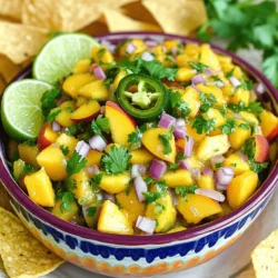 - Peaches and Mangoes: Use 2 ripe peaches and 1 ripe mango. These fruits give the salsa a sweet and juicy base. Dice them into small pieces for easy snacking. - Red Onion and Jalapeño: Add 1/4 red onion, finely chopped, and 1 jalapeño, deseeded and minced. These add a nice crunch and a kick of heat. Adjust the jalapeño amount based on your spice preference. - Herbs and Seasoning: Include 1/4 cup fresh cilantro, chopped, and the juice of 1 lime. This adds freshness and bright flavor. Season with salt and pepper to taste. - Honey or Agave Syrup: You can add 1 tablespoon of honey or agave syrup for extra sweetness. This is great if your fruits are not fully ripe. - Additional Spices: Consider adding a pinch of cumin or chili powder for extra depth. These spices can change the flavor profile nicely. - Best Pairings for Serving: Serve this salsa with grilled chicken, fish tacos, or as a topping for nachos. It works great as a side with many meals. - Ideal Dipping Options: Tortilla chips are the perfect match for this salsa. You can also try it with pita chips or fresh veggies for a healthy snack. For the full recipe, check out the Peachy Mango Salsa . Dicing the Fruits First, grab your ripe peaches and mangoes. Make sure they are soft but not mushy. Use a sharp knife to cut them into small cubes. Aim for uniform pieces. This helps with even mixing later. Fresh fruits give the best flavor to the salsa. Chopping the Onion and Jalapeño Next, take your red onion. Chop it finely for a strong flavor. Then, grab a jalapeño. Cut it in half and remove the seeds. This reduces the heat. Mince the jalapeño into small pieces. Adjust the amount based on your spice level. Combining Ingredients in the Bowl In a mixing bowl, combine your diced peaches and mangoes. Add the chopped onion and minced jalapeño. Toss in the chopped cilantro for freshness. Squeeze in the lime juice for a zesty kick. If you like, drizzle one tablespoon of honey for extra sweetness. Adjusting Flavor Profiles Gently mix all the ingredients together. Be careful not to mash the fruits. Taste the salsa and add salt and pepper as needed. This step is key. You want a balance of sweet, spicy, and tangy flavors. Importance of Marinating Time Let the salsa sit for at least 30 minutes. This allows the flavors to meld together. The waiting time enhances the taste. Presentation Tips Serve the salsa in a colorful bowl. Add some tortilla chips on the side for dipping. Garnish with extra cilantro leaves and lime wedges. This makes the dish look fresh and inviting. For the full recipe, check the link above. Choosing Ripe Fruits Select fruits that are soft but not mushy. Ripe peaches should have a slight give when pressed. For mangoes, look for a sweet aroma and a gentle squeeze. This ensures a sweet and juicy salsa. Adjusting Spice Levels Jalapeños can vary in heat. Start with a small amount and taste. You can always add more if you want heat. For a milder flavor, remove the seeds and ribs before chopping. Balancing Sweetness and Acidity The balance is key in salsa. You want a mix of sweet from the fruit and acidity from lime juice. Taste as you go, and adjust the lime juice and honey to find your perfect balance. Extra Ingredients for Variation Try adding diced bell peppers for a crunch. You can also mix in diced avocado for creaminess. These additions can change the flavor and texture of your salsa. Grilling Ingredients for a Smoky Flavor Grill peaches and mangoes before dicing. This adds a nice smoky flavor. The heat brings out the natural sugars, making the salsa even tastier. Chill Time for Better Taste Letting the salsa sit for at least 30 minutes is important. This allows the flavors to blend. The longer it sits, the tastier it gets, making it a great make-ahead option. {{image_2}} Classic Peach Mango Salsa This recipe shines with its fresh flavors. You get sweetness from ripe peaches and mangoes. The red onion adds crunch, while cilantro lifts the taste. The jalapeño brings a slight kick, but not too much. It's perfect for those who enjoy a mild salsa. Adding Heat with Extra Jalapeño Want more spice? Simply add more jalapeño! Dicing an extra pepper gives a real kick. You can also try using serrano peppers for a bolder flavor. Adjust the amount based on your heat preference. Just remember, more heat means more excitement in every bite! Incorporating Pineapple or Kiwi Mixing in pineapple or kiwi adds a fun twist. Pineapple brings tang and sweetness. Kiwi adds a unique texture and a pop of color. Just chop them finely, and mix them with the peaches and mangoes. You’ll have a colorful, flavorful salsa that surprises everyone! Alternative Fruits for Unique Twists Don't stop at just peaches and mangoes! Consider using strawberries or even blueberries. These fruits make the salsa sweet and vibrant. Experiment with your favorite fruits to find your perfect blend. Each fruit adds its own character to the mix. Summer Fruit Blend In summer, you can mix in berries and melons. Strawberries and watermelon make a fresh, fruity salsa. These fruits keep things light and fun. Serve this blend at summer barbecues to wow your guests! Winter Citrus Salsa During winter, try using citrus fruits like oranges and grapefruits. They add a bright, zesty flavor. This salsa feels refreshing and lively on cold days. Pair it with grilled fish or chicken for a tasty winter meal. For all these variations, you can follow the Full Recipe for guidance. Just remember to adjust the ingredients based on your favorites. Enjoy making your peach mango salsa unique! To keep your peach mango salsa fresh, store it in the fridge. Use an airtight container. This helps keep out air and moisture. Glass containers work well, but plastic ones are fine too. Make sure the lid fits snugly. Peach mango salsa lasts about 3 to 5 days in the fridge. Keep an eye on it and check for freshness. If you want to save it longer, you can freeze it. It can stay frozen for about 1 to 2 months. Just remember to thaw it in the fridge before serving. Look for changes in color or smell. If the salsa smells sour or looks slimy, do not eat it. Also, watch for mold. If you see any, throw the salsa away. Always use clean utensils to scoop out salsa. This helps keep it safe to eat. What Can I Serve with Peach Mango Salsa? You can serve peach mango salsa with many dishes. It pairs well with grilled chicken or fish. Use it as a topping for tacos or burritos. You can also enjoy it with tortilla chips for a tasty snack. Mixing it with cream cheese on a cracker makes a fun appetizer, too. How Long Does It Take to Make? Making peach mango salsa is quick. It takes about 15 minutes to chop the fruits and mix everything. Then, let it sit for 30 minutes to blend the flavors. In total, you need about 45 minutes for the whole process. Can I Use Canned Fruits? Yes, you can use canned fruits if fresh ones are not available. Just be sure to drain them well. Canned fruits may be sweeter, so taste the salsa before adding honey. Adjust the seasoning to balance the flavors. How to Make It Ahead of Time? You can prepare peach mango salsa a day in advance. Just store it in an airtight container in the fridge. The flavors will develop more, making it even tastier. Just remember to give it a gentle stir before serving. Caloric Content and Serving Size Peach mango salsa is low in calories. One serving, about 1/4 cup, has around 50 calories. This makes it a healthy choice for snacking or adding to meals. Health Benefits of Key Ingredients This salsa is packed with vitamins. Peaches and mangoes offer vitamin C, which boosts the immune system. Jalapeños add a kick and may help with metabolism. Fresh cilantro provides antioxidants that support overall health. Enjoy this fresh salsa for a tasty, healthy treat! Peach mango salsa is a fresh and tasty treat. We covered key ingredients, from peaches to jalapeños, and how to mix them perfectly. You learned about optional add-ins and the best ways to enjoy this dish. I shared useful tips for perfecting the flavor and highlighted storage methods to keep it fresh. Explore variations to suit your taste and season. Whether you serve it with chips or grilled meats, this salsa is sure to impress. Enjoy making this bright, flavorful dish at home!