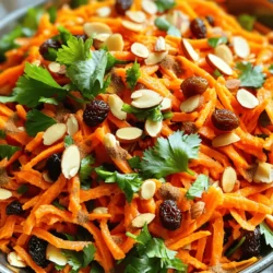 To make a great Moroccan spiced carrot salad, gather these key ingredients: - 4 large carrots, grated - 1/4 cup raisins - 1/4 cup slivered almonds, toasted - 1/4 cup fresh cilantro, chopped - 1/2 teaspoon ground cumin - 1/2 teaspoon ground cinnamon - 1/4 teaspoon cayenne pepper (adjust to taste) - Juice of 1 lemon - 2 tablespoons olive oil - Salt and pepper to taste These ingredients create a mix of sweet and savory flavors. The grated carrots add crunch, while the raisins give sweetness. The toasted almonds bring a nutty taste, and cilantro adds freshness. You can boost the salad's taste with a few optional items: - 1/4 cup chopped parsley - 1/2 teaspoon ginger, grated - A pinch of smoked paprika - A splash of orange juice Adding these can change the flavor profile. Ginger gives warmth, while smoked paprika adds depth. Parsley brings in a fresh note, and orange juice can enhance the sweetness. If you need to swap ingredients, here are some ideas: - Use shredded cabbage instead of carrots for a crunchier texture. - Swap raisins for chopped dates or dried apricots for a different sweetness. - Replace slivered almonds with walnuts or pecans for a nutty crunch. - Use lime juice instead of lemon juice for a zesty twist. These substitutions can help you customize the salad to your taste and what you have on hand. For the full recipe, check the detailed instructions to make this delightful dish. To make this salad, start by peeling your carrots. Choose four large carrots for the best flavor. Grate them using a box grater or a food processor. Once grated, place the carrots in a large mixing bowl. Next, add 1/4 cup of raisins to the bowl. The sweetness from the raisins complements the carrots well. Then, add 1/4 cup of slivered almonds that you have toasted. Toasting the almonds adds a nice crunch and rich flavor. Now, let’s make the dressing. In a small bowl, whisk together 1/2 teaspoon of ground cumin and 1/2 teaspoon of ground cinnamon. Add 1/4 teaspoon of cayenne pepper for some heat, but you can adjust this to your taste. Squeeze in the juice of one lemon and pour in 2 tablespoons of olive oil. Mix until smooth. Pour this dressing over your carrot mixture. Toss everything well to coat the carrots and the dry ingredients evenly. Don’t forget to season with salt and pepper according to your taste preferences. To let the flavors shine, allow the salad to rest. You can let it sit at room temperature for 15 minutes. If you have more time, refrigerate it for 30 minutes. This resting time helps the spices and the lemon juice blend well. Just before serving, gently fold in 1/4 cup of chopped fresh cilantro. This adds a fresh burst of flavor. For the best experience, serve the salad in a large, shallow bowl or on a platter. Garnish with extra cilantro leaves and a sprinkle of toasted almonds. Don’t forget, you can find the full recipe [here](#). When picking carrots, look for firm ones. The skin should be smooth and bright. Avoid any with soft spots or cracks. Fresh carrots feel heavy for their size. They should have nice green tops if they are still attached. This means they are fresh and full of flavor. You can change the spices to fit your taste. If you like it spicier, add more cayenne pepper. For a milder flavor, reduce the cayenne. You can try adding ground ginger for a warm kick. If you want it sweeter, toss in more raisins or a touch of honey. Always taste as you go. This way, you can find the perfect balance. Presentation makes meals more fun. Serve the salad in a big, shallow bowl. It looks nice and invites sharing. Sprinkle extra cilantro and toasted almonds on top. This adds color and crunch. If you want to impress, use a platter. Arrange the salad in a circle and garnish it well. For the full recipe, check out the link. Enjoy your beautiful dish! {{image_2}} You can change the flavor of your salad by adding different nuts or dried fruits. Try walnuts or pistachios for a crunchy twist. They add a nice texture. For dried fruits, consider cranberries or apricots. Each option brings a unique taste. You can mix and match to create your perfect blend. You can also add other veggies to your Moroccan spiced carrot salad. Bell peppers or cucumbers add a fresh crunch. Beets can add sweetness and a pop of color. Grate them or cut them into small pieces. This makes your salad even more colorful and tasty. Switching up the dressing can give your salad a new life. Instead of lemon juice, try orange juice for a sweeter taste. You can also add a splash of balsamic vinegar for a tangy kick. Experiment with different oils, like sesame or avocado oil. Each change can create a new experience while keeping the essence of the dish. For the complete recipe, refer to the Full Recipe. To keep your Moroccan spiced carrot salad fresh, store it in an airtight container. Use a glass or plastic container with a tight lid. This helps keep the flavors intact. Keep the salad in the fridge, away from strong-smelling foods. If possible, add the fresh cilantro just before serving. This keeps it bright and green. In the fridge, this salad lasts about 3 to 5 days. After that, the carrots may lose their crunch. You may also notice the flavors fade. Always check for any signs of spoilage before eating. If it looks or smells off, it’s better to throw it away. You can freeze this salad, but some ingredients may change in texture. To freeze, place the salad in a freezer-safe bag. Remove as much air as possible before sealing. It can last up to 3 months in the freezer. When you are ready to eat, thaw it in the fridge overnight. Enjoy it cold or at room temperature. Just remember, the fresh cilantro won’t freeze well, so add that fresh when you serve it again. Moroccan Spiced Carrot Salad comes from North Africa. It reflects the rich flavors of Moroccan cuisine. Carrots are a common vegetable in this region. They pair well with spices like cumin and cinnamon. The salad often features sweet elements, like raisins. This adds a lovely contrast to the spices. You can find this salad served in homes and restaurants across Morocco. Yes, you can make this salad ahead of time. It tastes even better after resting. The flavors blend and develop over time. I recommend making it a few hours before serving. Just store it in the fridge. Cover it tightly to keep it fresh. When you are ready to serve, give it a quick toss. Absolutely! This salad is great for meal prep. It holds up well in the fridge for several days. You can pack it in individual containers for easy lunches. Just remember to keep the cilantro separate if you plan to store it longer. Add it right before eating for the best flavor. For the full recipe, check out the details above. This article explored the essential and optional ingredients for Moroccan spiced carrot salad. I shared step-by-step instructions to make it easy for you to prepare. Tips on choosing fresh carrots and enhancing flavors help you create a great dish. You learned about variations, storage methods, and answers to common questions. This salad is flexible and full of flavor, making it a great choice for any meal. Try your twists to make it your own! Enjoy your cooking!