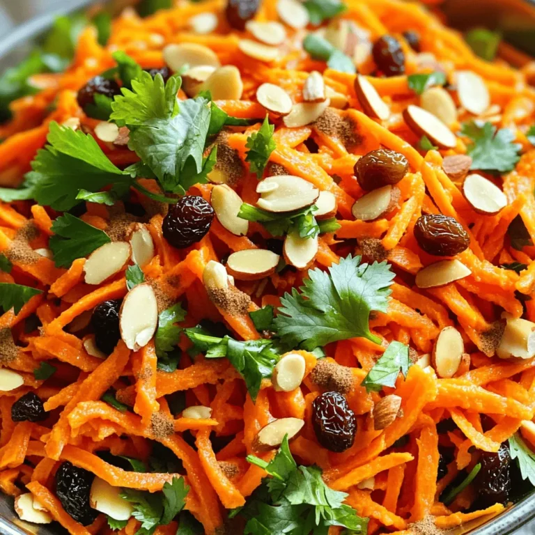 To make a great Moroccan spiced carrot salad, gather these key ingredients: - 4 large carrots, grated - 1/4 cup raisins - 1/4 cup slivered almonds, toasted - 1/4 cup fresh cilantro, chopped - 1/2 teaspoon ground cumin - 1/2 teaspoon ground cinnamon - 1/4 teaspoon cayenne pepper (adjust to taste) - Juice of 1 lemon - 2 tablespoons olive oil - Salt and pepper to taste These ingredients create a mix of sweet and savory flavors. The grated carrots add crunch, while the raisins give sweetness. The toasted almonds bring a nutty taste, and cilantro adds freshness. You can boost the salad's taste with a few optional items: - 1/4 cup chopped parsley - 1/2 teaspoon ginger, grated - A pinch of smoked paprika - A splash of orange juice Adding these can change the flavor profile. Ginger gives warmth, while smoked paprika adds depth. Parsley brings in a fresh note, and orange juice can enhance the sweetness. If you need to swap ingredients, here are some ideas: - Use shredded cabbage instead of carrots for a crunchier texture. - Swap raisins for chopped dates or dried apricots for a different sweetness. - Replace slivered almonds with walnuts or pecans for a nutty crunch. - Use lime juice instead of lemon juice for a zesty twist. These substitutions can help you customize the salad to your taste and what you have on hand. For the full recipe, check the detailed instructions to make this delightful dish. To make this salad, start by peeling your carrots. Choose four large carrots for the best flavor. Grate them using a box grater or a food processor. Once grated, place the carrots in a large mixing bowl. Next, add 1/4 cup of raisins to the bowl. The sweetness from the raisins complements the carrots well. Then, add 1/4 cup of slivered almonds that you have toasted. Toasting the almonds adds a nice crunch and rich flavor. Now, let’s make the dressing. In a small bowl, whisk together 1/2 teaspoon of ground cumin and 1/2 teaspoon of ground cinnamon. Add 1/4 teaspoon of cayenne pepper for some heat, but you can adjust this to your taste. Squeeze in the juice of one lemon and pour in 2 tablespoons of olive oil. Mix until smooth. Pour this dressing over your carrot mixture. Toss everything well to coat the carrots and the dry ingredients evenly. Don’t forget to season with salt and pepper according to your taste preferences. To let the flavors shine, allow the salad to rest. You can let it sit at room temperature for 15 minutes. If you have more time, refrigerate it for 30 minutes. This resting time helps the spices and the lemon juice blend well. Just before serving, gently fold in 1/4 cup of chopped fresh cilantro. This adds a fresh burst of flavor. For the best experience, serve the salad in a large, shallow bowl or on a platter. Garnish with extra cilantro leaves and a sprinkle of toasted almonds. Don’t forget, you can find the full recipe [here](#). When picking carrots, look for firm ones. The skin should be smooth and bright. Avoid any with soft spots or cracks. Fresh carrots feel heavy for their size. They should have nice green tops if they are still attached. This means they are fresh and full of flavor. You can change the spices to fit your taste. If you like it spicier, add more cayenne pepper. For a milder flavor, reduce the cayenne. You can try adding ground ginger for a warm kick. If you want it sweeter, toss in more raisins or a touch of honey. Always taste as you go. This way, you can find the perfect balance. Presentation makes meals more fun. Serve the salad in a big, shallow bowl. It looks nice and invites sharing. Sprinkle extra cilantro and toasted almonds on top. This adds color and crunch. If you want to impress, use a platter. Arrange the salad in a circle and garnish it well. For the full recipe, check out the link. Enjoy your beautiful dish! {{image_2}} You can change the flavor of your salad by adding different nuts or dried fruits. Try walnuts or pistachios for a crunchy twist. They add a nice texture. For dried fruits, consider cranberries or apricots. Each option brings a unique taste. You can mix and match to create your perfect blend. You can also add other veggies to your Moroccan spiced carrot salad. Bell peppers or cucumbers add a fresh crunch. Beets can add sweetness and a pop of color. Grate them or cut them into small pieces. This makes your salad even more colorful and tasty. Switching up the dressing can give your salad a new life. Instead of lemon juice, try orange juice for a sweeter taste. You can also add a splash of balsamic vinegar for a tangy kick. Experiment with different oils, like sesame or avocado oil. Each change can create a new experience while keeping the essence of the dish. For the complete recipe, refer to the Full Recipe. To keep your Moroccan spiced carrot salad fresh, store it in an airtight container. Use a glass or plastic container with a tight lid. This helps keep the flavors intact. Keep the salad in the fridge, away from strong-smelling foods. If possible, add the fresh cilantro just before serving. This keeps it bright and green. In the fridge, this salad lasts about 3 to 5 days. After that, the carrots may lose their crunch. You may also notice the flavors fade. Always check for any signs of spoilage before eating. If it looks or smells off, it’s better to throw it away. You can freeze this salad, but some ingredients may change in texture. To freeze, place the salad in a freezer-safe bag. Remove as much air as possible before sealing. It can last up to 3 months in the freezer. When you are ready to eat, thaw it in the fridge overnight. Enjoy it cold or at room temperature. Just remember, the fresh cilantro won’t freeze well, so add that fresh when you serve it again. Moroccan Spiced Carrot Salad comes from North Africa. It reflects the rich flavors of Moroccan cuisine. Carrots are a common vegetable in this region. They pair well with spices like cumin and cinnamon. The salad often features sweet elements, like raisins. This adds a lovely contrast to the spices. You can find this salad served in homes and restaurants across Morocco. Yes, you can make this salad ahead of time. It tastes even better after resting. The flavors blend and develop over time. I recommend making it a few hours before serving. Just store it in the fridge. Cover it tightly to keep it fresh. When you are ready to serve, give it a quick toss. Absolutely! This salad is great for meal prep. It holds up well in the fridge for several days. You can pack it in individual containers for easy lunches. Just remember to keep the cilantro separate if you plan to store it longer. Add it right before eating for the best flavor. For the full recipe, check out the details above. This article explored the essential and optional ingredients for Moroccan spiced carrot salad. I shared step-by-step instructions to make it easy for you to prepare. Tips on choosing fresh carrots and enhancing flavors help you create a great dish. You learned about variations, storage methods, and answers to common questions. This salad is flexible and full of flavor, making it a great choice for any meal. Try your twists to make it your own! Enjoy your cooking!