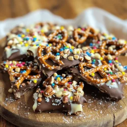 - 1 cup mini pretzels - 2 cups milk chocolate chips - 1 cup white chocolate chips - 1/2 cup chopped nuts (almonds or pecans) - 1/4 cup sprinkles (optional) - Sea salt for sprinkling The main ingredients create a sweet and salty treat. Mini pretzels add crunch and salt. Milk chocolate chips bring a rich, creamy flavor. White chocolate chips add a sweet contrast. Chopped nuts give extra texture. You can add sprinkles for fun colors or a hint of sea salt for balance. For this bark, use high-quality chocolate for the best taste. I recommend brands like Ghirardelli or Guittard. They melt well and have great flavor. For nuts, choose fresh almonds or pecans. They give a nutty taste that pairs well with chocolate. Fresh nuts also add a nice crunch. If you need gluten-free options, look for gluten-free pretzels. Many brands offer this choice. For dairy-free chocolate, use dark chocolate or vegan chocolate chips. These options will keep your bark tasty and suitable for everyone. Always check labels to ensure they meet your dietary needs. Start by lining a baking sheet with parchment paper. This helps the bark come off easily. It also makes cleaning up a breeze. If you don’t have parchment paper, you can use wax paper or a silicone mat instead. Both can work well in this case. For melting chocolate, I recommend using a microwave-safe bowl. Heat the milk chocolate chips in short bursts of 30 seconds. Stir well between each burst. This helps prevent hot spots that can seize the chocolate. If you see any lumps, keep stirring! For white chocolate, follow the same method. It can melt quickly, so watch it closely. Once your milk chocolate is smooth, pour it onto your lined baking sheet. Spread it out evenly into a rectangle, about 1/4 inch thick. Next, take your mini pretzels and arrange them on top. Press them down gently so they stick. This creates a nice base for your bark. To set the chocolate, place the baking sheet in the fridge for about 30 minutes. This helps it harden properly. Once it is firm, take it out and break the bark into pieces. You can use your hands or a knife for this. Enjoy your sweet creation or serve it to friends! Remember, you can find the full recipe above for all the steps. To melt chocolate well, control the heat. Use a microwave or a double boiler. If using a microwave, heat in 30-second bursts. Stir the chocolate between bursts. This method keeps the chocolate smooth and avoids burning. Watch the chocolate closely. Grainy chocolate ruins the look and taste. To avoid this, keep water away from the chocolate. Even a drop can cause it to seize. If your chocolate seizes, add a little vegetable oil. Stir until it smooths out. Sprinkles add color and fun to your bark. You can use colorful sprinkles, or even crushed candies to match any theme. Spread them evenly over the melted chocolate. This makes the treat pop visually. For more flavor, try adding nuts, dried fruit, or crushed cookies. Each topping gives a unique twist. Almonds or pecans add crunch, while dried fruit adds sweetness. Get creative and mix your favorite toppings! Serve the chocolate-covered pretzel bark on a pretty plate or a wooden board. This enhances the treat's appeal. If you're gifting it, use clear bags. Tie the bags with a ribbon for a lovely touch. You can also use small boxes for a more polished look. Fill them with bark and add a note. This makes the gift feel extra special. With these ideas, your bark will not only taste great but look great too! {{image_2}} You can add a fun twist to your chocolate covered pretzel bark. Drizzling caramel or peanut butter over the top makes it even better. The sweet and salty mix is hard to resist. You can also throw in some dried fruits. Dried cranberries or cherries add a nice touch of sweetness. These flavors will make your bark unique and tasty. If you need nut-free options, skip the nuts. You can top it with seeds or just leave it plain. This way, everyone can enjoy it safely. For those who prefer vegan treats, use vegan chocolate instead. Many brands offer great tasting options that melt well. This keeps your bark delicious and inclusive. You can make your bark festive for any holiday. Use red and green sprinkles for Christmas or pastel colors for Easter. You can even customize it for themed parties. For a birthday, add colorful candies or themed toppings. This way, your chocolate covered pretzel bark becomes a fun treat for every occasion. To keep your chocolate covered pretzel bark fresh, use an airtight container. A glass or plastic container works great. Make sure it is clean and dry before placing the bark inside. Avoid using metal containers, as they can affect the taste. Store the container in a cool, dry place. The ideal temperature is around 65-70°F (18-21°C). Avoid humidity, as it can cause the chocolate to become sticky and lose its shine. When stored properly, your chocolate bark can last up to two weeks. If you want to keep it longer, you can freeze it. In the freezer, it can last up to three months. Watch for signs of spoilage. If you see white spots, this is called "bloom." It happens when chocolate gets too warm and then cools again. Though it may not taste bad, it affects the look. If you notice any off smells or a change in texture, it’s best to toss it out. Enjoy your treat while it’s fresh! Yes, you can use dark chocolate. Dark chocolate has a rich flavor and less sugar. It pairs well with the salty pretzels. If you want a deep taste, dark chocolate is the way to go. It also adds a nice contrast to the sweetness of the white chocolate. Plus, dark chocolate has health benefits. It contains antioxidants and may boost mood. The microwave method is quick and easy. Use a microwave-safe bowl and heat chocolate in short bursts. Stir after each burst to prevent burning. This method works well for small amounts. A double boiler is great for larger batches. Place a heatproof bowl over simmering water. Stir the chocolate as it melts. Both methods work, but the double boiler helps keep the heat steady. Yes, you can make this treat ahead of time. It stores well in an airtight container. Just keep it in a cool, dry place. If you plan for a party, make it a day or two early. This way, you can focus on other tasks. You can also wrap individual pieces for gifts. Everyone loves homemade treats, and they stay fresh for a week or more. You learned how to make delicious chocolate-covered pretzel bark. We covered the main ingredients you need and the best ways to prepare each layer. I also shared tips for melting chocolate and making fun variations. With storage tips, you can keep your bark fresh longer. Get creative with flavors and add festive touches for any occasion. Enjoy your tasty treat or gift it to someone special. This bark is sure to impress!